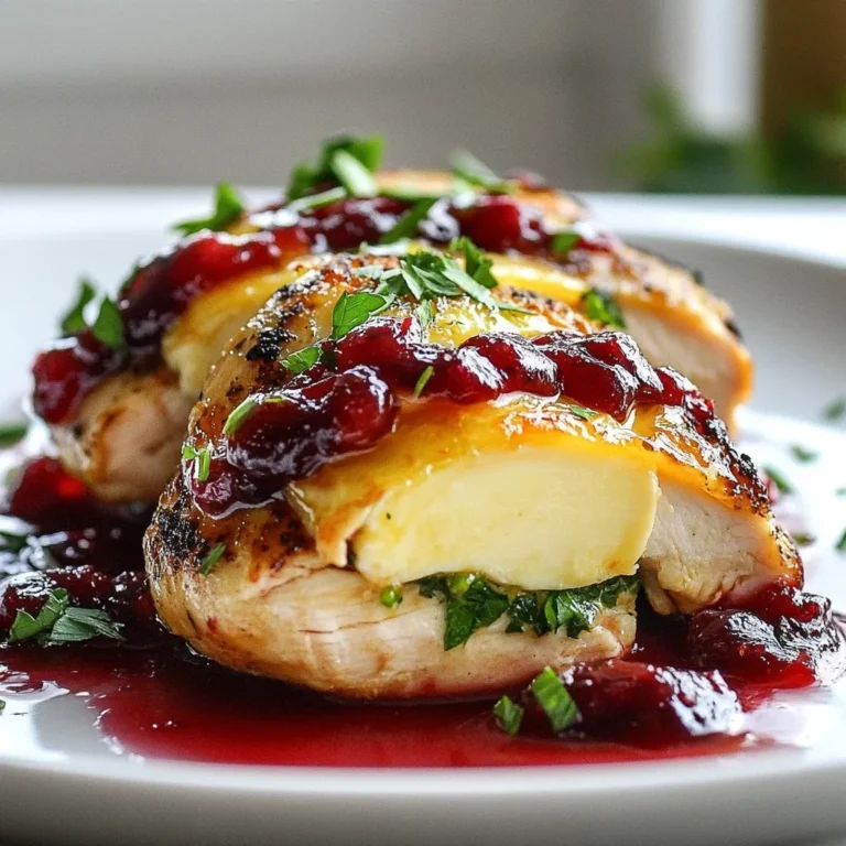 To make this tasty dish, you will need: - 4 boneless, skinless chicken breasts - 4 ounces brie cheese, rind removed and sliced - 1 cup cranberry sauce (homemade or store-bought for convenience) - 1 teaspoon garlic powder - 1 teaspoon dried thyme - 1 teaspoon salt - ½ teaspoon black pepper - 2 tablespoons extra-virgin olive oil - 1 cup fresh spinach (optional for added nutrition and color) - 1 tablespoon fresh parsley, finely chopped (for garnish) You can swap some ingredients based on your taste or what you have on hand. - Chicken Breasts: Use chicken thighs for more flavor and moisture. - Brie Cheese: Try cream cheese or goat cheese for a different taste. - Cranberry Sauce: Substitute with apple butter for a sweeter option. - Spinach: You can replace spinach with kale or arugula for variety. - Olive Oil: Use butter or avocado oil for different flavors while cooking. To boost nutrition, consider adding: - Fresh spinach: This adds vitamins and a nice color. - Mushrooms: Sauté some mushrooms for an earthy flavor. - Nuts: Chopped walnuts or almonds can add a crunchy texture. - Sun-dried tomatoes: These add a tangy taste and more nutrients. These options let you customize the dish to your liking while keeping it healthy and delicious. {{ingredient_image_2}} First, preheat your oven to 375°F (190°C). This step is key for even cooking. While the oven heats, take your chicken breasts. Place them between two sheets of plastic wrap or parchment paper. Using a meat mallet or rolling pin, gently pound the chicken to about ½ inch thick. This helps the chicken cook evenly and makes stuffing easier. In a small mixing bowl, combine the garlic powder, dried thyme, salt, and black pepper. Use your hands to rub this mix onto both sides of each chicken breast. This seasoning gives the chicken great flavor. On one half of each chicken breast, layer the sliced brie cheese. Add a spoonful of cranberry sauce on top. If you want extra color and nutrition, add fresh spinach too. Now, heat two tablespoons of extra-virgin olive oil in a large oven-proof skillet over medium-high heat. Once hot, place the stuffed chicken breasts in the skillet. Sear them for about 3-4 minutes on each side until they turn golden brown. After searing, transfer the skillet to your preheated oven. Bake the chicken for 20-25 minutes, or until the internal temperature reaches 165°F (75°C). This ensures the chicken is safe to eat. Once done, let the chicken rest for about 5 minutes before serving. This resting time helps keep the chicken juicy. Before serving, sprinkle fresh parsley on top for a lovely finish. To keep the chicken juicy, start with good quality meat. Choose fresh, boneless, skinless chicken breasts. Pounding the chicken to an even thickness helps it cook evenly. After cooking, let it rest for five minutes. This step makes the juices settle back in, keeping each bite moist. You can also add a bit of olive oil to the chicken before cooking. This extra fat helps lock in flavor and moisture. When stuffing chicken, don’t overfill it. Too much stuffing can cause the chicken to burst open. Use about two tablespoons of cranberry sauce and a few slices of brie per breast. Fold the chicken over gently to create a pocket. If needed, secure the edges with toothpicks. This keeps the filling inside during cooking, so you get that burst of flavor when you cut into it. One common mistake is cooking the chicken at too high a heat. This can brown the outside too quickly while leaving the inside raw. Aim for medium-high heat when searing, then transfer to the oven. Always use a meat thermometer to check for doneness. Chicken should reach 165°F (75°C) at its thickest part. Lastly, don't skip the resting time after cooking. This step is key for juicy, flavorful chicken. Pro Tips Use Fresh Ingredients: Fresh spinach and high-quality brie can elevate the flavor and texture of your dish. Always opt for the freshest ingredients available to enhance the overall taste. Properly Pound the Chicken: Evenly pounding the chicken breasts not only helps them cook uniformly but also makes them easier to stuff. Aim for a thickness of about ½ inch for the best results. Let the Chicken Rest: After baking, allowing the chicken to rest for about 5 minutes is crucial. This step ensures that the juices redistribute throughout the meat, resulting in a juicy and flavorful dish. Experiment with Fillings: Feel free to get creative with the stuffing! Adding nuts, herbs, or different types of cheese can bring new flavors and textures to your stuffed chicken. {{image_4}} You can swap brie cheese with other cheeses to change the taste. Try goat cheese for a tangy kick. Cream cheese gives a smooth and rich texture. For a sharper bite, use aged cheddar. Each cheese brings its own unique flavor. Mix and match based on what you like. To make a vegetarian version, skip the chicken. Use portobello mushrooms instead. These meaty caps can hold the stuffing well. Fill them with brie and cranberry sauce as before. You can also add spinach for nutrition. Bake them until they are tender and juicy. Pair your chicken with tasty sauces. A balsamic glaze adds sweetness and depth. A simple garlic butter sauce can also work wonders. As for sides, roasted vegetables are a great match. A light salad with mixed greens brings freshness. You can also serve the chicken on a bed of wild rice or quinoa for a complete meal. After enjoying your Cranberry Brie Stuffed Chicken, let the leftovers cool down. Place them in an airtight container. This keeps the chicken fresh and tasty. Store it in the fridge for up to three days. If you want to keep it longer, freezing is a great option. To reheat, preheat your oven to 350°F (175°C). Place the chicken in an oven-safe dish. Cover it with foil to keep it moist. Heat for about 15-20 minutes. This method helps keep the chicken juicy and warm. You can also use a microwave, but be careful. The chicken might dry out if heated too long. If you want to freeze the chicken, wrap each piece tightly in plastic wrap. Then, place the wrapped chicken in a freezer bag. Remove as much air as you can to prevent freezer burn. You can freeze it for up to three months. When ready to eat, thaw it in the fridge overnight before reheating. Enjoy your delicious meal again! I love serving this dish with roasted vegetables. They add color, flavor, and nutrients. You can try carrots, Brussels sprouts, or green beans. Another great option is a light salad. A simple mix of greens with a lemon vinaigrette works well. For something hearty, serve it on a bed of wild rice or quinoa. These sides balance the rich flavors of the chicken. Yes, you can prepare the stuffed chicken ahead of time. Stuff and sear the chicken, then store it in the fridge for up to a day. When you are ready to bake it, just follow the cooking steps. You may need to add a few extra minutes to the baking time if it’s cold. This makes dinner easy on busy nights. To check if the chicken is done, use a meat thermometer. The internal temperature should reach 165°F (75°C). Insert the thermometer into the thickest part of the chicken. If you don’t have a thermometer, cut into the chicken. The juices should run clear, and the meat should be white, not pink. Let the chicken rest for five minutes after baking for the best flavor. Cranberry Brie Stuffed Chicken combines rich flavors with a simple method. We covered ingredients, cooking steps, and variations. By adding alternative cheeses or vegetarian options, you can change the dish to fit your taste. Remember to store leftovers well and reheat properly for the best results. With these tips, you can impress anyone at your next meal. Enjoy your cooking journey and keep experimenting with flavors and techniques!
