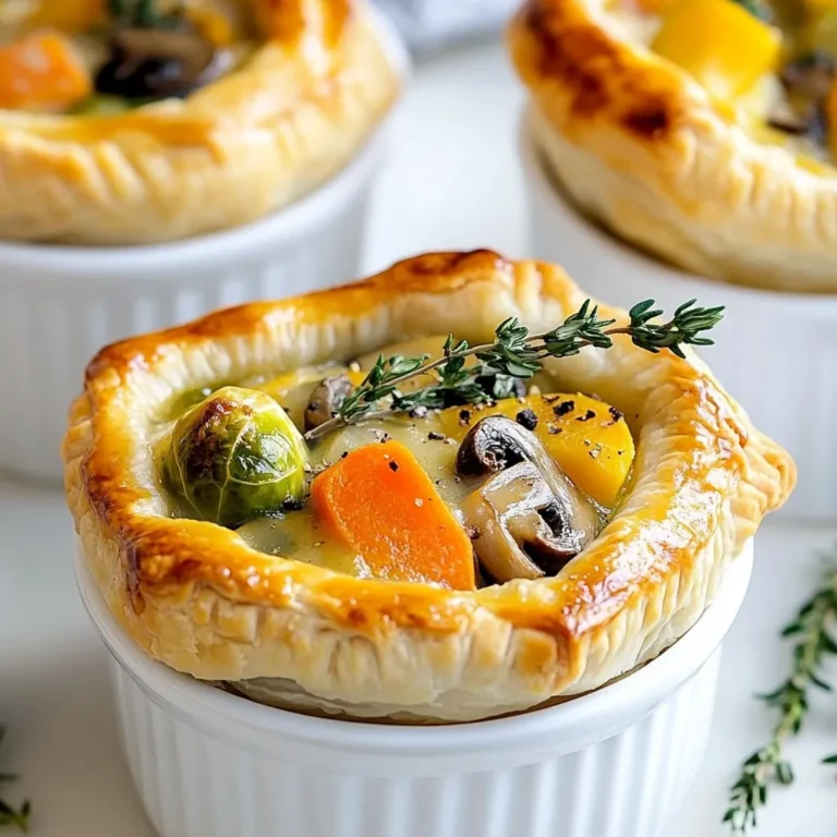 For a tasty autumn veggie pot pie, you need fresh vegetables that bring warmth. Here’s what to use: - 1 cup butternut squash, peeled and cubed - 1 cup carrots, peeled and sliced - 1 cup Brussels sprouts, halved - 1 cup mushrooms, cleaned and sliced - 1 medium onion, diced - 2 garlic cloves, minced These vegetables add great flavor and texture. The butternut squash gives a sweet taste. Carrots add crunch. Brussels sprouts offer a slight bitterness that balances well. Mushrooms provide earthiness, while onions and garlic add depth. Next, we need seasonings and liquids to enhance the dish. These are the key ingredients: - 2 cups vegetable broth - 1 cup heavy cream (or non-dairy milk for a vegan option) - 2 tablespoons olive oil - 1 tablespoon fresh thyme (or 1 teaspoon dried thyme) - 1 tablespoon fresh rosemary (or 1 teaspoon dried rosemary) - 2 tablespoons all-purpose flour - Salt and freshly ground black pepper to taste The vegetable broth is your base for flavor. Heavy cream makes the filling rich and creamy. Olive oil adds smoothness. Thyme and rosemary give a fresh, herbal note. Flour thickens the filling, while salt and pepper bring out the best in all the ingredients. Finally, let’s talk about the crust. A good crust makes the pot pie complete. Here are options: - 1 sheet of puff pastry (thawed) - 1 egg (or plant-based egg wash for a vegan option) for egg wash Puff pastry is easy to use and creates a flaky crust. The egg wash gives it a golden look when baked. If you want a vegan option, just use a plant-based egg wash. This helps you achieve that lovely shine without using eggs. By selecting these ingredients, you set the stage for a cozy, delicious dish that warms the heart. {{ingredient_image_2}} Start by heating olive oil in a large pot over medium heat. Add diced onion and minced garlic. Sauté these for about 3-4 minutes. You want the onion to look clear and smell great. Next, stir in the cubed butternut squash, sliced carrots, and halved Brussels sprouts. Cook these veggies for 5-7 minutes. They should soften a bit but still have some crunch. Now it’s time for the mushrooms. Add them along with fresh thyme and rosemary. Season with salt and black pepper. Sauté for another 3-4 minutes until the mushrooms are soft. Sprinkle flour over the veggies and mix well. Then, slowly pour in vegetable broth while stirring. Bring this mixture to a gentle simmer. Reduce the heat and stir in heavy cream (or non-dairy milk). Let it simmer for 5 more minutes until the filling thickens. Taste and adjust the seasonings if needed. Remove from heat and let it cool slightly for easier handling. Grab your ramekins or small pie dishes and spoon the veggie filling into them. Fill each dish about three-quarters full. This gives you a nice, hearty base. Next, roll out the thawed puff pastry on a floured surface. Cut out rounds that are a bit bigger than the ramekins. Carefully drape the pastry over each filled dish. Crimp the edges with your fingers or a fork to seal them well. Use a knife to make a small slit in the center. This lets steam escape while baking. Now, preheat your oven to 400°F (200°C). While it warms up, brush the pastry tops with egg wash (or plant-based egg wash). This adds a nice golden color when baked. Place the pot pies on a baking sheet. Slide them into the oven and bake for 25-30 minutes. You want the pastry to puff up and turn a beautiful golden brown. Once baked, let them cool slightly before serving. Enjoy the warm, cozy goodness of these autumn veggie pot pies! To get that perfect golden crust, start by preheating your oven to 400°F (200°C). This step is key for a nice rise. When you roll out the puff pastry, make sure it’s about an inch larger than the ramekins. This gives you room to crimp the edges. Brush the pastry with an egg wash or plant-based alternative. This adds a rich shine and helps it brown well. Keep an eye on your pies while they bake. You want them golden brown, not burnt! For extra flavor, try adding a dash of nutmeg or a pinch of smoked paprika. These spices bring warmth and depth to your filling. Fresh herbs like parsley or sage can also boost the taste. Add them right at the end of cooking to keep their flavor bright. You can even mix in some cheese for a creamy texture. Just remember to adjust your salt if you add salty cheese. One common mistake is not cooking the filling enough before baking. Make sure to sauté your veggies until they are just tender. This prevents a soggy crust. Another mistake is using too much flour in the filling. A light coating is all you need to thicken it. Lastly, don’t skip the vent in the pastry. If you forget this step, steam builds up, and your crust won’t puff up nicely. Pro Tips Choose Fresh Vegetables: Using fresh, seasonal vegetables will enhance the flavor and texture of your pot pies, making them more enjoyable. Customize the Filling: Feel free to add your favorite vegetables or even some cooked lentils or chickpeas for added protein and heartiness. Make Ahead: Prepare the filling a day in advance and refrigerate it. This not only saves time but also allows the flavors to deepen. Watch the Baking Time: Keep an eye on the pot pies while baking. Oven temperatures can vary, so remove them once the pastry is golden brown to avoid burning. {{image_4}} To make a vegan version of these pot pies, swap the heavy cream for non-dairy milk. Almond or coconut milk works well. Instead of using an egg wash, brush the pastry with a plant-based alternative. This maintains the golden finish without any animal products. For gluten-free pot pies, replace all-purpose flour with a gluten-free blend. You can also use gluten-free puff pastry. Be sure to check the labels to ensure no hidden gluten exists. This way, you can enjoy the same great taste without the gluten. Feel free to customize the veggie filling. If you don’t like Brussels sprouts, replace them with green beans or peas. Swap butternut squash for sweet potatoes for a sweeter taste. You can also use any mushrooms you have on hand. This recipe is flexible to fit your tastes and what’s in your kitchen. You can store leftover pot pies in the fridge. Place them in an airtight container. They will keep well for about 3 to 4 days. Make sure the pot pies are completely cool before sealing them. This helps keep them fresh and prevents sogginess. Freezing is a great option if you want to save some pot pies for later. Wrap each pie tightly in plastic wrap. Then, place them in a freezer bag or container. They can last for up to 2 months in the freezer. For best results, freeze them before baking. This way, you can enjoy fresh baked pies later. To reheat your pot pies, preheat your oven to 350°F (175°C). Remove the pot pie from the fridge or freezer. If frozen, let it thaw in the fridge overnight. Cover the pie with foil to keep the crust from burning. Bake for 20-30 minutes if thawed, or 40-50 minutes if frozen. Check that the filling is hot before serving. Enjoy your cozy meal! Yes, you can use frozen vegetables. They save time and still taste good. Just remember to thaw and drain them before adding to your pot pies. This helps avoid excess moisture in the filling. To make a dairy-free pot pie, swap heavy cream for non-dairy milk. You can use almond, soy, or oat milk. Follow the same steps for the filling. The flavors will still shine through, and you won’t miss the dairy. Reheating pot pies is simple. Preheat your oven to 350°F (175°C). Place the pot pies on a baking sheet and cover with foil. Heat for about 15-20 minutes, or until warm. This keeps the crust crisp while warming the filling. Enjoy your cozy meal! Autumn veggie pot pies are a warm, cozy dish. We discussed fresh vegetables, seasonings, and pie crust options to build your perfect pot pie. I shared step-by-step instructions to ensure your success in the kitchen. Remember the tips for a golden crust and avoid common mistakes. Explore variations for dietary needs or swaps based on your taste. With proper storage and reheating, your pot pies will always be ready to enjoy. Try this delightful recipe, and make each bite a comforting experience!