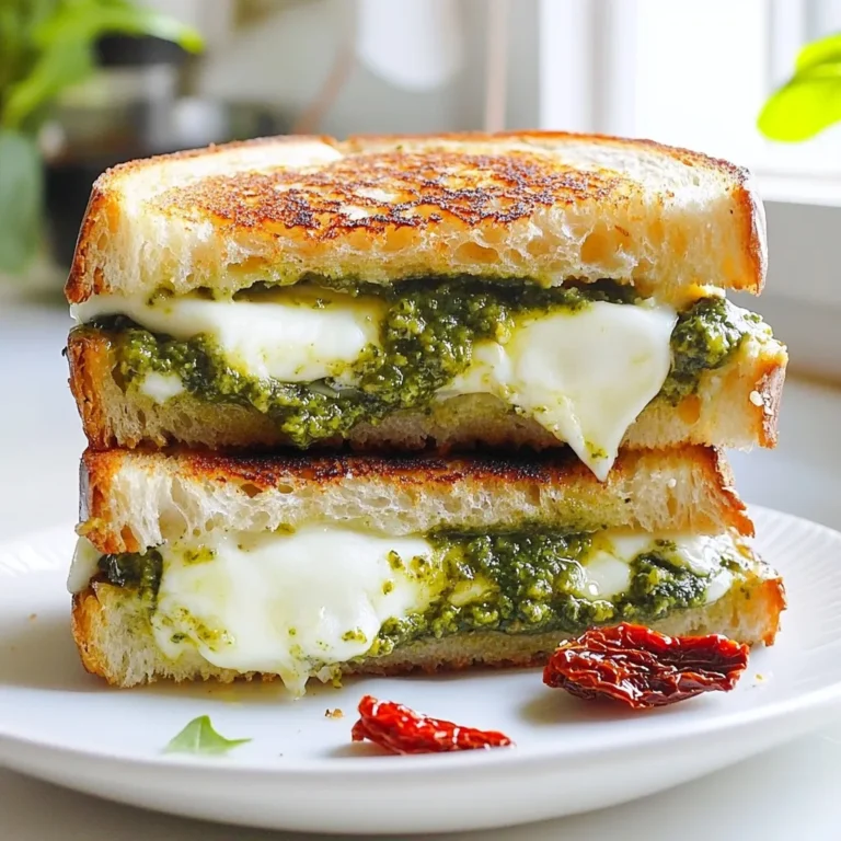 - 4 slices of artisanal sourdough bread - 1 cup of fresh basil pesto - 6 ounces of fresh mozzarella cheese, shredded - 2 ounces of creamy goat cheese, crumbled - 1/4 cup of sun-dried tomatoes, chopped - 2 tablespoons of extra-virgin olive oil - Salt and freshly cracked black pepper Best types of bread for grilling: I love using artisanal sourdough. It has a nice crust and chewy inside. You want bread that can hold the filling and toast well. Homemade vs. store-bought pesto: Homemade pesto shines with fresh herbs and bright flavors. If you're short on time, store-bought pesto works fine. Just make sure it’s fresh and high quality. Choosing the right cheese: Fresh mozzarella melts beautifully and gives a creamy texture. Goat cheese adds a tangy bite that balances the flavors. Look for soft, creamy options for the best results. {{ingredient_image_2}} Start by spreading a thick layer of basil pesto on one side of each slice of sourdough bread. Use a knife to make sure the pesto is even. This step is key for great flavor. The pesto brings a fresh taste that pairs well with the cheese. If you skip this, the sandwich won't have that burst of flavor. In a bowl, mix the shredded mozzarella, crumbled goat cheese, and chopped sun-dried tomatoes. Add a sprinkle of salt and black pepper. You can adjust the seasoning to your taste. This cheese mixture makes the sandwich creamy and rich. The sun-dried tomatoes add a sweet, tangy layer that enhances the flavors. First, heat a large skillet over medium heat. Pour in the olive oil and wait until it shimmers; that means it's ready. Place your sandwiches in the skillet, pesto side down. Cook for about 3-4 minutes. Check for a golden brown color on the bottom. This is your sign to flip the sandwiches. After you flip them, cook for another 3-4 minutes. Press down gently with a spatula to ensure an even crisp. This helps the cheese melt perfectly inside. Once both sides are golden brown and the cheese is melted, remove the sandwiches from the skillet. Let them rest for a minute to help the cheese settle. Finally, cut each sandwich diagonally for a nice look and serve hot. Enjoy your delicious creation! To get that perfect crispy crust, you need the right skillet. A heavy cast-iron skillet works best. It heats evenly and gives a great sear. Next, use extra-virgin olive oil for cooking. It adds flavor and helps achieve a golden look. Cook your sandwiches over medium heat. This allows the bread to crisp up without burning. Keep an eye on them. In about 3 to 4 minutes, check the bottom. You want it golden brown before flipping. To take your pesto grilled cheese to the next level, try adding more herbs. A bit of garlic powder or crushed red pepper can really boost the taste. Fresh herbs like thyme or oregano can add a nice touch. Experimenting with different cheeses is fun, too. While mozzarella is a classic, try adding sharp cheddar or creamy brie. Each cheese will change the flavor and texture. Don’t be afraid to mix and match! Pro Tips Use Fresh Ingredients: Using fresh basil, high-quality cheese, and good olive oil will elevate the flavors of your grilled cheese. Don't Rush the Cooking: Cooking at medium heat allows the bread to crisp up nicely without burning while the cheese melts perfectly. Experiment with Cheese: Try different cheese combinations like fontina or gouda for a unique twist on this classic dish. Keep It Simple: Pairing your sandwich with a simple side like fresh salad or tomato soup enhances the experience without overwhelming the flavors. {{image_4}} You can enhance your pesto grilled cheese by adding proteins. Grilled chicken or turkey work great in this sandwich. Simply slice the cooked chicken or turkey and layer it with the cheese mixture. This addition gives your sandwich a hearty feel and boosts its flavor. You might also try adding slices of prosciutto for a salty kick. If you prefer a vegetarian option, try adding other vegetables. Spinach, roasted red peppers, or artichokes can bring fresh tastes. These veggies add color and crunch to your sandwich. You can sauté them lightly in olive oil before adding them to the cheese mixture. This extra step enhances their flavor and makes them tender. The type of bread you choose can change your pesto grilled cheese. Sourdough is classic, but you can use rye or whole grain bread for a twist. Gluten-free bread is also an option for those with dietary needs. Each type of bread brings its own unique taste and texture. Remember, a thicker slice holds more filling and adds to the sandwich's crunch. To keep your pesto grilled cheese fresh, wrap each sandwich in foil. This keeps them from drying out. Place the wrapped sandwiches in an airtight container or a resealable bag. Store them in the fridge for up to three days. If you want to keep them longer, freeze the sandwiches. When freezing, wrap them tightly in plastic wrap before putting them in a freezer bag. They can last up to three months in the freezer. When you are ready to enjoy leftovers, reheating correctly is key. The oven is the best choice to keep your sandwich crispy. Preheat your oven to 350°F (175°C). Unwrap the sandwich and place it on a baking sheet. Heat it for about 10 minutes, or until the cheese melts and the bread is hot. If you want a quick option, use a skillet. Heat a little olive oil over medium heat. Add the sandwich and cook for about 3 minutes on each side, watching for that golden crust. This way, you keep the sandwich crispy and tasty. Yes, you can make this sandwich without cheese. Many people use dairy-free cheese alternatives. Options include cashew cheese, almond cheese, or soy cheese. These choices melt well and taste great. You can also add extra pesto for creaminess. Making pesto is easy and fun! Here’s a simple homemade pesto recipe: - 2 cups fresh basil leaves - 1/2 cup olive oil - 1/4 cup pine nuts - 2 cloves garlic - 1/2 cup grated Parmesan cheese - Salt to taste 1. Combine basil, pine nuts, garlic, and salt in a food processor. 2. Pulse until blended. 3. Slowly add olive oil while blending until smooth. 4. Stir in Parmesan cheese. Now you have fresh pesto to use in your grilled cheese! Pesto grilled cheese pairs well with many sides. Here are some ideas: - A fresh garden salad with light dressing - Tomato soup for dipping - Crispy potato chips for crunch - Roasted vegetables for a healthy touch These sides make your meal feel complete and delicious! This blog post covered how to make a delicious pesto grilled cheese. We explored key ingredients like artisanal sourdough and fresh cheeses. I shared tips for choosing the best quality items and detailed step-by-step instructions. We also discussed ways to achieve a crispy crust and enhance flavors. Finally, we looked at fun variations and storage tips. Now, you're ready to create your perfect sandwich. Enjoy experimenting and savoring each bite!