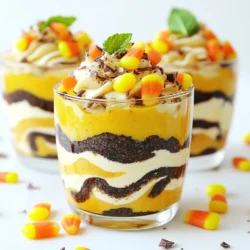 - 1 cup pumpkin puree - 1 cup cream cheese, softened to room temperature - 1 cup powdered sugar - 1 teaspoon vanilla extract - 1 cup heavy whipping cream - 1 package (14 oz) chocolate sandwich cookies, finely crushed - 1 cup gummy worms - 1 cup candy corn (optional) - Fresh mint leaves for garnish (optional) Using fresh pumpkin puree gives your dessert a rich taste. It also has a vibrant color that makes your cups look great. Fresh pumpkin has more nutrition than canned. However, canned pumpkin is a good choice for convenience. Look for 100% pumpkin, not pumpkin pie filling. It saves time without losing too much flavor. For the best flavor, I recommend using Oreos. They have a classic taste that kids and adults love. Other good options include Trader Joe’s Joe-Joe’s or Hydrox cookies. These brands work well for crushing and layering. The crunchiness adds a nice texture to your dirt cups. {{ingredient_image_2}} Start by getting a large mixing bowl. Add 1 cup of pumpkin puree. Next, add 1 cup of softened cream cheese. Then, mix in 1 cup of powdered sugar and 1 teaspoon of vanilla extract. Use an electric mixer to beat this mixture on medium speed. Keep mixing until it is smooth and fluffy, which takes about 2-3 minutes. This base gives your cups that rich pumpkin flavor. In a separate bowl, pour in 1 cup of heavy whipping cream. Use a whisk or an electric mixer to whip the cream. You want to whip it until you see stiff peaks. This should take about 3-5 minutes. Stiff peaks mean the cream stands up and doesn’t fall. This step is key for a light texture in your dessert. Start layering your cups or small jars. Add a generous layer of crushed chocolate cookies at the bottom. This layer acts as the dirt foundation. Next, spread a layer of the creamy pumpkin mixture over the cookies. Make sure you cover them completely. This step gives a great mix of flavors. Repeat the layers. Add another layer of crushed cookies, followed by another layer of pumpkin mixture. For the final touch, top the last layer with more crushed cookies. This makes it look like dirt. For fun, take gummy worms and place them on top. Arrange them as if they are crawling out of the dirt. If you want, add candy corn on top for color and sweetness. Finally, garnish with fresh mint leaves. This adds a nice green touch and makes it look pretty. Enjoy making these cups! They are fun, tasty, and perfect for any occasion. To get the right texture, mix the pumpkin and cream cheese well. Use an electric mixer on medium speed. This makes it smooth and fluffy. When you whip the heavy cream, beat it until stiff peaks form. This takes about 3-5 minutes. Fold the whipped cream gently into the pumpkin mix. This keeps it light and airy. Avoid over-mixing, as this can lead to a dense texture. These cups are perfect for Halloween! Serve them in clear cups for a fun look. Place them on a spooky tray with decorations. You could add little plastic spiders for fun. Kids love to dig in and find the gummy worms. Consider adding themed napkins or plates to match the vibe. This makes your party more festive and exciting. Garnishing adds a special touch to your cups. Use fresh mint leaves for a pop of green on top. You can also sprinkle extra crushed cookies for that dirt effect. For added fun, let gummy worms hang over the edges. If you want more color, add candy corn on top. These little touches make your treats look amazing and tasty! Pro Tips Use Fresh Pumpkin Puree: For the best flavor, use homemade pumpkin puree instead of canned. Simply roast and blend fresh pumpkins for a rich taste. Chill Before Serving: Allow the dirt cups to chill in the refrigerator for at least an hour before serving. This helps the flavors meld together and enhances the overall taste. Experiment with Layers: Get creative with the layering! You can alternate between layers of different candies or even add a layer of whipped cream for extra texture. Presentation Matters: Use clear cups or jars to showcase the beautiful layers of the dessert. It makes for a visually appealing treat that’s perfect for any gathering. {{image_4}} If you have dietary needs, you can still enjoy Pumpkin Patch Dirt Cups. For a gluten-free version, use gluten-free chocolate sandwich cookies. They give you the same crunch without the gluten. If dairy is a concern, swap cream cheese with a dairy-free option like cashew cream. Use coconut cream instead of heavy whipping cream for a dairy-free whip. You can also try maple syrup instead of powdered sugar for a natural sweetener. This way, everyone can join in the fun. To switch things up, play with your toppings. Instead of gummy worms, use chocolate spiders or candy bats for a spooky touch. Swap out candy corn for mini marshmallows or crushed nuts for extra crunch. You can even add crushed pretzels for a salty twist. If you want a fruity flavor, top with fresh berries. Each option adds a new layer of fun and flavor to your cups. Pumpkin Patch Dirt Cups don't have to be just for fall. In spring, try a berry version using strawberry or raspberry puree. For summer, make a refreshing lemon cream base with lemon zest and juice. In winter, use peppermint extract in the cream for a minty delight. Each season brings new flavors to explore, making these cups a treat for any time of year. You can easily adapt them to fit the season and your taste. To keep your Pumpkin Patch Dirt Cups fresh, cover them tightly. Use plastic wrap or a lid. Store them in the fridge. This protects the layers and keeps them tasty. Avoid storing them near strong-smelling foods. Those scents can soak into your dessert. When stored properly in the fridge, these cups last about 3-4 days. After that, the texture and taste may change. If you notice any off smells or changes in texture, it's best to toss them. Always use your senses to check for freshness. You can freeze Pumpkin Patch Dirt Cups for up to 2 months. Use airtight containers or freezer bags. Layer the cups carefully, leaving space for expansion. When you are ready to eat them, thaw them overnight in the fridge. Avoid refreezing once thawed. Enjoy the creamy goodness! Yes, you can make Pumpkin Patch Dirt Cups ahead of time. Just prepare them a day before your event. Store them in the fridge to keep them fresh. This gives the flavors time to blend, making them taste even better. Just remember to add the gummy worms right before serving to keep them looking fresh and fun. If you want to skip heavy whipping cream, use coconut cream. It gives a nice texture and flavor. You can also try whipped topping, which is a good substitute. These options will keep your Pumpkin Patch Dirt Cups creamy and delicious. Making a vegan version is easy! Replace cream cheese with vegan cream cheese. Use coconut cream instead of heavy cream. For the powdered sugar, check if it's vegan-friendly. The rest of the ingredients, like pumpkin puree and cookies, are usually vegan. Enjoy your tasty, plant-based treat! You now have a clear guide to making Pumpkin Patch Dirt Cups. Remember to use fresh pumpkin for the best flavor. Each step, from mixing to layering, helps create a fun treat. Don't forget to add your personal twist with creative toppings. Store leftovers properly to enjoy later. With these tips, you can impress at any Halloween gathering. Experiment and make this dessert your own throughout the year. Enjoy your delicious creations!
