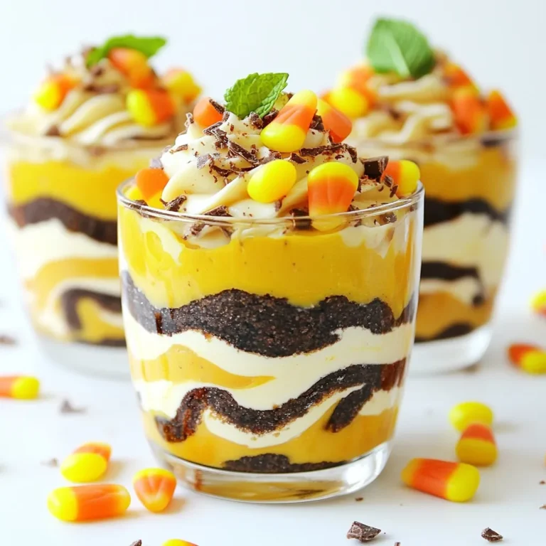 - 1 cup pumpkin puree - 1 cup cream cheese, softened to room temperature - 1 cup powdered sugar - 1 teaspoon vanilla extract - 1 cup heavy whipping cream - 1 package (14 oz) chocolate sandwich cookies, finely crushed - 1 cup gummy worms - 1 cup candy corn (optional) - Fresh mint leaves for garnish (optional) Using fresh pumpkin puree gives your dessert a rich taste. It also has a vibrant color that makes your cups look great. Fresh pumpkin has more nutrition than canned. However, canned pumpkin is a good choice for convenience. Look for 100% pumpkin, not pumpkin pie filling. It saves time without losing too much flavor. For the best flavor, I recommend using Oreos. They have a classic taste that kids and adults love. Other good options include Trader Joe’s Joe-Joe’s or Hydrox cookies. These brands work well for crushing and layering. The crunchiness adds a nice texture to your dirt cups. {{ingredient_image_2}} Start by getting a large mixing bowl. Add 1 cup of pumpkin puree. Next, add 1 cup of softened cream cheese. Then, mix in 1 cup of powdered sugar and 1 teaspoon of vanilla extract. Use an electric mixer to beat this mixture on medium speed. Keep mixing until it is smooth and fluffy, which takes about 2-3 minutes. This base gives your cups that rich pumpkin flavor. In a separate bowl, pour in 1 cup of heavy whipping cream. Use a whisk or an electric mixer to whip the cream. You want to whip it until you see stiff peaks. This should take about 3-5 minutes. Stiff peaks mean the cream stands up and doesn’t fall. This step is key for a light texture in your dessert. Start layering your cups or small jars. Add a generous layer of crushed chocolate cookies at the bottom. This layer acts as the dirt foundation. Next, spread a layer of the creamy pumpkin mixture over the cookies. Make sure you cover them completely. This step gives a great mix of flavors. Repeat the layers. Add another layer of crushed cookies, followed by another layer of pumpkin mixture. For the final touch, top the last layer with more crushed cookies. This makes it look like dirt. For fun, take gummy worms and place them on top. Arrange them as if they are crawling out of the dirt. If you want, add candy corn on top for color and sweetness. Finally, garnish with fresh mint leaves. This adds a nice green touch and makes it look pretty. Enjoy making these cups! They are fun, tasty, and perfect for any occasion. To get the right texture, mix the pumpkin and cream cheese well. Use an electric mixer on medium speed. This makes it smooth and fluffy. When you whip the heavy cream, beat it until stiff peaks form. This takes about 3-5 minutes. Fold the whipped cream gently into the pumpkin mix. This keeps it light and airy. Avoid over-mixing, as this can lead to a dense texture. These cups are perfect for Halloween! Serve them in clear cups for a fun look. Place them on a spooky tray with decorations. You could add little plastic spiders for fun. Kids love to dig in and find the gummy worms. Consider adding themed napkins or plates to match the vibe. This makes your party more festive and exciting. Garnishing adds a special touch to your cups. Use fresh mint leaves for a pop of green on top. You can also sprinkle extra crushed cookies for that dirt effect. For added fun, let gummy worms hang over the edges. If you want more color, add candy corn on top. These little touches make your treats look amazing and tasty! Pro Tips Use Fresh Pumpkin Puree: For the best flavor, use homemade pumpkin puree instead of canned. Simply roast and blend fresh pumpkins for a rich taste. Chill Before Serving: Allow the dirt cups to chill in the refrigerator for at least an hour before serving. This helps the flavors meld together and enhances the overall taste. Experiment with Layers: Get creative with the layering! You can alternate between layers of different candies or even add a layer of whipped cream for extra texture. Presentation Matters: Use clear cups or jars to showcase the beautiful layers of the dessert. It makes for a visually appealing treat that’s perfect for any gathering. {{image_4}} If you have dietary needs, you can still enjoy Pumpkin Patch Dirt Cups. For a gluten-free version, use gluten-free chocolate sandwich cookies. They give you the same crunch without the gluten. If dairy is a concern, swap cream cheese with a dairy-free option like cashew cream. Use coconut cream instead of heavy whipping cream for a dairy-free whip. You can also try maple syrup instead of powdered sugar for a natural sweetener. This way, everyone can join in the fun. To switch things up, play with your toppings. Instead of gummy worms, use chocolate spiders or candy bats for a spooky touch. Swap out candy corn for mini marshmallows or crushed nuts for extra crunch. You can even add crushed pretzels for a salty twist. If you want a fruity flavor, top with fresh berries. Each option adds a new layer of fun and flavor to your cups. Pumpkin Patch Dirt Cups don't have to be just for fall. In spring, try a berry version using strawberry or raspberry puree. For summer, make a refreshing lemon cream base with lemon zest and juice. In winter, use peppermint extract in the cream for a minty delight. Each season brings new flavors to explore, making these cups a treat for any time of year. You can easily adapt them to fit the season and your taste. To keep your Pumpkin Patch Dirt Cups fresh, cover them tightly. Use plastic wrap or a lid. Store them in the fridge. This protects the layers and keeps them tasty. Avoid storing them near strong-smelling foods. Those scents can soak into your dessert. When stored properly in the fridge, these cups last about 3-4 days. After that, the texture and taste may change. If you notice any off smells or changes in texture, it's best to toss them. Always use your senses to check for freshness. You can freeze Pumpkin Patch Dirt Cups for up to 2 months. Use airtight containers or freezer bags. Layer the cups carefully, leaving space for expansion. When you are ready to eat them, thaw them overnight in the fridge. Avoid refreezing once thawed. Enjoy the creamy goodness! Yes, you can make Pumpkin Patch Dirt Cups ahead of time. Just prepare them a day before your event. Store them in the fridge to keep them fresh. This gives the flavors time to blend, making them taste even better. Just remember to add the gummy worms right before serving to keep them looking fresh and fun. If you want to skip heavy whipping cream, use coconut cream. It gives a nice texture and flavor. You can also try whipped topping, which is a good substitute. These options will keep your Pumpkin Patch Dirt Cups creamy and delicious. Making a vegan version is easy! Replace cream cheese with vegan cream cheese. Use coconut cream instead of heavy cream. For the powdered sugar, check if it's vegan-friendly. The rest of the ingredients, like pumpkin puree and cookies, are usually vegan. Enjoy your tasty, plant-based treat! You now have a clear guide to making Pumpkin Patch Dirt Cups. Remember to use fresh pumpkin for the best flavor. Each step, from mixing to layering, helps create a fun treat. Don't forget to add your personal twist with creative toppings. Store leftovers properly to enjoy later. With these tips, you can impress at any Halloween gathering. Experiment and make this dessert your own throughout the year. Enjoy your delicious creations!