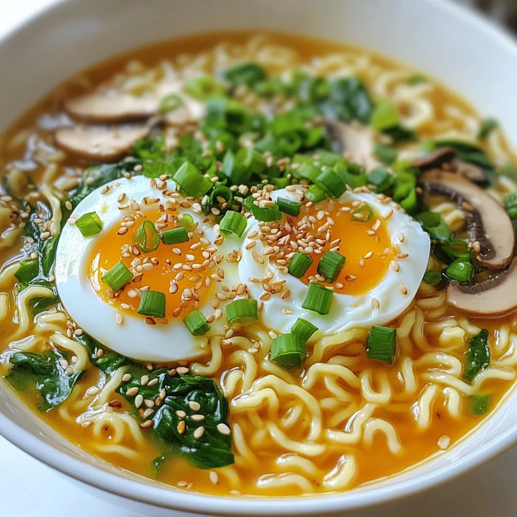 For a tasty ramen, you need: - 2 packs of instant ramen (discard seasoning packets) - 4 cups chicken or vegetable broth - 1 tablespoon soy sauce - 1 tablespoon miso paste - 1 teaspoon garlic powder - 1 teaspoon ginger powder - 1 cup shiitake mushrooms, sliced - 2 cups baby spinach - 2 green onions, finely chopped - 2 large eggs - Sesame seeds for garnish These ingredients come together to create a rich and warm flavor. The broth is the heart of the dish. Using chicken or vegetable broth gives it depth. Miso paste adds a wonderful umami taste, while soy sauce enhances the overall flavor. The mushrooms provide a nice texture, and the spinach adds color and nutrients. You can make your ramen even better with these toppings: - Sliced jalapeños for heat - Corn for sweetness - Bamboo shoots for crunch - Nori sheets for a sea flavor - Cilantro for a fresh taste These toppings let you customize your ramen. You can mix and match based on your taste. Adding jalapeños gives a spicy kick, while corn balances it out with sweetness. To switch things up, try different broths and seasonings: - Beef broth for a hearty taste - Coconut milk for a creamy texture - Sriracha or chili oil for heat - Lemon juice for brightness Each variation changes the dish's flavor profile. Beef broth gives a rich taste, while coconut milk adds creaminess. Adjust the seasonings to match your preferences. {{ingredient_image_2}} To make a rich broth, start with 4 cups of chicken or vegetable broth. Pour it into a large pot. Heat the pot over medium flame until it simmers gently. Add 1 tablespoon of soy sauce and 1 tablespoon of miso paste. Stir them well until the miso paste dissolves fully. This step builds a strong flavor base. Next, add 1 teaspoon of garlic powder and 1 teaspoon of ginger powder. These spices give the broth depth. Finally, toss in 1 cup of sliced shiitake mushrooms. Let them cook for about 5 minutes. This cooks the mushrooms until they are tender and flavorful. While your broth simmers, grab another pot. Fill it with water and bring it to a boil. Once boiling, add 2 packs of instant ramen noodles. Do not use the seasoning packets that come with them. Cook the noodles according to the package instructions, usually around 3-4 minutes. Once cooked, drain the noodles well. This keeps them from being soggy later. Now, let’s poach the eggs. Crack 2 large eggs gently into the simmering broth. Be careful not to break the yolks. Poach the eggs for about 6-8 minutes. This gives you a soft-boiled texture, where the yolk is runny. Check the eggs to see if they are to your liking. While the eggs cook, add 2 cups of baby spinach to the broth. Cook for about 1-2 minutes until the spinach is vibrant. This adds color and nutrition to your dish. Now, you’re ready to assemble your ramen bowls! You can boost the flavor of your ramen easily. Try adding fresh herbs like cilantro or basil. These herbs bring a fresh taste. You can also add chili paste for a spicy kick. If you love seafood, add shrimp or fish cakes for extra depth. You might also like to stir in some sesame oil. This gives a rich, nutty flavor. Perfect eggs can make your ramen shine. I love poaching eggs for this dish. It creates a nice, runny yolk. To poach eggs, crack them into the simmering broth gently. Cook them for about 6-8 minutes. The whites should be set while the yolks remain soft. If you prefer hard-boiled eggs, cook them for 10-12 minutes. Then, cool them in ice water to stop the cooking. Leftover ramen can taste great too! Store the broth and noodles separately. This keeps the noodles from getting soggy. Use an airtight container for both. The broth lasts up to 4 days in the fridge. You can reheat it on the stove or in the microwave. Just add fresh toppings like spinach or green onions for a fresh taste. Pro Tips Use Fresh Ingredients: For an even more flavorful ramen, try using fresh shiitake mushrooms and baby spinach instead of frozen. Fresh ingredients enhance the taste and texture of your dish. Customize Your Broth: Feel free to add extra spices or aromatics to your broth, such as chili flakes for heat or a splash of rice vinegar for brightness. This is your chance to make the broth uniquely yours! Perfectly Poached Eggs: For consistently perfectly poached eggs, add a splash of vinegar to the simmering water before cracking the eggs in. This helps the egg whites to coagulate quickly. Garnish Generously: Don't skip the garnishes! Green onions and sesame seeds add not only flavor but also a beautiful visual appeal to your ramen. A little extra effort goes a long way! {{image_4}} For a tasty vegetarian ramen, swap chicken broth for vegetable broth. Use soy sauce and miso paste for flavor. Add rich toppings like tofu for protein. You can also toss in more veggies, like carrots or bell peppers, for crunch and color. If you want a vegan version, skip the eggs. Instead, try adding avocado or a sprinkle of nutritional yeast for creaminess. Want to kick up the heat? Add chili oil or sriracha to your broth. You can mix in fresh sliced jalapeños for extra spice. If you love a smoky flavor, try adding a bit of smoked paprika. For a unique twist, use spicy kimchi as a topping. It adds fire and a tangy taste that pairs well with the broth. To really enhance your ramen, think outside the box. Add fresh herbs like basil or cilantro for freshness. A squeeze of lime adds a zesty kick. You can also toss in roasted garlic or shallots for depth. Consider using unique toppings like pickled radishes or seaweed for a pop of flavor and color. Each choice makes your ramen special and fun to eat! To keep leftover ramen fresh, first separate the noodles and the broth. Store the noodles in a sealed container. Place the broth in another airtight container. This way, the noodles do not get mushy. You can keep both in the fridge for up to three days. When you want to enjoy your ramen again, reheat the broth gently on the stove. Pour it into a pot and warm over low heat. Stir occasionally to heat evenly. You can reheat the noodles by boiling them for just a minute. Then, combine them with the warm broth. If you want to save ramen for later, freezing is a great option. Let the broth cool completely before you freeze it. Pour it into freezer bags or containers. Make sure to label them with the date. For noodles, it’s best to freeze them uncooked. When you are ready to eat, just thaw the broth and cook fresh noodles. Yes, you can use other noodles. Fresh ramen, udon, or soba work well. Just adjust the cooking time. Always check the package for guidance. To spice up your ramen, add chili oil or red pepper flakes. You can also use spicy miso paste. A few drops of hot sauce can do the trick. Start with a little, then taste. If you don't have miso paste, try tahini or nut butter. Soy sauce can work, but it won't give the same depth. You can also make a blend of sesame oil and soy sauce for a different flavor. You can create a delicious bowl of ramen by mixing great ingredients and following easy steps. Use the tips and tricks shared to enhance flavor and store leftovers. Whether you go for a classic broth or try fun variations, there's a ramen style for everyone. Experiment with different toppings and cooking techniques to make it your own. Enjoy your ramen adventure and keep exploring new flavors!