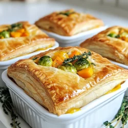To make these warm pot pies, you need the following key items: - 1 tablespoon extra virgin olive oil - 1 medium onion, finely diced - 3 cloves garlic, minced - 2 medium carrots, peeled and diced - 1 medium parsnip, peeled and diced - 1 cup butternut squash, peeled and cubed - 1 cup Brussels sprouts, trimmed and cut in half - 1 cup low-sodium vegetable broth - 1 tablespoon soy sauce - 1 teaspoon dried thyme - 1 teaspoon dried rosemary - Sea salt and freshly cracked black pepper, to taste - 1 tablespoon cornstarch mixed with 2 tablespoons cold water (optional) - 1 package of puff pastry (contains 2 sheets), thawed - 1 egg, beaten (for egg wash) You can boost the taste with these extras: - A pinch of nutmeg for warmth - Fresh herbs like parsley or chives for freshness - A splash of balsamic vinegar for acidity - Additional vegetables like sweet potatoes or green beans Make sure you have these tools ready: - Large skillet for cooking - Mixing bowl for cornstarch - Round cutters or glass for pastry - Individual pie dishes for baking - Pastry brush for the egg wash - Rolling pin for puff pastry - Oven preheated to 400°F (200°C) These ingredients and tools set you up for a cozy cooking experience. Each item plays a role in creating a delicious, comforting meal that highlights autumn's best produce. {{ingredient_image_2}} To make the filling, I start by heating one tablespoon of olive oil in a large skillet over medium heat. I add one finely diced onion and cook it for about five minutes until it becomes soft and clear. Next, I add three minced garlic cloves, stirring for one more minute. The smell is amazing! Now, I introduce two diced carrots, one diced parsnip, and one cup of cubed butternut squash. I cook these for about eight to ten minutes. I want them to soften a bit and get some color. Then, I toss in one cup of halved Brussels sprouts, along with one cup of low-sodium vegetable broth and one tablespoon of soy sauce. I also add one teaspoon of dried thyme, one teaspoon of dried rosemary, and some sea salt and black pepper. I stir everything to combine and let it come to a gentle boil. Then, I lower the heat to simmer for ten minutes. This helps the flavors blend together nicely. If I want a thicker filling, I mix one tablespoon of cornstarch with two tablespoons of cold water. I add this to the skillet until the filling reaches my desired thickness. Finally, I remove the skillet from heat and let it cool for a bit. While the filling cools, I preheat my oven to 400°F (200°C). On a floured surface, I roll out one sheet of puff pastry. I use a round cutter or a glass to cut circles that fit my individual pie dishes. I place these pastry circles into the greased dishes, making sure they sit snugly. Next, I carefully spoon the cooled vegetable filling into each pastry. I avoid overfilling to ensure a good seal later. Using the second sheet of puff pastry, I cut larger circles to cover each filled pot. I place the tops on and seal the edges by crimping them with a fork. I then cut slits in the top crust for steam to escape. To give the pot pies a nice finish, I brush the top of each pastry with a beaten egg. This will create a beautiful golden color when baked. I place the pies in the preheated oven and bake them for 25 to 30 minutes. I want the pastry to puff up and turn golden brown. After baking, I let the pot pies cool for a few minutes before serving. This step helps enhance the flavor and prevents burns. These pot pies make for a cozy meal, perfect for autumn evenings! To get the best puff pastry, keep it cold. Warm pastry will not puff well. When rolling out the dough, use a lightly floured surface. Roll gently but evenly. Avoid pressing too hard. This helps the layers form. Each layer puffs up as it bakes, creating a light texture. Always check the oven temperature. A hot oven, around 400°F, is key. This helps the pastry rise quickly and become crispy. You can boost your filling's flavor easily. Adding fresh herbs like parsley or chives brightens the dish. A splash of lemon juice adds a nice tang. You can also mix in some cooked lentils or mushrooms for added texture. Don't forget to season well with salt and pepper. A pinch of nutmeg adds warmth and depth. Experiment with spices like smoked paprika or curry powder for a fun twist. Avoid overcooking the vegetables. They should be tender but not mushy. This keeps them flavorful and retains their shape. Don’t skip the egg wash! Brushing the top with beaten egg gives a golden finish. Also, be careful not to overfill the pies. Leave space at the top for sealing. This prevents spills during baking. Lastly, let the pot pies cool for a few minutes before digging in. This helps prevent burns and enhances the flavors. Pro Tips Chill the Pastry: Keeping the puff pastry cold will help it puff up more during baking, resulting in a flakier crust. Vegetable Variations: Feel free to swap in seasonal vegetables like sweet potatoes or leeks for a unique twist on flavor and texture. Sealing the Edges: Make sure to crimp the edges well to prevent any filling from leaking out during baking. Resting Time: Allow the pot pies to rest for a few minutes after baking; this helps the filling set and enhances the flavors. {{image_4}} You can make this dish gluten-free. Use gluten-free puff pastry instead of regular. Many brands sell gluten-free options. Check the store or online. You can also thicken your filling with cornstarch. This swap keeps the dish tasty and helps those with gluten issues. Want to add some protein? Try adding cooked lentils or chickpeas. They boost nutrition and flavor. You can also use shredded chicken or turkey. If you prefer plant-based, tofu works well too. Just sauté it with the veggies for a nice mix. Feel free to play with the veggies! You can switch Brussels sprouts for green beans or peas. Swap butternut squash for sweet potatoes if you like. Seasonal veggies like turnips or kale can give new flavors. This dish is perfect for using what you have in your fridge. To keep your leftover pot pies fresh, store them in the fridge. Use an airtight container or wrap each pie tightly with plastic wrap. This method helps maintain their taste and texture. Leftovers can stay good for up to three days. If you want to save pot pies for later, freezing is a great option. Allow the pies to cool completely before wrapping them. Use freezer-safe containers or heavy-duty aluminum foil. This way, they can last for up to three months in the freezer. When you're ready to enjoy them, thaw in the fridge overnight before reheating. To reheat your pot pies and keep them crispy, use the oven. Preheat the oven to 350°F (175°C). Place the pot pies on a baking sheet. Heat them for about 15-20 minutes, or until the top is golden and the filling is hot. Avoid using the microwave, as it can make the crust soggy. Enjoy your warm and crispy pot pies! Yes, you can use frozen vegetables. They save time and are convenient. Just make sure to thaw and drain them well. This helps avoid too much water in your filling. Frozen veggies are often picked at their peak, so they taste great too. This recipe is already vegetarian! It uses vegetable broth and lots of veggies. If you want to make it vegan, swap the egg wash for a plant-based option. Use almond milk or soy milk with a splash of vinegar for a similar glaze. You can try adding cumin, paprika, or nutmeg for a twist. Fresh herbs like parsley or thyme also work well. Adjust the spices to match your taste. Be creative and explore what flavors you love! Absolutely! You can make the filling a day ahead. Just store it in the fridge. When you are ready, assemble your pot pies and bake. This makes it easy for busy days. Plus, the flavors deepen overnight, making them even tastier! This article covered making autumn vegetable pot pies, from ingredients to tips. You learned about essential and optional ingredients, cooking tools, and step-by-step baking. I shared ways to enhance flavor and avoid mistakes. You can customize the recipe with gluten-free options or add proteins. Remember how to store leftovers and reheat them for crispy results. With these details, you can create pot pies that warmth your kitchen and delight your taste buds. Enjoy making your own comforting dish this season!