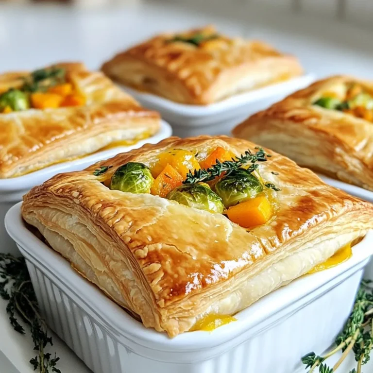 To make these warm pot pies, you need the following key items: - 1 tablespoon extra virgin olive oil - 1 medium onion, finely diced - 3 cloves garlic, minced - 2 medium carrots, peeled and diced - 1 medium parsnip, peeled and diced - 1 cup butternut squash, peeled and cubed - 1 cup Brussels sprouts, trimmed and cut in half - 1 cup low-sodium vegetable broth - 1 tablespoon soy sauce - 1 teaspoon dried thyme - 1 teaspoon dried rosemary - Sea salt and freshly cracked black pepper, to taste - 1 tablespoon cornstarch mixed with 2 tablespoons cold water (optional) - 1 package of puff pastry (contains 2 sheets), thawed - 1 egg, beaten (for egg wash) You can boost the taste with these extras: - A pinch of nutmeg for warmth - Fresh herbs like parsley or chives for freshness - A splash of balsamic vinegar for acidity - Additional vegetables like sweet potatoes or green beans Make sure you have these tools ready: - Large skillet for cooking - Mixing bowl for cornstarch - Round cutters or glass for pastry - Individual pie dishes for baking - Pastry brush for the egg wash - Rolling pin for puff pastry - Oven preheated to 400°F (200°C) These ingredients and tools set you up for a cozy cooking experience. Each item plays a role in creating a delicious, comforting meal that highlights autumn's best produce. {{ingredient_image_2}} To make the filling, I start by heating one tablespoon of olive oil in a large skillet over medium heat. I add one finely diced onion and cook it for about five minutes until it becomes soft and clear. Next, I add three minced garlic cloves, stirring for one more minute. The smell is amazing! Now, I introduce two diced carrots, one diced parsnip, and one cup of cubed butternut squash. I cook these for about eight to ten minutes. I want them to soften a bit and get some color. Then, I toss in one cup of halved Brussels sprouts, along with one cup of low-sodium vegetable broth and one tablespoon of soy sauce. I also add one teaspoon of dried thyme, one teaspoon of dried rosemary, and some sea salt and black pepper. I stir everything to combine and let it come to a gentle boil. Then, I lower the heat to simmer for ten minutes. This helps the flavors blend together nicely. If I want a thicker filling, I mix one tablespoon of cornstarch with two tablespoons of cold water. I add this to the skillet until the filling reaches my desired thickness. Finally, I remove the skillet from heat and let it cool for a bit. While the filling cools, I preheat my oven to 400°F (200°C). On a floured surface, I roll out one sheet of puff pastry. I use a round cutter or a glass to cut circles that fit my individual pie dishes. I place these pastry circles into the greased dishes, making sure they sit snugly. Next, I carefully spoon the cooled vegetable filling into each pastry. I avoid overfilling to ensure a good seal later. Using the second sheet of puff pastry, I cut larger circles to cover each filled pot. I place the tops on and seal the edges by crimping them with a fork. I then cut slits in the top crust for steam to escape. To give the pot pies a nice finish, I brush the top of each pastry with a beaten egg. This will create a beautiful golden color when baked. I place the pies in the preheated oven and bake them for 25 to 30 minutes. I want the pastry to puff up and turn golden brown. After baking, I let the pot pies cool for a few minutes before serving. This step helps enhance the flavor and prevents burns. These pot pies make for a cozy meal, perfect for autumn evenings! To get the best puff pastry, keep it cold. Warm pastry will not puff well. When rolling out the dough, use a lightly floured surface. Roll gently but evenly. Avoid pressing too hard. This helps the layers form. Each layer puffs up as it bakes, creating a light texture. Always check the oven temperature. A hot oven, around 400°F, is key. This helps the pastry rise quickly and become crispy. You can boost your filling's flavor easily. Adding fresh herbs like parsley or chives brightens the dish. A splash of lemon juice adds a nice tang. You can also mix in some cooked lentils or mushrooms for added texture. Don't forget to season well with salt and pepper. A pinch of nutmeg adds warmth and depth. Experiment with spices like smoked paprika or curry powder for a fun twist. Avoid overcooking the vegetables. They should be tender but not mushy. This keeps them flavorful and retains their shape. Don’t skip the egg wash! Brushing the top with beaten egg gives a golden finish. Also, be careful not to overfill the pies. Leave space at the top for sealing. This prevents spills during baking. Lastly, let the pot pies cool for a few minutes before digging in. This helps prevent burns and enhances the flavors. Pro Tips Chill the Pastry: Keeping the puff pastry cold will help it puff up more during baking, resulting in a flakier crust. Vegetable Variations: Feel free to swap in seasonal vegetables like sweet potatoes or leeks for a unique twist on flavor and texture. Sealing the Edges: Make sure to crimp the edges well to prevent any filling from leaking out during baking. Resting Time: Allow the pot pies to rest for a few minutes after baking; this helps the filling set and enhances the flavors. {{image_4}} You can make this dish gluten-free. Use gluten-free puff pastry instead of regular. Many brands sell gluten-free options. Check the store or online. You can also thicken your filling with cornstarch. This swap keeps the dish tasty and helps those with gluten issues. Want to add some protein? Try adding cooked lentils or chickpeas. They boost nutrition and flavor. You can also use shredded chicken or turkey. If you prefer plant-based, tofu works well too. Just sauté it with the veggies for a nice mix. Feel free to play with the veggies! You can switch Brussels sprouts for green beans or peas. Swap butternut squash for sweet potatoes if you like. Seasonal veggies like turnips or kale can give new flavors. This dish is perfect for using what you have in your fridge. To keep your leftover pot pies fresh, store them in the fridge. Use an airtight container or wrap each pie tightly with plastic wrap. This method helps maintain their taste and texture. Leftovers can stay good for up to three days. If you want to save pot pies for later, freezing is a great option. Allow the pies to cool completely before wrapping them. Use freezer-safe containers or heavy-duty aluminum foil. This way, they can last for up to three months in the freezer. When you're ready to enjoy them, thaw in the fridge overnight before reheating. To reheat your pot pies and keep them crispy, use the oven. Preheat the oven to 350°F (175°C). Place the pot pies on a baking sheet. Heat them for about 15-20 minutes, or until the top is golden and the filling is hot. Avoid using the microwave, as it can make the crust soggy. Enjoy your warm and crispy pot pies! Yes, you can use frozen vegetables. They save time and are convenient. Just make sure to thaw and drain them well. This helps avoid too much water in your filling. Frozen veggies are often picked at their peak, so they taste great too. This recipe is already vegetarian! It uses vegetable broth and lots of veggies. If you want to make it vegan, swap the egg wash for a plant-based option. Use almond milk or soy milk with a splash of vinegar for a similar glaze. You can try adding cumin, paprika, or nutmeg for a twist. Fresh herbs like parsley or thyme also work well. Adjust the spices to match your taste. Be creative and explore what flavors you love! Absolutely! You can make the filling a day ahead. Just store it in the fridge. When you are ready, assemble your pot pies and bake. This makes it easy for busy days. Plus, the flavors deepen overnight, making them even tastier! This article covered making autumn vegetable pot pies, from ingredients to tips. You learned about essential and optional ingredients, cooking tools, and step-by-step baking. I shared ways to enhance flavor and avoid mistakes. You can customize the recipe with gluten-free options or add proteins. Remember how to store leftovers and reheat them for crispy results. With these details, you can create pot pies that warmth your kitchen and delight your taste buds. Enjoy making your own comforting dish this season!