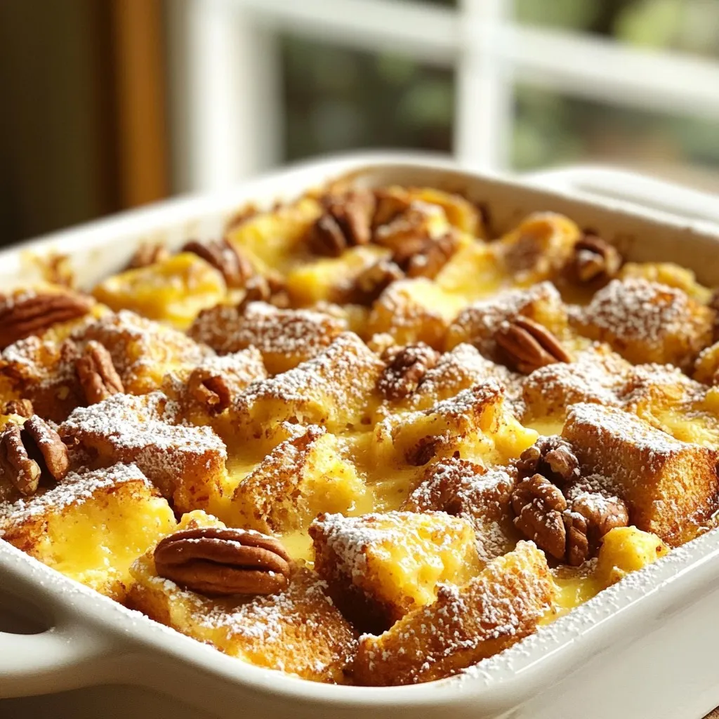 - 1 loaf of brioche bread, cut into 1-inch cubes - 6 large eggs, beaten - 2 cups of milk (choose whole or almond based on your preference) - 1/2 cup granulated sugar, adjust to taste - 1 tablespoon pure vanilla extract - 1 teaspoon ground cinnamon - 1/4 teaspoon freshly grated nutmeg - 1/2 cup chopped pecans (optional for added crunch) - 1/2 cup maple syrup, plus extra for drizzling when serving - Powdered sugar for a dusting (optional for a sweet finish) Brioche bread is soft and fluffy. It holds the egg mixture well. You can use other breads, but brioche gives the best taste. Eggs create a rich custard, making each bite creamy. Milk adds moisture and flavor. You can use whole milk for richness or almond milk for a dairy-free option. Sweeteners and flavorings are key. Granulated sugar adds sweetness. Vanilla extract gives a warm, sweet aroma. Cinnamon and nutmeg add a cozy spice. You can adjust the sugar level based on your taste. Optional add-ins like chopped pecans give a nice crunch. You can also add fruits like berries or bananas for extra flavor. Maple syrup is perfect for drizzling on top when serving. It makes each bite even sweeter. Having all these ingredients ready makes cooking easier. Gather them before you start for a smooth process. This way, you can enjoy making your baked French toast casserole! {{ingredient_image_2}} First, you need to preheat the oven to 375°F (190°C). This step is key for even baking. While the oven warms up, grab a 9x13 inch baking dish. Grease it well with butter or cooking spray. This helps prevent the casserole from sticking. In a big mixing bowl, whisk together six beaten eggs and two cups of milk. You can use whole or almond milk based on what you like. Add in half a cup of granulated sugar, one tablespoon of pure vanilla extract, one teaspoon of ground cinnamon, and a quarter teaspoon of freshly grated nutmeg. Make sure everything blends well. You want a smooth mixture with no lumps. Take your loaf of brioche bread and cut it into one-inch cubes. Evenly spread these cubes throughout the greased baking dish. Next, slowly pour the egg mixture over the bread cubes. Make sure to cover all the bread. Use a spatula to press the bread down gently. This helps it soak up the egg mixture well. Letting the dish rest is very important. Cover it with aluminum foil and place it in the fridge. You can let it sit for at least 30 minutes. For a richer taste, leave it overnight. This soaking time makes the bread soft and tasty. When you are ready to bake, uncover the dish and place it in your preheated oven. Bake for about 30 to 35 minutes. The top should turn a lovely golden brown. To check if it's done, insert a toothpick into the center. If it comes out clean, your casserole is ready. Let it cool for 10 minutes before serving. This helps the casserole set up a bit. To get the right texture, use fresh brioche bread. Stale bread works too, but it needs more soak time. Cut the bread into 1-inch cubes. This size lets the bread soak well without falling apart. If you want to switch things up, try different milk. Almond milk adds a nutty taste. You can also use oat milk for a creamy option. Adjust the sugar based on your taste. You may want less if you add sweet toppings later. For a beautiful presentation, dust the top with powdered sugar after baking. This adds a lovely touch. Serve the casserole warm on a big plate. Drizzle extra maple syrup on top for sweetness. You can also add fresh berries or mint leaves for color. These garnishes not only look good but taste great too. One common mistake is overbaking. Keep an eye on the baking time. If you bake too long, the casserole gets dry. Another mistake is not letting it soak long enough. A good soak time is key for flavor. Aim for at least 30 minutes, or overnight for rich taste. This helps the bread absorb the egg mixture fully. Pro Tips Use Day-Old Bread: For the best texture, use bread that is a day or two old. It absorbs the custard mixture better, resulting in a creamier casserole. Chill Overnight: Allowing the casserole to soak in the refrigerator overnight enhances the flavors and ensures the bread is perfectly saturated. Add a Crunch: Incorporate nuts like pecans or walnuts for an extra layer of flavor and crunch. You can also top with a streusel for added texture. Experiment with Flavors: Feel free to customize the spice mix or add ingredients like chocolate chips or dried fruits to personalize your casserole. {{image_4}} You can easily change the taste of your baked French toast casserole. Adding fruits like berries or bananas gives a fresh twist. Simply layer them between the bread cubes or mix them into the egg mixture. You can also try incorporating chocolate or caramel. A sprinkle of chocolate chips or a drizzle of caramel sauce will delight kids and adults alike. If you need gluten-free options, swap the brioche bread for a gluten-free bread. Make sure to check the label to ensure it works for your needs. For dairy-free adjustments, use almond milk or any plant-based milk you prefer. You can also replace eggs with a mixture of flaxseed and water. This works well and keeps the dish tasty. You can serve baked French toast casserole in different ways. For individual servings, scoop the casserole into small dishes. This makes each serving special and easy to enjoy. For a family-style option, keep it in the baking dish. You can place it in the center of the table, and everyone can help themselves. This dish works great for breakfast or dessert. Add a side of whipped cream or yogurt for a fun twist! To keep your baked French toast casserole fresh, store it in an airtight container. This helps to keep moisture in and other smells out. You can also cover the dish tightly with plastic wrap or aluminum foil. The casserole stays good in the fridge for up to 3 days. If you want to enjoy it later, make sure to let it cool down before you store it. To freeze your casserole, slice it into portions. Wrap each piece in plastic wrap, then place them in a freezer bag. Remove as much air as possible. This keeps your casserole fresh and prevents freezer burn. Your casserole can last in the freezer for up to 3 months. When you want to eat it, remove it from the freezer and place it in the fridge overnight to thaw. To reheat, bake it at 350°F (175°C) for about 20-25 minutes. This warms it through and keeps it tender. Enjoy your delicious breakfast! You will see a golden brown top. The edges may puff up slightly. A toothpick test works well. Insert a toothpick into the center; it should come out clean. If the toothpick is wet, bake a few more minutes. Yes, you can soak it overnight. Soaking lets the bread absorb the egg mixture. This makes it rich and tasty. It also saves time in the morning. Just cover it well and chill it in the fridge. To reheat, use the oven for the best texture. Set it to 350°F (175°C). Bake for about 15-20 minutes. This keeps the casserole warm and soft. You can also microwave it, but it may get soggy. Add a drizzle of maple syrup for extra flavor. Absolutely! You can use challah, sourdough, or whole wheat. Each type adds a unique taste and texture. Just make sure the bread is a bit stale for the best results. Fresh bread can become too mushy. This blog post covered how to make a delicious bread casserole. We discussed ingredients like brioche, eggs, and possible sweeteners. I detailed the baking steps, from mixing to refrigeration. Tips helped avoid common mistakes, like overbaking. Variations included dietary changes and unique flavors. Remember, a great casserole needs patience and care, especially in soaking. With a little practice, you can impress anyone with your dish. Enjoy experimenting and sharing your creations!