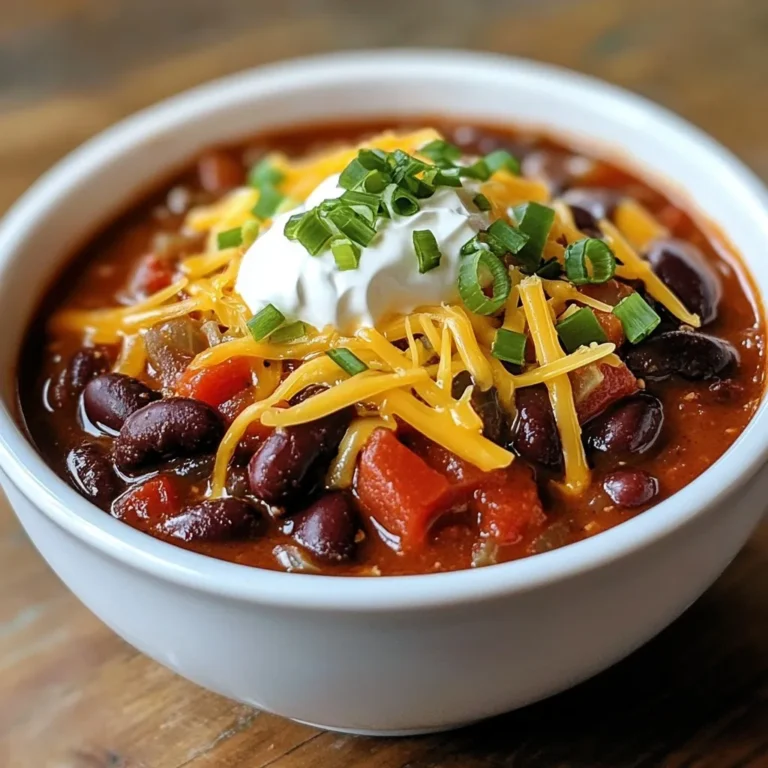 - 1 lb ground beef (or plant-based protein) - 1 medium onion, diced - 1 bell pepper, diced - 3 cloves garlic, minced - 1 can (14 oz) diced tomatoes - 1 can (15 oz) kidney beans - 1 can (15 oz) black beans The main ingredients create the base of the chili. Ground beef gives it richness. If you prefer plant-based, use lentils or tofu. Diced onion and bell pepper add sweetness and crunch. Garlic boosts flavor and aroma. Canned tomatoes provide moisture and acidity. Kidney and black beans add heartiness and protein. - 2 tablespoons chili powder - 1 tablespoon cumin - 1 teaspoon smoked paprika - 1 teaspoon dried oregano - Salt and pepper to taste Spices are key in chili. Chili powder adds warmth. Cumin gives a deep, earthy taste. Smoked paprika offers a hint of smoke, making the chili rich. Oregano adds herbal notes. Always taste and adjust salt and pepper for balance. - Shredded cheese - Sour cream - Chopped green onions - Cilantro Toppings elevate your chili. Shredded cheese melts into the hot chili, adding creaminess. Sour cream cools the heat and adds a tangy bite. Chopped green onions give a fresh crunch. Cilantro adds brightness and a pop of color. Feel free to mix and match! {{ingredient_image_2}} 1. Pour olive oil into a large pot. Warm it over medium heat. 2. Once the oil shimmers, add diced onion and bell pepper. 3. Sauté for about 5 minutes. The veggies should be tender and smell great. 4. Now, add minced garlic to the pot. Stir and cook for one more minute. 1. Add ground beef or plant-based protein to the pot. 2. Use a spatula to break it up as it cooks. 3. Brown the meat for 5-6 minutes until it is cooked through. 4. Sprinkle in chili powder, cumin, smoked paprika, and oregano. 5. Stir everything to coat the meat and veggies with spices for about a minute. 1. Pour in diced tomatoes with their juices, kidney beans, black beans, and broth. 2. Mix all the ingredients together well until combined. 3. Increase the heat and bring the mixture to a vigorous boil. 1. Once boiling, lower the heat to let it simmer. 2. Allow the chili to cook uncovered for 30-40 minutes. 3. Stir occasionally to keep it from sticking and to blend the flavors. 1. Taste the chili and add salt and pepper as needed. 2. For extra heat, add chopped jalapeños or a splash of hot sauce. For the best flavor in your chili, cook it for about 30-40 minutes. This time lets the flavors blend well. Be sure to let the chili rest for 5 minutes before serving. This helps it set up nicely. A common mistake is overcooking vegetables. This can make them mushy and dull. Another mistake is under-seasoning. Make sure to taste and add enough salt and spices for flavor. Serve your Ultimate Chili in sturdy bowls. For a fun touch, add toppings like shredded cheese, sour cream, or chopped green onions. You can also serve it with warm cornbread or crispy tortilla chips for dipping. Pro Tips Choose Your Protein: Opt for high-quality ground beef for a richer flavor, or use plant-based protein for a lighter, vegetarian alternative that still delivers on taste. Layer the Flavors: Don’t skip the step of blooming your spices; adding them after browning the meat helps release their essential oils, enhancing the overall flavor profile of your chili. Add Complexity: Consider adding a splash of beer or a hint of cocoa powder for a deeper, more complex flavor that will surprise your taste buds. Rest Before Serving: Letting your chili rest for a few minutes after cooking allows the flavors to meld together, resulting in an even tastier dish when served. {{image_4}} You can easily swap out meat for plant-based protein. Use lentils, mushrooms, or tempeh. These options add great texture and taste. You can also add more veggies, like zucchini or carrots. They boost flavor and nutrition. Want more heat? Chop up jalapeños or add hot sauce. This simple step can change the whole dish. If you prefer mild flavors, use less chili powder. You can mix in sweet spices, like smoked paprika, to enhance the taste without heat. Feel free to swap beans and veggies. Use pinto beans or chickpeas instead of kidney beans. You can also add corn for sweetness. For broth, switch between beef or vegetable options. Each choice brings a new twist to your chili. Store leftover chili in an airtight container. This keeps it fresh and tasty. Place it in the fridge within two hours of cooking. The shelf life of refrigerated chili is about 3 to 4 days. Make sure to label the container with the date. This way, you can track how long it has been stored. To freeze chili, let it cool first. Then, portion it into freezer-safe containers. I recommend using freezer bags for easy stacking. Squeeze out as much air as possible before sealing. This helps keep the chili fresh. When you want to eat it, thaw it in the fridge overnight. You can also reheat it directly from the freezer on the stove. For reheating, the best method is on the stove. Use a saucepan and heat over medium heat. Stir often to prevent sticking. You can also microwave it in a bowl, covered with a paper towel. This helps steam it and keep it moist. Taste and adjust the seasoning if needed. This way, the rich flavors stay intact, making every bite enjoyable. The Ultimate Chili takes about 55 minutes to make. This includes 15 minutes for prep and 40 minutes for cooking. First, you chop the vegetables and gather your ingredients. Then, you cook the chili on the stove, letting it simmer and blend the flavors. Yes, you can make Ultimate Chili in a slow cooker. Start by browning the meat and sautéing the onions and peppers on the stove. Then, add all the ingredients to the slow cooker. Set it on low for 6-8 hours or high for 3-4 hours. This method allows the flavors to develop slowly, giving you a rich and tasty chili. You have many great options for sides. Here are some ideas: - Warm cornbread - Crispy tortilla chips - Rice or quinoa For drinks, you might enjoy: - A cold beer - Iced tea - A light red wine These sides and drinks will enhance your chili experience and make it even more enjoyable. To sum up, this chili recipe brings joy with its rich flavors. You start with key ingredients like ground meat or plant-based protein. Next, layer in the spices and let everything cook down properly. Don't forget to take your time, as good things come to those who wait. Feel free to customize with toppings and variations. Whether you're storing leftovers or serving fresh, this dish is a hit. Dive into chili-making and enjoy the warmth it brings to your table!