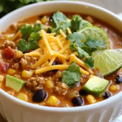 - 1 pound ground turkey or chicken - 1 can (15 oz) black beans, rinsed and drained - 1 can (15 oz) pinto beans, rinsed and drained - 1 can (15 oz) diced tomatoes with green chilies - 1 cup corn (fresh or frozen) - 4 cups low-sodium chicken or vegetable broth - 1 medium onion, finely chopped - 2 cloves garlic, minced - 1 packet taco seasoning (approximately 1 oz) - 1 cup non-fat Greek yogurt - 1 cup shredded cheddar cheese - Fresh cilantro, for garnish - Lime wedges, for serving - Diced avocado, for garnish The ingredients are simple and easy to find. I love using ground turkey or chicken. They add great flavor and protein. The beans give the soup a hearty texture. The diced tomatoes with green chilies bring a nice kick. Corn adds sweetness and color. Onions and garlic make the base tasty. They fill the kitchen with a warm aroma. Taco seasoning adds bold flavors and makes it fun. Greek yogurt gives it a creamy touch, while cheddar cheese adds richness. Don't forget the garnishes! Fresh cilantro brightens each bowl. Lime juice adds zest, and avocado gives creaminess. {{ingredient_image_2}} 1. Start by heating a light drizzle of olive oil in a large pot over medium heat. 2. Add the finely chopped onion. Saut&eacute; it for 3-4 minutes, until it is soft and clear. 3. Next, stir in the minced garlic. Cook for one more minute until it smells good. 4. Now, add the ground turkey or chicken into the pot. Use a wooden spoon to break it up. 5. Cook the meat for about 6-8 minutes until it is brown and fully cooked. 1. Sprinkle the taco seasoning over the cooked meat. Mix it well and let it cook for one minute. 2. Pour in the diced tomatoes along with their juices. Add the black beans, pinto beans, corn, and broth. 3. Stir everything together until it is well mixed. Bring the soup to a gentle boil. 4. Once boiling, reduce the heat. Let the soup simmer uncovered for 15-20 minutes. This helps the flavors blend. 1. After simmering, take the pot off the heat. Gently mix in the Greek yogurt until it is smooth. 2. Taste the soup and add salt and freshly cracked pepper as needed. Adjust to your liking. 3. To serve, ladle the hot soup into bowls. Top it with shredded cheddar cheese, fresh cilantro, diced avocado, and a squeeze of lime for extra zest. To ensure proper browning of the turkey or chicken, use medium heat. This helps the meat cook evenly. Avoid overcrowding the pan. If needed, cook in batches. This keeps the meat from steaming and allows it to brown nicely. If you want alternatives for ground turkey or chicken, you can use ground beef or pork. For a lighter option, try lentils or quinoa. Both add protein and a nice texture. To boost the flavor, consider adding extra spices like cumin, paprika, or cayenne. These spices will give your soup a warm kick. You can also mix in fresh herbs like oregano or cilantro for brightness. If you want to thicken the soup, use more Greek yogurt or add a cornstarch slurry. Mix equal parts cornstarch and water, then stir it into the soup. This will give you a thicker, creamier texture. For creative garnishing techniques, layer the toppings artistically. Place cheese in the center, then sprinkle cilantro and avocado around it. This makes the soup inviting and fun. Pair the soup with tortilla chips for a crunchy contrast. A fresh side salad with lime dressing also goes well. These sides help balance the rich soup and keep the meal exciting. Pro Tips Use Fresh Ingredients: Opt for fresh vegetables and herbs whenever possible, as they enhance the flavor and nutritional value of your soup. Customize Your Beans: Feel free to mix and match different types of beans based on your preference or what you have on hand for added variety. Adjust the Spice Level: For a spicier kick, consider adding jalape&ntilde;os or a dash of hot sauce to the soup before serving. Meal Prep Friendly: This soup stores well in the refrigerator for up to 4 days, making it a great option for meal prepping or leftovers. {{image_4}} You can easily make this soup vegetarian. Just swap the ground turkey or chicken for plant-based protein. Options like tempeh or lentils work well. Use 4 cups of vegetable broth instead of chicken broth. This change keeps the soup rich and full of flavor while making it meat-free. Mix and match your beans! You can use black beans and kidney beans or even chickpeas. Each type adds a new taste. You might also add diced bell peppers or zucchini for extra color and nutrients. These veggies will blend well with the soup's flavors. Want more heat? Add chopped jalape&ntilde;os to the mix. This will make your soup spicy and exciting. If you prefer a milder taste, skip the jalape&ntilde;os or use just a small amount. You can also add a touch of smoked paprika for warmth without too much spice. Adjust the heat to suit your taste! To keep your taco soup fresh, store it in the fridge. Use airtight containers. This helps prevent spills and keeps flavors intact. You can store it for about 3 to 4 days. Label the container with the date. This way, you know how long it's been there. When you're ready to eat, reheat the soup gently. Use a pot on the stove over low heat. Stir often to avoid sticking. You can also use the microwave, but do it in short bursts. Check every minute to keep it warm. To maintain creaminess, add a spoonful of Greek yogurt before serving. This keeps it smooth and rich. If you want to save some for later, you can freeze it. Pour the soup into freezer-safe bags or containers. Remove as much air as you can. The soup can last up to 3 months in the freezer. When you&rsquo;re ready to eat, thaw it in the fridge overnight. For reheating, use the stove or microwave as described above. Just be careful to stir well to keep the texture creamy. To make this soup dairy-free, you can replace the Greek yogurt and cheese. For yogurt, use a dairy-free yogurt, like almond or coconut. For cheese, try a dairy-free cheese option or skip it altogether. Nutritional yeast can also add a cheesy flavor without dairy. Yes, you can make this soup in a slow cooker. Start by browning the ground turkey or chicken in a pan. Then add it to the slow cooker with all other ingredients. Set it on low for 6-8 hours or high for 3-4 hours. Stir in the Greek yogurt just before serving for creaminess. Taco soup pairs well with several sides. Serve it with tortilla chips for crunch or cornbread for comfort. You can also add toppings like sour cream, diced jalape&ntilde;os, or fresh avocado. A simple side salad can add freshness too. You've learned how to make a hearty taco soup packed with flavor. We covered key ingredients, step-by-step cooking methods, and useful tips to enhance the dish. I also shared variations for different diets and preferences. Remember, cooking is fun and can be adjusted to your taste. Enjoy your taco soup with friends or family. It&rsquo;s a great dish for any gathering. Now, go experiment and make your own version!