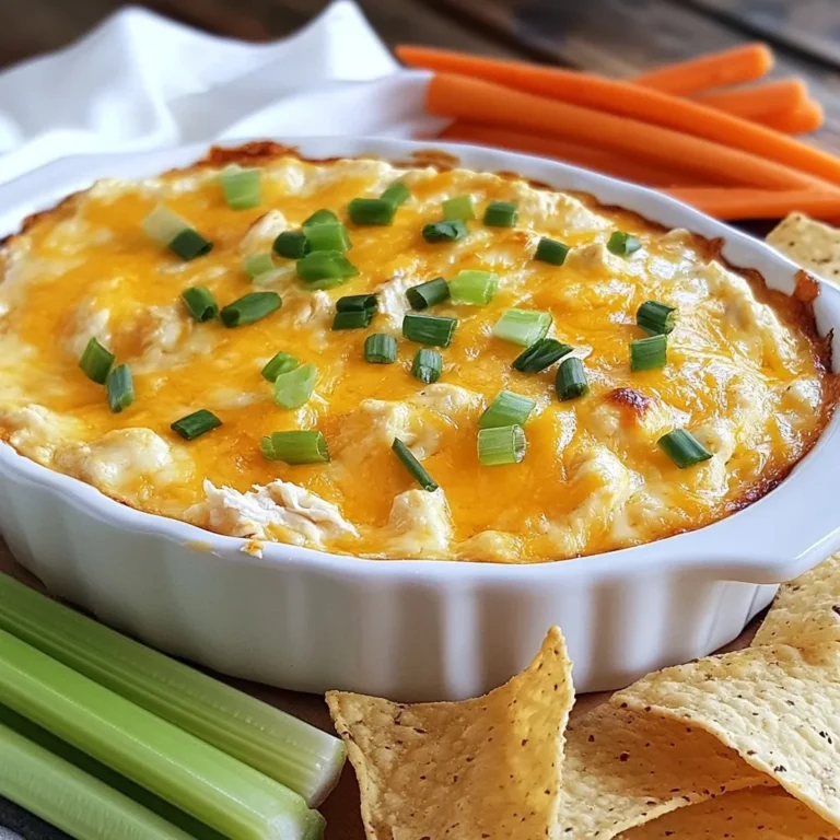 - 2 cups shredded cooked chicken - 1/2 cup buffalo sauce - 1 package (8 oz) cream cheese, softened - 1/2 cup sour cream - 1/2 cup ranch dressing - 1 cup shredded cheddar cheese - 1/2 cup blue cheese crumbles (optional) - Fresh green onions, finely chopped (for garnish) To make your dip even better, consider adding: - Extra buffalo sauce for more heat - A dash of garlic powder for depth - Jalapeños for a spicy kick Pair this dip with: - Tortilla chips for crunch - Celery sticks for freshness - Carrot sticks for sweetness {{ingredient_image_2}} 1. Start by preheating your oven to 350°F (175°C). This step ensures the dip bakes evenly. 2. In a large bowl, mix the softened cream cheese, sour cream, and ranch dressing. Use a hand mixer or a spoon. Blend until the mixture is smooth and creamy. 3. Add the shredded chicken and buffalo sauce into the cream cheese mix. Stir well so every piece of chicken gets that bold flavor. 4. If you like blue cheese, gently fold it in now. Also, add half of the shredded cheddar cheese. Mix without overdoing it. 5. Spoon the creamy chicken mixture into an 8x8 inch baking dish. Spread it out evenly with a spatula. 6. Top the dip with the rest of the cheddar cheese and any extra blue cheese crumbles. This adds a lovely cheesy finish. 7. Place your baking dish in the oven. Bake for 20-25 minutes. Look for bubbly edges and golden cheese on top. 8. Once baked, take the dish out of the oven. Let it cool for a few minutes. 9. Before serving, sprinkle chopped green onions on top for a fresh touch. 10. Serve this warm dip with tortilla chips, celery sticks, and carrot sticks. Enjoy with friends! To make your dip spicier, add more buffalo sauce. Start with a little and taste. If it’s not hot enough, keep adding until you reach your sweet spot. For a milder dip, use less buffalo sauce. You can even mix in some cream cheese to tone down the heat. You can make this dip ahead of time. Simply prepare it, but don’t bake it. Cover it with plastic wrap and store it in the fridge. When you’re ready to serve, pop it in the oven. Bake it at 350°F (175°C) for 20-25 minutes. This way, you save time and stress before your guests arrive. Use a large mixing bowl for easy blending. A hand mixer helps create a smooth dip. A spatula is great for spreading the mixture evenly in the baking dish. A baking dish around 8x8 inches works best for even cooking. Finally, keep some parchment paper handy to line the dish for easy cleanup. Pro Tips Adjust the Spice Level: Feel free to modify the amount of buffalo sauce based on your heat tolerance—less for a milder dip, more for a fiery kick! Mix It Up: Experiment with different cheeses such as pepper jack or Monterey Jack for a unique flavor twist. Serving Temperature: This dip is best served warm—make sure to bake it just until bubbly and golden for the perfect texture. Make Ahead: You can prepare the dip in advance and store it in the refrigerator. Just bake it when you're ready to serve for a quick and easy appetizer! {{image_4}} If you love garlic, try adding minced garlic to the dip. Mix in two cloves of minced garlic with the cream cheese, sour cream, and ranch dressing. This change gives the dip a rich, savory taste. It pairs well with the spicy buffalo flavor. You can also use garlic powder if you want a milder taste. To make a lighter dip, swap sour cream with Greek yogurt. This adds protein and cuts calories. Use one cup of plain Greek yogurt instead of sour cream. It keeps the dip creamy and tangy. You can also use low-fat cream cheese to reduce fat. If you want a vegetarian version, skip the chicken. Replace it with canned chickpeas or white beans. Mash them slightly before mixing with the other ingredients. This adds protein while keeping the dip hearty. You can still use all the same sauces and cheeses for that classic flavor. After enjoying your dip, let it cool down. Place any leftovers in an airtight container. Store it in the fridge for up to three days. Make sure to cover it well to keep it fresh. When you're ready to enjoy the dip again, preheat your oven to 350°F (175°C). Scoop the dip into a baking dish. Cover it with foil to avoid drying out. Heat for about 15-20 minutes or until it's hot and bubbly. You can also microwave it in a safe dish. Heat it in short bursts, stirring in between, until warm. If you want to save the dip for later, freezing is a great option. Transfer the cooled dip into a freezer-safe container. Seal it tightly to prevent freezer burn. It can stay in the freezer for up to three months. When you're ready to enjoy it, thaw it in the fridge overnight. Then, reheat as mentioned above. Yes, you can use canned chicken! Canned chicken saves time. Just drain and shred it. It works well in this dip. The flavor stays great, and it’s easy to mix in. You can use blue cheese dressing as a substitute. Greek yogurt also works well. If you want a lighter option, try plain yogurt. Each choice gives a unique taste! To make it spicier, add more buffalo sauce. You can also mix in hot sauce. For a milder dip, reduce the buffalo sauce. Adding cream cheese can also help tone down the heat. You now have all the tools to make a great dip. We covered the key ingredients, optional flavors, and tasty dips to pair with your dish. I shared simple instructions for preparation and baking, plus tips for spice, storage, and making ahead. You also learned fun variations, including a creamy garlic option and healthier choices. Make this dip your own, and enjoy sharing it with others. Happy dipping!