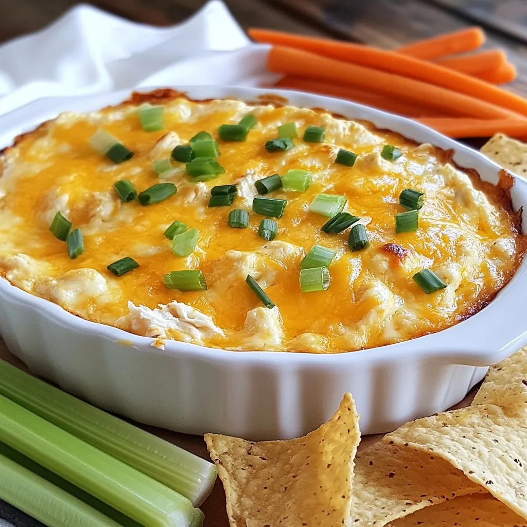 - 2 cups shredded cooked chicken - 1/2 cup buffalo sauce - 1 package (8 oz) cream cheese, softened - 1/2 cup sour cream - 1/2 cup ranch dressing - 1 cup shredded cheddar cheese - 1/2 cup blue cheese crumbles (optional) - Fresh green onions, finely chopped (for garnish) To make your dip even better, consider adding: - Extra buffalo sauce for more heat - A dash of garlic powder for depth - Jalapeños for a spicy kick Pair this dip with: - Tortilla chips for crunch - Celery sticks for freshness - Carrot sticks for sweetness {{ingredient_image_2}} 1. Start by preheating your oven to 350°F (175°C). This step ensures the dip bakes evenly. 2. In a large bowl, mix the softened cream cheese, sour cream, and ranch dressing. Use a hand mixer or a spoon. Blend until the mixture is smooth and creamy. 3. Add the shredded chicken and buffalo sauce into the cream cheese mix. Stir well so every piece of chicken gets that bold flavor. 4. If you like blue cheese, gently fold it in now. Also, add half of the shredded cheddar cheese. Mix without overdoing it. 5. Spoon the creamy chicken mixture into an 8x8 inch baking dish. Spread it out evenly with a spatula. 6. Top the dip with the rest of the cheddar cheese and any extra blue cheese crumbles. This adds a lovely cheesy finish. 7. Place your baking dish in the oven. Bake for 20-25 minutes. Look for bubbly edges and golden cheese on top. 8. Once baked, take the dish out of the oven. Let it cool for a few minutes. 9. Before serving, sprinkle chopped green onions on top for a fresh touch. 10. Serve this warm dip with tortilla chips, celery sticks, and carrot sticks. Enjoy with friends! To make your dip spicier, add more buffalo sauce. Start with a little and taste. If it’s not hot enough, keep adding until you reach your sweet spot. For a milder dip, use less buffalo sauce. You can even mix in some cream cheese to tone down the heat. You can make this dip ahead of time. Simply prepare it, but don’t bake it. Cover it with plastic wrap and store it in the fridge. When you’re ready to serve, pop it in the oven. Bake it at 350°F (175°C) for 20-25 minutes. This way, you save time and stress before your guests arrive. Use a large mixing bowl for easy blending. A hand mixer helps create a smooth dip. A spatula is great for spreading the mixture evenly in the baking dish. A baking dish around 8x8 inches works best for even cooking. Finally, keep some parchment paper handy to line the dish for easy cleanup. Pro Tips Adjust the Spice Level: Feel free to modify the amount of buffalo sauce based on your heat tolerance—less for a milder dip, more for a fiery kick! Mix It Up: Experiment with different cheeses such as pepper jack or Monterey Jack for a unique flavor twist. Serving Temperature: This dip is best served warm—make sure to bake it just until bubbly and golden for the perfect texture. Make Ahead: You can prepare the dip in advance and store it in the refrigerator. Just bake it when you're ready to serve for a quick and easy appetizer! {{image_4}} If you love garlic, try adding minced garlic to the dip. Mix in two cloves of minced garlic with the cream cheese, sour cream, and ranch dressing. This change gives the dip a rich, savory taste. It pairs well with the spicy buffalo flavor. You can also use garlic powder if you want a milder taste. To make a lighter dip, swap sour cream with Greek yogurt. This adds protein and cuts calories. Use one cup of plain Greek yogurt instead of sour cream. It keeps the dip creamy and tangy. You can also use low-fat cream cheese to reduce fat. If you want a vegetarian version, skip the chicken. Replace it with canned chickpeas or white beans. Mash them slightly before mixing with the other ingredients. This adds protein while keeping the dip hearty. You can still use all the same sauces and cheeses for that classic flavor. After enjoying your dip, let it cool down. Place any leftovers in an airtight container. Store it in the fridge for up to three days. Make sure to cover it well to keep it fresh. When you're ready to enjoy the dip again, preheat your oven to 350°F (175°C). Scoop the dip into a baking dish. Cover it with foil to avoid drying out. Heat for about 15-20 minutes or until it's hot and bubbly. You can also microwave it in a safe dish. Heat it in short bursts, stirring in between, until warm. If you want to save the dip for later, freezing is a great option. Transfer the cooled dip into a freezer-safe container. Seal it tightly to prevent freezer burn. It can stay in the freezer for up to three months. When you're ready to enjoy it, thaw it in the fridge overnight. Then, reheat as mentioned above. Yes, you can use canned chicken! Canned chicken saves time. Just drain and shred it. It works well in this dip. The flavor stays great, and it’s easy to mix in. You can use blue cheese dressing as a substitute. Greek yogurt also works well. If you want a lighter option, try plain yogurt. Each choice gives a unique taste! To make it spicier, add more buffalo sauce. You can also mix in hot sauce. For a milder dip, reduce the buffalo sauce. Adding cream cheese can also help tone down the heat. You now have all the tools to make a great dip. We covered the key ingredients, optional flavors, and tasty dips to pair with your dish. I shared simple instructions for preparation and baking, plus tips for spice, storage, and making ahead. You also learned fun variations, including a creamy garlic option and healthier choices. Make this dip your own, and enjoy sharing it with others. Happy dipping!