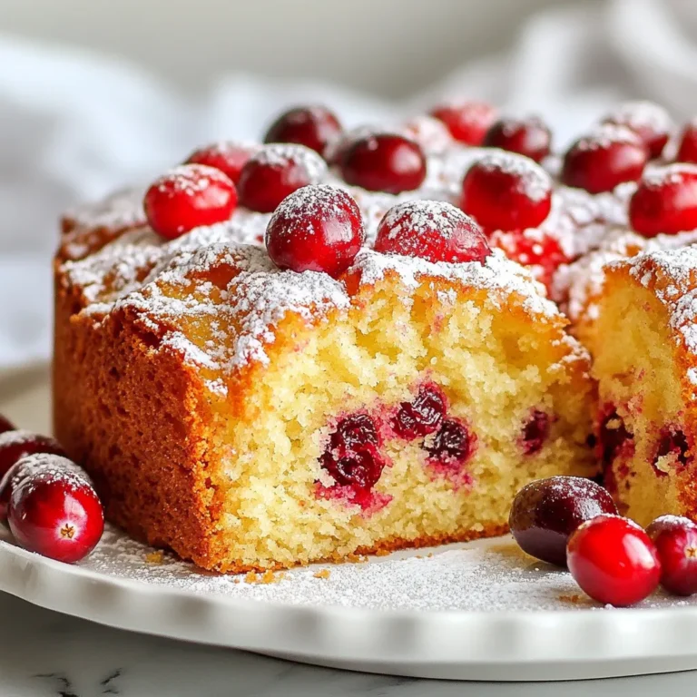 - 2 cups all-purpose flour - 1 cup granulated sugar - 1/2 cup unsalted butter - 1 cup fresh cranberries - 1/2 cup freshly squeezed orange juice - 1 tablespoon grated orange zest - 1 teaspoon baking powder - 1/2 teaspoon baking soda - 1/4 teaspoon fine salt - 2 large eggs - 1 teaspoon pure vanilla extract - 1/2 cup powdered sugar (for glaze) - 1 tablespoon milk (for glaze) When I make this cranberry orange coffee cake, I focus on fresh and vibrant ingredients. The combo of cranberries and orange brings a festive flavor that brightens any day. The all-purpose flour gives the cake its structure, while the sugar adds sweetness. I always use unsalted butter for a rich taste. The fruit ingredients are the stars of this cake. Fresh cranberries pop with tartness, while the orange juice and zest offer a citrus kick. Baking essentials like baking powder and baking soda help the cake rise just right. A pinch of fine salt balances the sweetness. I use large eggs, which add moisture and richness. The vanilla extract gives a lovely aroma. For a sweet glaze, I mix powdered sugar and milk. It adds that perfect finishing touch. Each ingredient plays a key role in creating this delightful treat. I love how they all blend to make a moist, flavorful cake that looks as good as it tastes. {{ingredient_image_2}} - Preheat oven to 350°F (175°C). - Grease and flour a 9-inch round cake pan. Start by warming up your oven. This helps the cake rise nicely. Next, take your cake pan. Grease it well with butter, then dust it lightly with flour. This step ensures the cake comes out easily when baked. - Cream butter and sugar until fluffy. - Incorporate eggs, vanilla, and orange zest. In a large bowl, mix the softened butter and sugar. Use a hand mixer or stand mixer for this. Beat them together until the mixture is light and fluffy. This step should take about three minutes. Then, add the eggs one at a time. Make sure to mix well after each egg. Next, stir in the vanilla and the orange zest. The zest adds a bright, fresh flavor. - Whisk together dry ingredients in a separate bowl. - Alternate adding dry mixture and orange juice to wet mixture. In another bowl, whisk together the flour, baking powder, baking soda, and salt. This helps to mix the dry ingredients evenly. Now, slowly add the dry mixture to the wet mixture. Do this while also adding the orange juice. Alternate between the two. Mix only until combined. Overmixing can make the cake tough. - Gently fold in cranberries. - Pour batter into the cake pan and smooth the top. - Bake for 35-40 minutes. Now, it's time to add the cranberries. Use a spatula to fold them gently into the batter. Be careful not to crush them. Next, pour the batter into your prepared cake pan. Smooth the top with a spatula for even baking. Place the pan in the oven and bake for 35-40 minutes. Check if it’s done by inserting a toothpick into the center. If it comes out clean, your cake is ready! - Cool cake in the pan for 10 minutes. - Transfer to wire rack and cool completely. - Drizzle optional glaze over cooled cake. Once the cake is baked, take it out of the oven. Let it cool in the pan for about 10 minutes. Then, carefully move it to a wire rack to cool fully. If you want to add a glaze, mix powdered sugar and milk in a small bowl. Drizzle this over the cooled cake for a sweet finish. Using room temperature ingredients is key. When butter and eggs are warm, they mix better. This makes your cake light and fluffy. Cold ingredients can lead to a dense texture, which is not what we want. To avoid overmixing, mix until just combined. When you add the dry mix to the wet mix, fold gently. Overmixing can create a tough cake. Use a spatula to blend the cranberries in lightly. Garnishing your cake makes a big difference. Add fresh cranberries and orange slices on top. This adds color and makes it look festive. A touch of powdered sugar on top gives a sweet, snowy finish. It also draws the eye and makes the cake more inviting. If your cake sinks, it may be undercooked. Always check with a toothpick. If it comes out wet, bake it a bit longer. For even cooking, make sure your oven is preheated. Rotate the cake halfway through baking. This helps it cook evenly on all sides. Pro Tips Use Fresh Cranberries: Opt for fresh cranberries instead of dried for a burst of tartness and a vibrant color in your coffee cake. Room Temperature Ingredients: Ensure your butter and eggs are at room temperature for easier mixing and a smoother batter. Don’t Overmix: Mix the batter just until combined to keep your coffee cake light and fluffy; overmixing can lead to a dense texture. Glaze Variations: Experiment with flavored glazes by adding orange extract or a splash of orange liqueur to the powdered sugar glaze for an extra zing. {{image_4}} You can make your cranberry orange coffee cake even better by adding nuts or seeds. Walnuts or pecans work great. They add a nice crunch and blend well with the soft cake. Simply chop the nuts and fold them in with the cranberries. You can add about half a cup for a perfect texture. If you like seeds, try adding sunflower seeds for a nut-free option. This small change boosts flavor and adds fun to each bite. The glaze can change the whole feel of the cake. You can stick with a simple sugar glaze, or try something new. A lemon glaze adds a zesty kick. Just mix powdered sugar with lemon juice until smooth. If you prefer vanilla, blend powdered sugar with vanilla extract and milk. Each glaze gives a sweet finish and makes the cake shine. Experiment with different flavors to find your favorite. You can still enjoy this delicious cake if you have special dietary needs. For a gluten-free version, swap out all-purpose flour for almond or coconut flour. Just remember to adjust the amount as these flours behave differently. If you're vegan, replace the eggs with flax eggs or applesauce. Use almond milk or soy milk instead of regular milk for the glaze. These changes let everyone enjoy the festive treat without worry. To keep your cranberry orange coffee cake fresh, wrap it tightly in plastic wrap. You can also use an airtight container. This helps keep moisture in and prevents the cake from drying out. Store it at room temperature for the best flavor. If your kitchen is warm, you may want to store it in the fridge. If you want to save some for later, you can freeze the coffee cake. First, let it cool completely. Then, wrap individual slices in plastic wrap. Place them in a freezer bag or an airtight container. To reheat, take a slice out and let it thaw in the fridge overnight. You can warm it in the microwave for about 15-20 seconds for a fresh taste. At room temperature, the cake lasts about 3 to 4 days. To keep it fresh longer, use a sealed container. This helps maintain its texture and flavor. For longer storage, freezing is your best option. Yes, you can use frozen cranberries in this recipe. They work well but may add some extra moisture. Just toss them in a bit of flour to coat before adding them to the batter. This helps prevent them from sinking to the bottom. If you use frozen cranberries, do not thaw them first. This keeps them firm and helps them hold their shape during baking. You can make this cake a day early. After it cools, wrap it tightly in plastic wrap. This keeps it fresh and moist. Store it at room temperature if you plan to eat it within a day. If you want to save it longer, consider freezing it. Wrap it well and place it in an airtight container. It can last for up to three months in the freezer. This cake pairs well with many drinks. Try serving it with coffee or tea for a cozy treat. You can also offer fresh orange juice or hot cocoa for a festive touch. For a side, consider yogurt or whipped cream. These add creaminess and balance the tartness of the cranberries. Absolutely! Doubling this recipe is easy. Just double all the ingredients and mix as usual. You may need to adjust the baking time slightly. Start checking for doneness a few minutes earlier than the original time. A toothpick inserted in the center should come out clean when it’s done. If you use a larger pan, make sure it’s deep enough for the batter. This post covered all you need to know about making a Cranberry Orange Coffee Cake. We outlined the key ingredients, step-by-step instructions, and tips for perfect results. You can easily customize the recipe to suit your taste with nuts or different glazes. Remember to store leftovers properly so you can enjoy them later. With this knowledge, you can confidently bake a delicious cake that impresses every time. Happy baking!