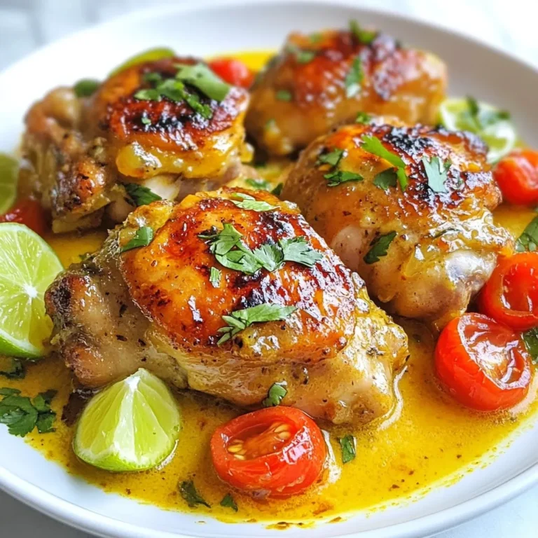 - 4 chicken thighs, skinless and boneless - 1 cup coconut milk, divided - 2 tablespoons coconut oil - 1 medium onion, finely chopped - 3 cloves fresh garlic, minced - 1 teaspoon fresh ginger, grated - 1 red bell pepper, sliced into thin strips - 1 cup cherry tomatoes, halved - 1 teaspoon smoked paprika - 1 teaspoon curry powder - Salt and freshly ground black pepper to taste - Fresh cilantro leaves for garnish - Juice of 1 lime To create Brazilian Coconut Chicken, you need simple and fresh ingredients. Start with chicken thighs that are skinless and boneless. They are moist and tender, perfect for this dish. You will also need coconut milk. This creamy milk gives the dish a rich flavor. Coconut oil adds a nice touch of sweetness and aroma. You will chop one onion finely. This will add flavor as you sauté it. Fresh garlic and ginger give this dish a fragrant kick. Use three cloves of garlic, minced, and one teaspoon of grated ginger. Next, you will slice one red bell pepper into thin strips. This adds color and crunch. Cherry tomatoes, halved, bring sweetness and juiciness. Smoked paprika and curry powder add depth to the flavor. Don't forget salt and pepper to taste. To finish, you will need fresh cilantro for a bright garnish and lime juice for a zesty finish. Each ingredient plays a key role. Together, they create a savory and flavorful dish that everyone will love. {{ingredient_image_2}} Start by placing the chicken thighs in a large mixing bowl. Add half of the coconut milk, minced garlic, and grated ginger. Sprinkle in the smoked paprika, curry powder, and some salt and pepper. Mix everything well so the chicken gets coated. Cover the bowl with plastic wrap and set it in the fridge. Let it marinate for at least 30 minutes. This helps build the flavors. Next, grab a large skillet and heat the coconut oil over medium heat. Once it melts, add the chopped onion. Cook it for about 5 minutes. You want it to become soft and translucent. After that, toss in the sliced red bell pepper. Cook for another 3 to 4 minutes until the peppers soften. Push the veggies to one side of the skillet. Place the marinated chicken thighs on the other side. Sear the chicken for about 4 to 5 minutes on each side. You are looking for a golden-brown crust. This step is key for great flavor. Make sure the chicken cooks all the way through. Check that it reaches an internal temperature of 165°F (75°C). Once the chicken is browned, pour in the rest of the coconut milk and add the halved cherry tomatoes. Stir gently to mix everything. Bring the mixture to a light simmer. Cover the skillet with a lid and let it cook for 20 to 25 minutes. This allows the chicken to become tender and soak in the coconut flavor. When the chicken is cooked, remove the skillet from heat. Squeeze fresh lime juice over the dish. This adds a bright flavor. Taste the sauce and adjust the seasoning with more salt or pepper if needed. Serve your creamy coconut chicken over fluffy rice or quinoa. For a pop of color and flavor, top with fresh cilantro leaves. This garnish makes the dish look great and adds a fresh taste. Enjoy your meal! - To ensure juicy chicken, marinate your chicken thighs for at least 30 minutes. - The longer you marinate, the better the flavor. Aim for up to two hours. - Try adding extra spices like cumin or coriander for more depth. - Use lime juice for a fresh taste, or lemon for a different zing. - Serve your coconut chicken with fluffy rice or quinoa. - For presentation, sprinkle fresh cilantro on top to add color and flavor. Pro Tips Marinate for Maximum Flavor: The longer you marinate the chicken, the more flavorful it will be. If time allows, try marinating it overnight for the best results. Use Full-Fat Coconut Milk: For a creamier sauce, opt for full-fat coconut milk instead of light versions. This will enhance the richness of the dish. Adjust Spice Levels: Feel free to adjust the amount of smoked paprika and curry powder to suit your taste preferences. Adding a pinch of cayenne can also give it an extra kick! Serving Suggestions: This dish pairs beautifully with rice, quinoa, or even a fresh salad. Consider adding a side of roasted vegetables for a complete meal. {{image_4}} You can swap chicken for shrimp or tofu. Both options work well with coconut milk. Shrimp cooks fast and adds a nice flavor. Tofu soaks up the spices and gives a hearty bite. Adjust cooking time for shrimp to just a few minutes. For tofu, sauté until golden before adding coconut milk. To make this dish vegetarian, skip the chicken and use a mix of vegetables. Bell peppers, zucchini, and eggplant work great. Sauté the vegetables just like you do the chicken. Then, add the coconut milk and simmer until tender. This version still captures the creamy and delicious flavor. Feel free to play with spices and herbs. Try adding cumin or turmeric for warmth. Fresh basil or parsley can bring brightness to the dish. You can also use chili flakes for heat. Mixing in lime zest adds a nice twist. Don’t be afraid to get creative! After enjoying your Brazilian Coconut Chicken, store any leftovers in an airtight container. Place it in the refrigerator. This dish stays fresh for up to four days. Make sure it cools to room temperature before sealing. This helps avoid extra moisture in the container. To reheat without drying out, use a skillet on low heat. Add a splash of coconut milk or water to keep it moist. You can also use the microwave. Cover the dish with a damp paper towel. This helps steam the chicken and keeps it tender. To freeze the dish, let it cool completely. Place it in a freezer-safe container, leaving space for expansion. It can stay in the freezer for up to three months. When ready to enjoy, thaw it overnight in the fridge. Reheat gently on the stove for the best taste and texture. Brazilian Coconut Chicken is a warm, creamy dish. It features chicken cooked in coconut milk. The dish has rich flavors from garlic, ginger, and spices. It’s a comforting meal that feels special and exotic. Yes, you can use other cuts of chicken. Bone-in chicken legs or breasts work well. Just adjust the cooking time to ensure they cook through. The key is to keep them juicy and flavorful. Coconut milk adds creaminess and flavor. If you don’t have it, use chicken broth or cashew cream. These alternatives will change the taste but still create a nice sauce. To add heat, mix in sliced jalapeños or red pepper flakes. You can also use spicy curry powder or hot sauce. Start with a little, then taste and add more if needed. You can marinate the chicken a day ahead. This helps the flavors develop. Cook the dish when you’re ready. It reheats well on the stove or in the microwave. Serve it with fluffy rice or quinoa for a great match. You can also add a fresh salad or roasted vegetables. These sides add color and balance to the meal. This recipe for Brazilian Coconut Chicken combines tasty ingredients and easy steps. You learned how to marinate chicken, sauté veggies, and cook everything together for rich flavor. I shared tips for juicy meat and added options for variations, from proteins to storage. Remember, cooking is about creativity. Don't hesitate to experiment with spices and sides. Enjoy making this dish, and share it with those you care about.