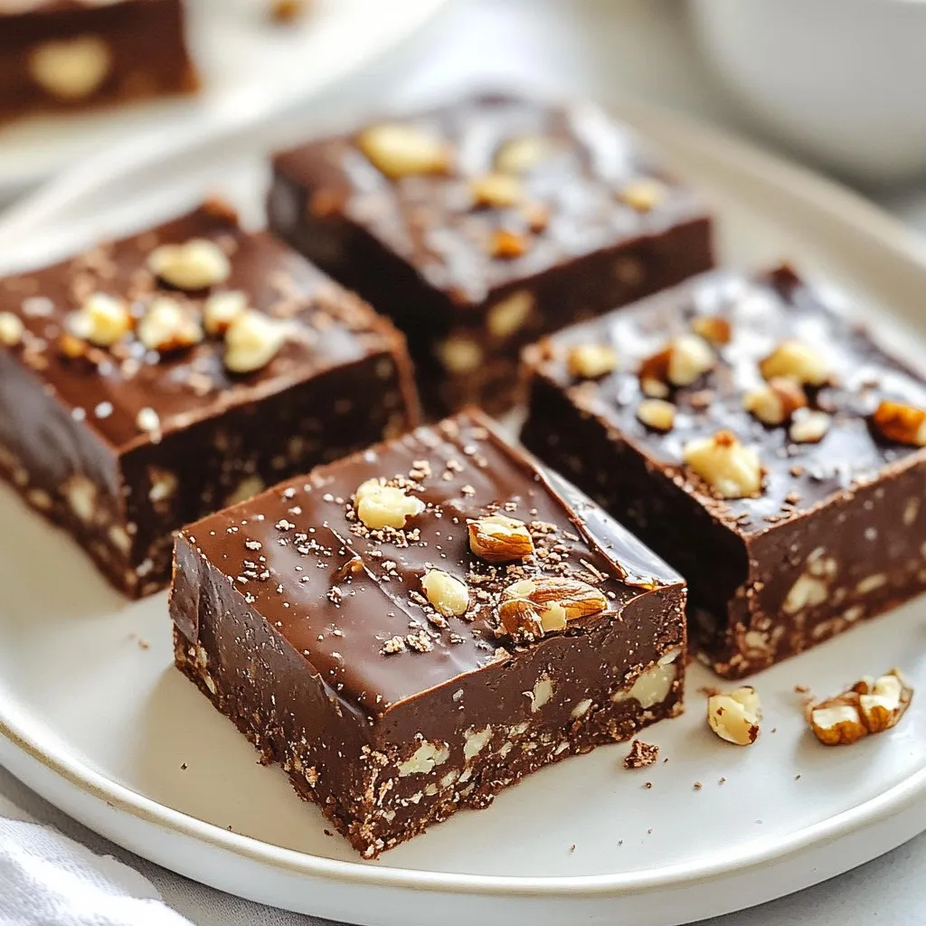 - 1 cup cocoa powder - 1/2 cup coconut oil, melted - 1/2 cup honey or maple syrup These key ingredients form the base of your homemade chocolate bars. Cocoa powder gives the bars their rich chocolate flavor. Coconut oil acts as the fat, helping to create a smooth texture. Sweeteners like honey or maple syrup add the needed sweetness without refined sugar. - 1/2 cup mixed nuts (almonds, walnuts, cashews), chopped - 1/4 cup dried fruit (cranberries, apricots), chopped (optional) - 1/4 cup dark chocolate chips (optional, for extra texture) Adding nuts gives a nice crunch to your bars. Dried fruit can add a sweet and chewy element. Dark chocolate chips can make the bars even richer. Feel free to mix and match these add-ins to suit your taste! - Mixing bowl - Whisk or spatula - Baking dish (8x8 inch) You will need a mixing bowl for combining your ingredients. A whisk or spatula helps to mix everything until smooth. An 8x8 inch baking dish is perfect for setting your chocolate mixture. Be sure to line it with parchment paper for easy removal later. {{ingredient_image_2}} Start by mixing your wet ingredients. In a medium bowl, combine 1/2 cup melted coconut oil, 1/2 cup honey or maple syrup, 1/4 cup almond milk, 1 teaspoon vanilla extract, and 1/4 teaspoon sea salt. Whisk these together until smooth. This mixture sets the stage for your chocolate bars. Next, incorporate the cocoa powder. Gradually sift in 1 cup cocoa powder while stirring with a spatula. Keep stirring until you have a thick and creamy chocolate mix. This step is key to achieving that rich chocolate flavor. Now comes the fun part—adding texture and flavor! Gently fold in 1/2 cup chopped mixed nuts and 1/4 cup chopped dried fruit if you choose to use it. You can also add 1/4 cup dark chocolate chips for extra crunch. Make sure everything is evenly mixed. This will give your bars a delightful bite. Once mixed, pour the chocolate mixture into a lined 8x8 inch baking dish. Use a spatula to spread it out evenly, ensuring it reaches all corners. A smooth surface makes for a better finish. To set the chocolate, place the dish in the refrigerator. Chill for at least 1-2 hours until firm. This step is crucial, as it helps the bars hold their shape. After chilling, carefully remove the chocolate slab using the parchment paper overhang. Cut into squares or rectangles. You can adjust the size to your liking. Enjoy these homemade chocolate bars fresh, or store them in an airtight container for up to two weeks! To make sure your chocolate is smooth, avoid lumps. When mixing, always sift in the cocoa powder slowly. This helps break up any clumps. Use a whisk or spatula to stir well. Mix until the chocolate is rich and creamy. When you fold in the nuts and fruits, do it gently. This keeps the chocolate mixture smooth and fluffy. You want every bite to have a nice texture. For a lovely finish, dust the top of your bars with cocoa powder. This adds a nice touch and makes your treats look fancy. You can also use garnishes. Fresh berries or mint leaves add color and flavor. Arrange your bars on a plate to impress your guests. One big mistake is over-melting the coconut oil. If it gets too hot, your chocolate can become too thin. Always melt it gently. Another mistake is not chilling the chocolate long enough. Make sure to let it set in the fridge for at least 1-2 hours. This step is key for firm, easy-to-cut bars. If you skip it, your bars will not hold their shape. Pro Tips Use High-Quality Cocoa Powder: For the richest chocolate flavor, opt for a high-quality unsweetened cocoa powder. This will elevate the taste of your Choco Delight Bars significantly. Experiment with Add-Ins: Feel free to get creative with your mix-ins! Try different combinations of nuts, seeds, or dried fruits to customize the flavor and texture to your liking. Chill Thoroughly: Make sure to let the bars chill in the refrigerator for the full 1-2 hours. This ensures they set properly and makes cutting them into neat squares much easier. Storage Tips: Keep your Choco Delight Bars in an airtight container in the fridge. You can also freeze them for longer storage; just wrap them well to prevent freezer burn! {{image_4}} You can make your chocolate bars even better by adding spices. A sprinkle of cinnamon brings warmth. If you like a kick, try adding chili powder. These spices give your bars a unique taste. You can also use nut butters like almond or peanut. They add creaminess and extra flavor. Just mix in a bit when you combine the wet ingredients. Want to make your bars vegan? Use maple syrup instead of honey. Replace almond milk with any plant-based milk. This way, everyone can enjoy your treats! If you need gluten-free options, use certified gluten-free oats. The nuts and fruits will keep your bars tasty and safe for all diets. Change your chocolate bars with the seasons! For the holidays, add peppermint extract for a fresh twist. You can also use pumpkin spice to celebrate fall. These flavors make your bars festive and fun. Just mix them in with the wet ingredients for a delicious change. To keep your Choco Delight Bars fresh, use an airtight container. Glass jars or plastic containers work well. Make sure the container seals tightly. This helps keep moisture and air out. I prefer glass for its durability and ease of cleaning. Store the bars in the refrigerator to maintain their shape and texture. These bars stay fresh for up to two weeks. After that, they may lose their taste and texture. Always check for any signs of spoilage before eating. If they smell off or look different, it’s best to throw them out. You can freeze these chocolate bars for longer storage. To freeze, wrap each bar in plastic wrap. Then place them in a freezer-safe bag. This helps prevent freezer burn. When you're ready to eat, let them thaw in the fridge overnight. Enjoy your chocolate treats even longer! To make chocolate bars with cocoa powder, start by mixing wet ingredients. Combine 1/2 cup melted coconut oil, 1/2 cup honey or maple syrup, 1/4 cup almond milk, 1 teaspoon vanilla extract, and 1/4 teaspoon sea salt in a bowl. Whisk until smooth. Next, sift in 1 cup cocoa powder. Stir continuously to avoid lumps. Mix until you get a thick, creamy texture. Then, fold in 1/2 cup chopped mixed nuts, 1/4 cup dried fruit, and 1/4 cup dark chocolate chips, if desired. Spread the mixture evenly in a lined 8x8 inch baking dish. Chill for 1-2 hours until firm. Slice into bars and enjoy! Yes, you can use different sweeteners! Honey and maple syrup work great. You can also try agave syrup or stevia for a lower-calorie option. Each sweetener adds its own flavor. Honey gives a floral taste, while maple adds a warm, earthy note. Adjust the amount to suit your taste. Experimenting with sweeteners can change the flavor and texture of your bars. Just keep the ratio similar to maintain the right consistency. To cut chocolate bars cleanly, use a sharp knife. First, let the bars chill completely. Then, lift them out of the baking dish using the parchment paper. Place the slab on a cutting board. Warm the knife blade under hot water for a few seconds, then wipe it dry. This helps create smooth cuts. Press down gently, and avoid sawing back and forth. Clean the knife between cuts for neat edges. Enjoy your perfectly cut chocolate bars! In this post, we explored making delicious chocolate bars with simple ingredients. We covered key elements like cocoa powder, coconut oil, and sweeteners, along with optional add-ins. You learned how to prepare your base, add texture, and set your bars. We shared tips to avoid common mistakes. I hope you feel confident to try these recipes and create your own variations. Enjoy your chocolate bars and share them with friends for a tasty treat!