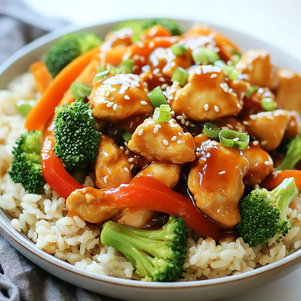 - 1 lb boneless, skinless chicken breast, cut into bite-sized cubes - 2 tablespoons low-sodium soy sauce - 1 tablespoon sesame oil - 1 tablespoon fresh ginger, finely grated - 2 cloves garlic, minced to a paste - 2 tablespoons honey or maple syrup (for a vegan option) - 1 tablespoon rice vinegar - 1 tablespoon cornstarch - 1 tablespoon water - 1 cup fresh broccoli florets, chopped - 1 red bell pepper, thinly sliced - 1 medium carrot, peeled and julienned (cut into thin strips) - 2 tablespoons toasted sesame seeds - Chopped green onions (for garnish, optional) - Cooked brown rice or quinoa, for serving In this recipe, I focus on fresh and simple ingredients. Using boneless, skinless chicken breast keeps it lean and healthy. The marinade is key to great flavor. Low-sodium soy sauce gives a nice umami kick without too much salt. Sesame oil adds a rich, nutty flavor. Fresh ginger and garlic bring warmth and depth. I love using honey or maple syrup to add sweetness. It balances the savory notes well. For veggies, I choose broccoli, red bell pepper, and carrots. They not only taste great but also add color and nutrition. Optional garnishes like toasted sesame seeds and chopped green onions give a nice finish. Serving over brown rice or quinoa makes the meal hearty and filling. This dish is not just healthy; it’s also a feast for your eyes and taste buds! {{ingredient_image_2}} Start by making the marinade. In a medium bowl, whisk together these ingredients: - 2 tablespoons low-sodium soy sauce - 1 tablespoon sesame oil - 1 tablespoon fresh ginger, finely grated - 2 cloves garlic, minced to a paste - 2 tablespoons honey or maple syrup - 1 tablespoon rice vinegar This mix gives your chicken a rich flavor. Make sure to blend them well. Next, add the chicken to the bowl. Use 1 pound of boneless, skinless chicken breast cut into bite-sized cubes. Coat each piece in the marinade. Cover the bowl and let it sit in the fridge for at least 30 minutes. This step helps enhance the flavors. Now, it's time to cook. Heat a large non-stick skillet or wok over medium-high heat. Carefully add the marinated chicken. Discard any leftover marinade. Sauté the chicken for about 5-7 minutes. Stir occasionally until it turns golden brown and is no longer pink in the center. It's time to add some color! In the skillet, toss in the fresh broccoli florets, sliced red bell pepper, and julienned carrot. Stir-fry these veggies with the chicken for about 4-5 minutes. You want them vibrant and just tender, but still crunchy. For a glossy finish, create a cornstarch slurry. Mix 1 tablespoon of cornstarch with 1 tablespoon of water in a small bowl. Once smooth, pour it into the skillet. Stir quickly to coat everything evenly. Cook for an additional 1-2 minutes until the sauce thickens up nicely. Finally, add the toasted sesame seeds to the skillet. Use 2 tablespoons to sprinkle over the chicken and veggies. Gently toss everything to mix well. Serve your sesame chicken over warm brown rice or fluffy quinoa. For a fresh touch, add chopped green onions. Enjoy your flavorful and nutritious meal! To make Healthy Sesame Chicken even better for you, reduce oil and sugar. Use less sesame oil in the marinade. Just one teaspoon can still give you great flavor. For sweetening, swap honey with mashed ripe bananas or applesauce. They add sweetness without extra sugar. You can also cut down on soy sauce. Try using a low-sodium version to keep salt levels low. To boost flavor, add fresh herbs and spices. Try adding a pinch of red pepper flakes for heat. Fresh cilantro or basil can bring a bright taste. You can also toss in some zesty lime juice right before serving. If you're feeling adventurous, add a splash of chili oil for depth. These small tweaks can make your dish burst with flavor. Having the right tools makes cooking easier. A non-stick skillet or wok is key for even cooking. Use a sharp chef's knife for cutting chicken and veggies. A whisk is great for mixing the marinade. Don't forget measuring spoons for accuracy! A cutting board and serving spoon will help you stay organized. With these tools, you'll whip up this meal in no time. Pro Tips Marinating Time: For the best flavor, marinate the chicken for at least 1 hour, or overnight if possible, to allow the flavors to penetrate deeply. Vegetable Crunch: To maintain a crunchy texture in your vegetables, add them to the skillet just a few minutes before the chicken is fully cooked. Sesame Seed Toasting: Toast sesame seeds in a dry skillet over medium heat for a few minutes until golden brown to enhance their nutty flavor. Serving Suggestions: Pair this dish with a side of steamed edamame or a simple cucumber salad for a refreshing contrast. {{image_4}} You can make a tasty vegan version of sesame chicken. Simply swap the chicken for tofu or chickpeas. Tofu absorbs flavors well, making it a great choice. Press the tofu to remove water before cooking. This step gives it a firmer texture. If you use chickpeas, you can use canned ones for ease. Just rinse and drain them before adding to the dish. For a gluten-free meal, choose gluten-free soy sauce or tamari. These sauces provide the same rich flavor without gluten. Always check labels to ensure they fit your diet. You can also use coconut aminos as a sweet and savory alternative. It’s a tasty option for those avoiding soy as well. Get creative with your sesame chicken by adding different veggies or proteins. You can toss in snap peas, bok choy, or mushrooms for extra crunch and nutrients. If you want more protein, consider adding shrimp or tempeh. Mixing in a variety of colorful veggies not only boosts nutrition but also makes your meal vibrant and appealing. After you cook your sesame chicken, let it cool. Use an airtight container for storage. This keeps your chicken fresh for up to four days. If you have leftovers, store them in the fridge right away. This helps prevent bacteria growth. When you are ready to enjoy your leftovers, use a skillet on medium heat. Add a splash of water or broth to keep it moist. Stir often until warmed through. You can also use a microwave. Place the chicken in a safe dish and cover it. Heat in short bursts, stirring in between, until hot. This will help keep the chicken juicy. If you want to save your sesame chicken for later, freezing is a great option. Portion out the chicken into freezer-safe bags. Remove as much air as possible before sealing. You can freeze it for up to three months. To thaw, place it in the fridge overnight. For a quick option, use the microwave on defrost. Once thawed, reheat as mentioned earlier for the best taste. You can swap honey or maple syrup for stevia or agave syrup. These options keep the sweetness without the added sugar. You can also use mashed ripe bananas or applesauce for natural sweetness. If you want to avoid sweeteners, add more ginger or garlic for flavor. Yes, frozen chicken works well! Just be sure to thaw it completely before cooking. This helps the chicken cook evenly. You can thaw it overnight in the fridge or use the microwave for a quick thaw. After thawing, cut it into bite-sized cubes, and you’re ready to marinate. Serve Healthy Sesame Chicken with brown rice or quinoa for a hearty meal. Steamed green beans, mixed greens, or a fresh salad make great sides too. You can also add some fruit, like slices of mango or pineapple, to balance the flavors. You can store Healthy Sesame Chicken in the fridge for up to four days. Make sure to place it in an airtight container. For longer storage, freeze it for up to three months. Just thaw it in the fridge before reheating. Enjoy your meal anytime! This blog post walks you through making Healthy Sesame Chicken. You learned about the main ingredients like chicken, marinade components, and veggies. I shared easy steps for marinating, cooking, and adding flavor with tips for healthy cooking and variations. You can make this dish fit your diet, whether you're vegan or gluten-free. Remember to store leftovers properly for the best taste. Enjoy this tasty recipe and feel confident in your cooking skills!