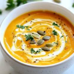To make Butternut Squash Pumpkin Soup, gather these key ingredients: - 1 medium butternut squash, peeled and diced into 1-inch cubes - 1 cup pumpkin puree (can be canned or made fresh) - 1 medium onion, finely chopped - 2 cloves garlic, minced - 1 large carrot, diced - 1 celery stalk, diced - 4 cups vegetable broth (low-sodium recommended) - 1 teaspoon ground cumin - 1 teaspoon ground cinnamon - 1/2 teaspoon ground nutmeg - Salt and freshly ground black pepper, to taste - 2 tablespoons olive oil (extra virgin preferred) - 1 cup coconut milk (for a creamy texture) - Toasted pumpkin seeds and freshly chopped parsley, for garnish You can enhance your soup with these optional ingredients: - A pinch of cayenne pepper for heat - A splash of apple cider vinegar for brightness - Fresh herbs like thyme or sage for depth You can adjust the recipe to fit your needs: - Use chicken broth instead of vegetable broth for added richness. - Swap coconut milk with almond milk for a lighter option. - For a nut-free version, skip the coconut milk and use more broth. - If you prefer a creamier base, try cashew cream instead of coconut milk. {{ingredient_image_2}} Start by gathering all your ingredients. You will need: - 1 medium butternut squash, peeled and diced into 1-inch cubes - 1 cup pumpkin puree (can be canned or made fresh) - 1 medium onion, finely chopped - 2 cloves garlic, minced - 1 large carrot, diced - 1 celery stalk, diced - 4 cups vegetable broth (low-sodium recommended) - 1 teaspoon ground cumin - 1 teaspoon ground cinnamon - 1/2 teaspoon ground nutmeg - Salt and freshly ground black pepper, to taste - 2 tablespoons olive oil (extra virgin preferred) - 1 cup coconut milk (for a creamy texture) - Toasted pumpkin seeds and freshly chopped parsley, for garnish Wash and peel the squash. Cut it into cubes so it cooks faster. Chop the onion, garlic, carrot, and celery. This makes the soup tasty and healthy. Heat olive oil in a large pot over medium heat. When the oil shimmers, add the onion, garlic, carrot, and celery. Sauté these for 5-7 minutes. You want them soft and the onion to turn clear. Next, add the butternut squash to the pot. Stir it well and let it cook for another 5 minutes. This helps the squash soak up the flavors. Now, sprinkle in the cumin, cinnamon, nutmeg, salt, and pepper. Toss everything to coat the vegetables. This step brings out the spices’ aroma. Pour in the vegetable broth and bring the mix to a boil. After it boils, lower the heat. Cover the pot and let it simmer for 20-25 minutes. The squash should be fork-tender. After the squash is tender, stir in the pumpkin puree and coconut milk. Mix well until everything is combined. Use an immersion blender to purée the soup until it is creamy. If you don't have one, you can use a traditional blender. Just be careful when transferring hot soup. Taste your soup. You may want to add more salt, pepper, or spices. If you want a thicker soup, let it simmer uncovered for a few minutes. Serve it hot, and don’t forget to garnish with toasted pumpkin seeds and chopped parsley. This adds a nice crunch and color. Enjoy your comforting bowl of butternut squash pumpkin soup! To build rich flavor, start by sautéing the onion and garlic. Heat olive oil in a pot and add them. Cook until soft and fragrant. Next, add diced carrots and celery. This mix adds depth to the soup. Don't rush this step; let them soften for a few minutes. When you add spices, let them cook with the vegetables. This helps release their aroma and taste. For a smooth texture, use coconut milk. This adds creaminess without dairy. After cooking the squash, add pumpkin puree and coconut milk. Blend everything until it’s silky. If you want it thicker, simmer without the lid for a bit. This helps some liquid evaporate and thickens the soup nicely. Serve your soup hot in cozy bowls or mugs. Garnish with toasted pumpkin seeds for crunch. A sprinkle of fresh parsley adds color. If you like, drizzle more coconut milk on top for a nice touch. Pair this soup with crusty bread or a fresh salad for a complete meal. Enjoy the warmth and comfort in each bowl! Pro Tips Roasting the Squash: For a deeper flavor, consider roasting the butternut squash before adding it to the soup. Simply toss the cubes with olive oil, salt, and pepper, and roast at 400°F (200°C) for 25-30 minutes until caramelized. Spice Variation: Feel free to experiment with different spices such as ginger or cayenne pepper to give the soup a unique twist. A pinch of smoked paprika can also add a lovely depth. Storage Tips: This soup can be stored in the refrigerator for up to 5 days or frozen for up to 3 months. Make sure to cool it completely before transferring to airtight containers. Garnish Ideas: Besides pumpkin seeds and parsley, consider adding a swirl of chili oil or a dollop of sour cream for extra flavor and visual appeal. {{image_4}} You can make this soup your own by adding different vegetables. Sweet potatoes can add a nice touch. Try adding leeks for a mild onion flavor. You might also like to throw in some spinach or kale for extra nutrition. For spices, consider smoked paprika or ginger. These spices can add depth and warmth. Adjust the amounts based on your taste. Remember, cooking is all about experimenting. This soup is naturally vegan and gluten-free. The coconut milk gives it a creamy texture without dairy. Make sure to use a gluten-free vegetable broth. You can also skip the olive oil and use vegetable broth for sautéing. If you want more protein, add some lentils or chickpeas. These will help make the soup heartier. You can change this soup with the seasons. In the fall, stick with butternut squash and pumpkin. In winter, add roasted root vegetables like parsnips or turnips. Spring brings fresh peas or asparagus. In summer, use zucchini or fresh corn. Each season adds its own flavor. You’ll find new tastes and textures every time you make it. Store your soup in an airtight container. This keeps it fresh. Make sure to let it cool first. It can stay in the fridge for about 3 to 5 days. Before serving, always check for any off smells or changes in color. To freeze your soup, pour it into freezer-safe bags or containers. Leave some space at the top for expansion. The soup can last up to 3 months in the freezer. When you're ready to enjoy it, thaw it overnight in the fridge. Avoid refreezing once thawed. Reheat your soup on the stove over low heat. Stir often to avoid burning. If it seems too thick, add a splash of vegetable broth or coconut milk. You can also use a microwave. Heat in short bursts and stir in between to ensure even warming. Yes, you can use fresh pumpkin. Just roast or steam it first. This way, you keep the sweet and rich flavor. Fresh pumpkin adds a lovely texture, too. The soup lasts about 4 to 5 days in the fridge. Store it in an airtight container. Make sure to let it cool down before you cover it. This soup pairs well with crusty bread or a fresh salad. A sprinkle of cheese adds a nice touch. You could also serve it with roasted veggies for a hearty meal. This article covered the key ingredients and steps to make a great soup. We explored both required and optional ingredients, plus substitutions for special diets. I shared useful tips to enhance flavor and achieve perfect creaminess. You can also try various vegetables or spices for a fresh taste each season. In the end, you can store this soup easily and enjoy it again later. Following these steps will help you create a delicious dish that you can share with others. Enjoy your cooking!