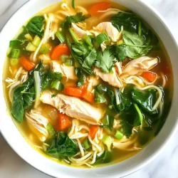 - 1 lb boneless, skinless chicken thighs, cut into cubes - 2 tablespoons olive oil - 1 large onion, finely diced - 4 cloves garlic, minced - 2-inch piece of fresh ginger, grated - 6 cups chicken broth - 2 cups water - 4 oz rice noodles or egg noodles Chicken thighs give this soup a rich flavor and soft texture. Ginger and garlic provide warmth and spice. Broth is the base, while noodles make it hearty. - 2 cups fresh spinach, loosely packed - 1 medium carrot, julienned - 3 green onions, thinly sliced - 1 tablespoon soy sauce - 1 tablespoon sesame oil Spinach adds a bright green color and nutrients. Carrots bring a slight sweetness and crunch. Soy sauce and sesame oil deepen the flavors. - Salt, to taste - Freshly cracked pepper, to taste - Fresh cilantro leaves for garnish Salt and pepper balance the flavors. Cilantro adds a fresh touch and aroma. Use these ingredients to make the soup shine. Each ingredient plays a key role in this ginger garlic chicken noodle soup. Together, they create a comforting dish that warms both the body and soul. {{ingredient_image_2}} Start by gathering all your ingredients. Chop the onion finely. Mince the garlic into small pieces. Grate the ginger using a fine grater. Cut the chicken thighs into bite-sized cubes. Julienne the carrot into thin strips. Slice the green onions thinly. Finally, measure out the spinach and set it aside. Heat two tablespoons of olive oil in a large pot over medium heat. Add the diced onion and sauté it for about five minutes. You want the onion soft and clear. Next, add the minced garlic and grated ginger. Stir and cook for two more minutes, letting the lovely smells fill your kitchen. Now, add the cubed chicken thighs. Cook them for five to seven minutes until they turn brown and are no longer pink. Pour in six cups of chicken broth and two cups of water. Stir well and bring it all to a rolling boil. Once boiling, lower the heat and let it simmer uncovered for ten minutes. This helps the flavors come together nicely. After that, add your choice of noodles and the julienned carrot. Cook for another five minutes until the noodles are soft. Gently stir in the fresh spinach, soy sauce, and sesame oil. Season with salt and cracked pepper to your liking. Let the soup simmer for an extra two to three minutes. This step helps the spinach wilt and adds flavor. Serve the hot noodle soup in bowls. Garnish with sliced green onions and fresh cilantro for a colorful finish. Enjoy your comforting bowl of ginger garlic chicken noodle soup! To make your soup shine, focus on the seasoning. Start with homemade chicken stock if possible. It adds depth. If you use store-bought stock, taste it first. You might need extra salt or pepper. Add these slowly. Taste as you go. This ensures the right balance. Choosing the right noodles is key. Rice noodles work well, but egg noodles add a rich taste. Cooking times vary. Rice noodles take about 5 minutes, while egg noodles may need 7-10 minutes. Always check the package for exact times. Don't overcook them; they can turn mushy quickly. Storing leftovers correctly helps maintain flavor. Let the soup cool down first. Use airtight containers for storage. It can stay in the fridge for 3-4 days. If you want to keep it longer, freeze it. For reheating, the stovetop is best. Heat gently to avoid overcooking the noodles. Pro Tips Marinate for Extra Flavor: Consider marinating the chicken in a mixture of ginger, garlic, and soy sauce for at least 30 minutes before cooking. This infuses more flavor into the meat. Use Fresh Ingredients: Fresh ginger and garlic elevate the soup's flavor. If possible, avoid pre-minced or powdered versions for the best taste. Customize Your Veggies: Feel free to add other vegetables like bell peppers or bok choy to the soup. This not only enhances nutrition but also adds vibrant colors. Storage Tips: If you have leftovers, store the noodles and soup separately to prevent the noodles from becoming mushy. Reheat gently before serving. {{image_4}} You can easily swap proteins in this soup. If you want a leaner option, try chicken breast. For a plant-based twist, use tofu or tempeh. You can also switch to shrimp for a seafood version. If you need gluten-free noodles, rice noodles work great. Just make sure to check the package for cooking times. For vegan adaptations, replace chicken with mushrooms and use vegetable broth. Skip the soy sauce or choose a low-sodium brand for a healthier option. You can also omit the sesame oil if you need to avoid oils. These changes keep the soup tasty while meeting dietary needs. Want to boost the flavor? Add spices like chili flakes for heat or cumin for warmth. A squeeze of lime or lemon juice brightens the dish, making it refreshing. Fresh herbs like basil or mint can add a unique twist. Experiment with these enhancements to find your favorite taste! To keep your Ginger Garlic Chicken Noodle Soup fresh, follow these steps: - Refrigerating: Store the soup in an airtight container. It lasts up to 4 days. - Freezing: For longer storage, freeze it in portions. Use freezer-safe bags or containers. It can stay good for up to 3 months. - Shelf Life: Always check for any off smells or changes in color before eating. When it's time to enjoy your soup again, you have two great options: - Microwave: Pour the soup into a microwave-safe bowl. Heat it for 2-3 minutes, stirring halfway. - Stovetop: Pour the soup into a pot. Heat over medium until warm, stirring often. This can bring back some flavors. Choosing the right container is key for storage: - Glass Containers: They are great for storing soup. They keep the flavors and are easy to clean. - Plastic Containers: Make sure they are BPA-free and safe for freezing. - Freezer Bags: These save space and are perfect for freezing portions. Just remember to seal them tight! Yes, you can. If you want to switch the chicken, try turkey. It works well too. You can use chicken breasts or even pork. Just make sure to adjust the cooking time. Always cook the meat until it’s safe to eat. To make this soup vegetarian, use tofu or tempeh instead of chicken. Both give nice texture. Swap chicken broth for vegetable broth. This keeps the soup flavorful without meat. Absolutely! You can add many veggies to this soup. Try bell peppers for crunch, or mushrooms for earthiness. Broccoli or zucchini also work well. Just chop them small and add them when the noodles cook. In this post, we explored how to make a delicious chicken noodle soup. We discussed main and additional ingredients, gave step-by-step cooking instructions, and shared tips for the best flavor. You learned how to adjust for dietary needs and store leftovers. Remember, cooking is fun! Experiment with flavors and make the recipe your own. Enjoy your warm bowl of soup, and feel free to share your tasty results!