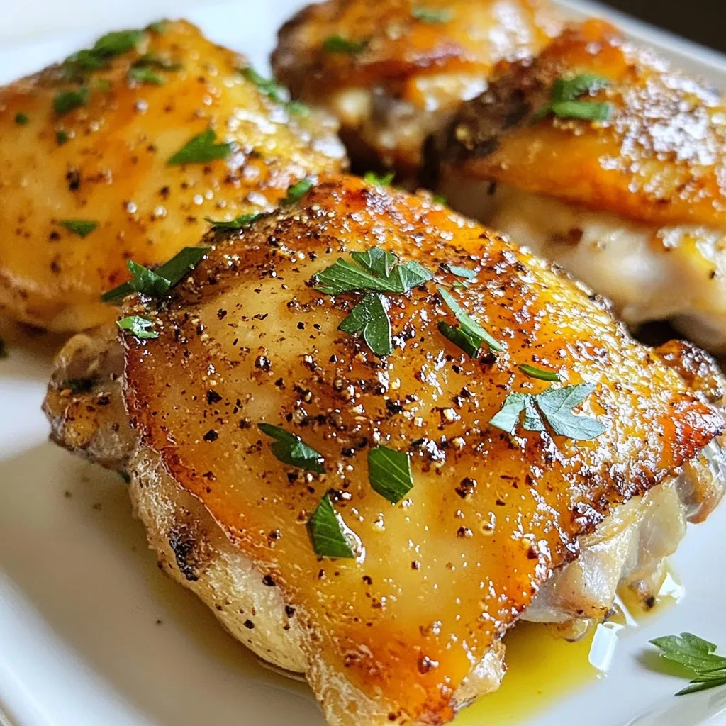 - 6 chicken thighs, skin-on and bone-in - 2 tablespoons ranch seasoning mix - 1 tablespoon olive oil - 1 teaspoon garlic powder - 1 teaspoon onion powder - ½ teaspoon paprika - ½ teaspoon freshly ground black pepper - ½ teaspoon salt - 1 tablespoon fresh parsley, finely chopped - 1 tablespoon lemon juice {{ingredient_image_2}} Set your oven to 400°F (200°C). This temperature helps the chicken cook evenly. It also makes the skin very crispy, which is key for great flavor. Use paper towels to pat the chicken thighs dry. This step is very important. Drying the chicken helps the skin get crispy when it bakes. If the skin is wet, it will not crisp up well. In a small bowl, mix the ranch seasoning, garlic powder, onion powder, paprika, black pepper, and salt. Stir well to combine. This spice mix is where the flavor magic happens. Make sure all the spices are evenly mixed for the best taste. Drizzle olive oil over each chicken thigh. Use your hands to rub it in so it coats well. Next, sprinkle the spice mixture on both sides of the chicken. Make sure every part has a good layer of seasoning. This ensures that every bite is full of flavor. Place the chicken thighs skin-side up on a lined baking sheet. The parchment paper makes cleanup easy. Bake the chicken for 35-40 minutes. Check the skin; it should be golden brown and crispy. Use a meat thermometer to check that the internal temperature is 165°F (74°C). This means the chicken is fully cooked and safe to eat. If you want a burst of flavor, drizzle lemon juice over the cooked chicken before serving. This adds a bright taste that really enhances the dish. It's optional, but it can make a big difference in flavor. To get that golden, crispy skin, first dry the chicken. Use paper towels to pat the thighs dry. Moisture makes the skin soggy, so this step is key. The drier the skin, the better it will crisp up in the oven. For easy cleanup and great results, line your baking sheet with parchment paper. This helps prevent sticking and makes sure the skin stays crispy. It also saves time when you wash up, making your cooking process a breeze. Using a meat thermometer is the best way to check if your chicken is done. Insert it into the thickest part of the thigh, avoiding the bone. You want it to read 165°F (74°C). This ensures your chicken is safe to eat and juicy. Pro Tips Pat the Chicken Dry: Ensure the chicken thighs are thoroughly dried with paper towels before seasoning. This helps achieve crispy skin during baking. Use Parchment Paper: Lining your baking sheet with parchment paper not only makes for easy cleanup but also prevents the chicken from sticking. Check Internal Temperature: Always use a meat thermometer to ensure the chicken thighs reach an internal temperature of 165°F (74°C) for safe consumption. Resting Time: Let the chicken rest for a few minutes after baking. This allows the juices to redistribute, resulting in more tender and flavorful meat. {{image_4}} You can mix things up with different seasoning blends. Instead of ranch, try a lemon herb mix or a spicy Cajun blend. You can also use Italian seasoning or barbecue rubs for a tasty twist. Just remember to adjust the salt, as some blends may be saltier than ranch. While I love baking these thighs, grilling is another great option. Grilling gives a smoky flavor and crispy edges, which many enjoy. Just make sure your grill is hot and prepped well. Cook the thighs until they reach 165°F, just like in the oven. Pair your ranch baked chicken thighs with sides that complement the flavors. Roasted veggies like carrots and broccoli work well. You can also serve creamy mashed potatoes or a fresh garden salad. These sides make a full meal that everyone will love. You can store leftover ranch baked chicken thighs in the fridge. Place them in an airtight container. They will stay fresh for up to three days. This makes it easy to enjoy your meal later. For longer storage, you can freeze the chicken thighs. Wrap each thigh in plastic wrap or foil. Then, place them in a freezer bag. Remove as much air as possible for better longevity. They can last up to three months in the freezer. When you're ready to eat, simply thaw them in the fridge overnight. To reheat the chicken thighs, use the oven for the best results. Preheat your oven to 350°F (175°C). Place the thighs on a baking sheet. Heat them for about 15-20 minutes. This method keeps the skin crispy and the meat juicy. You can also use a microwave, but the skin won't be as crispy. Yes, you can use boneless chicken thighs. They will cook faster than bone-in ones. You should check for doneness at around 25 to 30 minutes. This way, you ensure they stay juicy and tender. You can easily make a homemade ranch seasoning. Mix equal parts of dried dill, garlic powder, and onion powder. Add salt and pepper. This mix gives a fresh taste and works well in the recipe. Chicken thighs are done when they reach an internal temperature of 165°F (74°C). You can check this with a meat thermometer. Also, the juices should run clear, and the meat should not be pink. These signs show that your chicken is cooked just right. This blog post covered everything you need to make tasty chicken thighs. I shared key ingredients like chicken, ranch seasoning, and olive oil. You learned step-by-step instructions to ensure a perfect bake. Tips on achieving crispy skin and checking doneness helped refine your skills. Variations opened new ideas for seasoning and cooking. Remember, proper storage keeps leftovers tasty. Enjoy your cooking, and don’t be afraid to experiment! With these tips, you’ll impress your family and friends with your delicious meals.