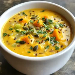 For a rich and tasty Pumpkin Wild Rice Soup, you need a few key ingredients. Here&rsquo;s what to gather: - 1 cup wild rice, thoroughly rinsed - 6 cups vegetable broth, homemade or store-bought - 2 cups pumpkin puree, either canned or freshly made - 1 medium onion, finely diced - 2 cloves of garlic, minced - 3 carrots, peeled and diced - 2 celery stalks, diced - 1 cup creamy coconut milk - 1 teaspoon ground sage - 1 teaspoon dried thyme - Salt and black pepper to taste - 2 tablespoons extra virgin olive oil - Fresh parsley, finely chopped, for garnish - Pumpkin seeds (optional) for added crunch These ingredients work together to create a warm, comforting soup. Wild rice offers a nutty flavor and chewy texture. The pumpkin adds a creamy consistency and a hint of sweetness. Each vegetable brings its own taste, making the soup colorful and nutritious. The coconut milk adds richness and a subtle sweetness that balances the savory notes from the herbs. Using fresh herbs like sage and thyme enhances the soup&rsquo;s aroma, making each bowl smell divine. You can adjust the ingredients to fit your taste. For example, add more carrots or use different herbs. Enjoy cooking with these delightful ingredients! {{ingredient_image_2}} To start, we need to saut&eacute; the vegetables. Heat two tablespoons of olive oil in a large pot over medium heat. Add one medium onion, two cloves of minced garlic, three diced carrots, and two diced celery stalks. Cook these for about 5 to 7 minutes. You want them soft and the onion to turn translucent. This step builds the base flavor of the soup. Next, we add herbs for great taste. Sprinkle in one teaspoon of ground sage and one teaspoon of dried thyme. Stir these in for about a minute. This lets the herbs release their lovely aroma into the mix. Timing here is key. You want to add the herbs just before the rice so they flavor the soup well. Now it&rsquo;s time to cook the rice. Add one cup of rinsed wild rice to the pot. Pour in six cups of vegetable broth. Increase the heat to bring the mixture to a gentle boil. Once it&rsquo;s boiling, reduce the heat, cover the pot, and let it simmer. Check the rice after about 30 to 40 minutes. You want it tender, but not mushy. To finish, mix in two cups of pumpkin puree and one cup of creamy coconut milk. Stir until well combined. Let the soup simmer uncovered for another 10 minutes. This helps all the flavors blend together beautifully. Finally, taste the soup and adjust the seasoning. Add salt and black pepper as needed. Remember, this is your soup, so make it just right for you! To boost the flavor of your Pumpkin Wild Rice Soup, try adding fresh herbs like rosemary or dill. Fresh herbs make a big difference. They add brightness and depth to your soup. You can also experiment with spices like cumin or paprika for a warm twist. Remember, fresh ingredients matter, too! They bring out the best flavors in your dishes. Use ripe pumpkins and fresh vegetables whenever possible. The taste will shine through. Saut&eacute;ing vegetables right is key for great soup. Start by heating olive oil in a heavy-bottomed pot. This type of pot distributes heat evenly, helping your veggies cook perfectly. When you add your diced onion, garlic, carrots, and celery, stir often. You want them soft and fragrant, but not brown. This should take about 5-7 minutes. Once they are ready, adding herbs at this point will release their flavors. For a beautiful presentation, serve the soup in rustic bowls. A sprinkle of fresh parsley on top makes it pop. You can also drizzle a bit of coconut milk on the surface for creaminess. If you want a crunchy element, toss some pumpkin seeds on top. This adds texture and flavor. To complete your meal, pair the soup with warm bread or a fresh salad. It makes for a cozy, filling experience. Pro Tips Use Fresh Pumpkin: If possible, use fresh pumpkin for a richer flavor. Roast it beforehand for added sweetness and depth in your soup. Adjust Consistency: If the soup is too thick for your liking, simply add more vegetable broth or water until you reach your desired consistency. Flavor Enhancements: For an extra layer of flavor, consider adding a splash of apple cider vinegar or a squeeze of lemon juice just before serving. Make it Spicy: If you enjoy a bit of heat, add a pinch of cayenne pepper or some diced jalape&ntilde;os to the saut&eacute;ed vegetables. {{image_4}} You can make this soup vegan by using vegetable broth and coconut milk. Both options ensure a rich, creamy texture without dairy. For gluten-free needs, check the broth label to ensure it contains no gluten. Many brands offer gluten-free options that won't compromise taste. If you want to swap wild rice, try brown rice or quinoa. Both grains cook well in soups and add their own unique flavors. For more nutrition, consider adding sweet potatoes or kale. These veggies boost vitamins and minerals while keeping the soup hearty. You can switch up the squash for different tastes. Butternut or acorn squash works well in this recipe. They add sweetness and creaminess, just like pumpkin. Consider adding fresh herbs in spring, like basil or chives. In winter, use rosemary or sage for a warm, cozy feel. Each season brings a new twist to your soup! To store leftover soup, let it cool first. Then, transfer it to an airtight container. It helps to leave some space at the top for expansion. Store it in the fridge for up to 4-5 days. This keeps it fresh and tasty. For the best quality, freeze the soup in portion-sized containers. Make sure each container is airtight. This prevents freezer burn. You can freeze it for up to 3 months. When ready to eat, thaw the soup in the fridge overnight. Reheat it on the stove over low heat, stirring often until hot. Portion the soup into single servings. This makes it easy to grab and go. You can also combine it with a salad or a sandwich for a meal. This saves time and ensures you have a wholesome dinner ready. How long does pumpkin wild rice soup last in the fridge? Pumpkin wild rice soup can last up to five days in the fridge. Store it in an airtight container. Make sure it cools down before you put it away. This keeps the soup fresh and tasty. Can I use fresh pumpkin instead of puree? Yes, you can use fresh pumpkin. Just peel, chop, and cook it until soft. Then, blend it until smooth. This gives a nice texture and fresh flavor to your soup. What should I do if my soup is too thick? If your soup is too thick, add a little vegetable broth or water. Stir well and heat it up. This will help get the right consistency without losing flavor. Can I make this soup ahead of time? Yes, you can make this soup ahead of time. It tastes even better the next day! Just store it in the fridge and reheat it when you are ready to enjoy. What are the health benefits of wild rice? Wild rice is rich in fiber, protein, and minerals. It helps with digestion and keeps you full. It also has antioxidants, which are great for your health. Is this soup suitable for children? Yes, this soup is suitable for children. It has mild flavors and is packed with healthy ingredients. You can adjust the seasoning to suit their taste. Plus, the creamy texture is often a hit! This pumpkin wild rice soup combines rich flavors and is easy to make. You learned about the ingredients, cooking process, and how to serve it beautifully. You can customize this soup to fit your tastes and dietary needs. Whether you plan to store leftovers or enjoy a fresh bowl, this recipe has it covered. Now you can impress anyone with a satisfying meal that warms the heart and nourishes the body. Dive in and enjoy your delicious creation!