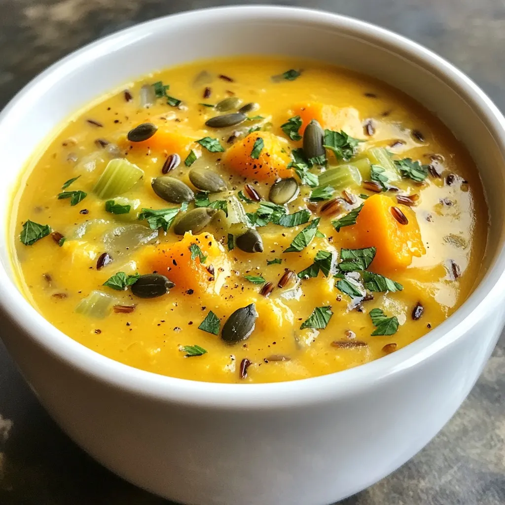 For a rich and tasty Pumpkin Wild Rice Soup, you need a few key ingredients. Here’s what to gather: - 1 cup wild rice, thoroughly rinsed - 6 cups vegetable broth, homemade or store-bought - 2 cups pumpkin puree, either canned or freshly made - 1 medium onion, finely diced - 2 cloves of garlic, minced - 3 carrots, peeled and diced - 2 celery stalks, diced - 1 cup creamy coconut milk - 1 teaspoon ground sage - 1 teaspoon dried thyme - Salt and black pepper to taste - 2 tablespoons extra virgin olive oil - Fresh parsley, finely chopped, for garnish - Pumpkin seeds (optional) for added crunch These ingredients work together to create a warm, comforting soup. Wild rice offers a nutty flavor and chewy texture. The pumpkin adds a creamy consistency and a hint of sweetness. Each vegetable brings its own taste, making the soup colorful and nutritious. The coconut milk adds richness and a subtle sweetness that balances the savory notes from the herbs. Using fresh herbs like sage and thyme enhances the soup’s aroma, making each bowl smell divine. You can adjust the ingredients to fit your taste. For example, add more carrots or use different herbs. Enjoy cooking with these delightful ingredients! {{ingredient_image_2}} To start, we need to sauté the vegetables. Heat two tablespoons of olive oil in a large pot over medium heat. Add one medium onion, two cloves of minced garlic, three diced carrots, and two diced celery stalks. Cook these for about 5 to 7 minutes. You want them soft and the onion to turn translucent. This step builds the base flavor of the soup. Next, we add herbs for great taste. Sprinkle in one teaspoon of ground sage and one teaspoon of dried thyme. Stir these in for about a minute. This lets the herbs release their lovely aroma into the mix. Timing here is key. You want to add the herbs just before the rice so they flavor the soup well. Now it’s time to cook the rice. Add one cup of rinsed wild rice to the pot. Pour in six cups of vegetable broth. Increase the heat to bring the mixture to a gentle boil. Once it’s boiling, reduce the heat, cover the pot, and let it simmer. Check the rice after about 30 to 40 minutes. You want it tender, but not mushy. To finish, mix in two cups of pumpkin puree and one cup of creamy coconut milk. Stir until well combined. Let the soup simmer uncovered for another 10 minutes. This helps all the flavors blend together beautifully. Finally, taste the soup and adjust the seasoning. Add salt and black pepper as needed. Remember, this is your soup, so make it just right for you! To boost the flavor of your Pumpkin Wild Rice Soup, try adding fresh herbs like rosemary or dill. Fresh herbs make a big difference. They add brightness and depth to your soup. You can also experiment with spices like cumin or paprika for a warm twist. Remember, fresh ingredients matter, too! They bring out the best flavors in your dishes. Use ripe pumpkins and fresh vegetables whenever possible. The taste will shine through. Sautéing vegetables right is key for great soup. Start by heating olive oil in a heavy-bottomed pot. This type of pot distributes heat evenly, helping your veggies cook perfectly. When you add your diced onion, garlic, carrots, and celery, stir often. You want them soft and fragrant, but not brown. This should take about 5-7 minutes. Once they are ready, adding herbs at this point will release their flavors. For a beautiful presentation, serve the soup in rustic bowls. A sprinkle of fresh parsley on top makes it pop. You can also drizzle a bit of coconut milk on the surface for creaminess. If you want a crunchy element, toss some pumpkin seeds on top. This adds texture and flavor. To complete your meal, pair the soup with warm bread or a fresh salad. It makes for a cozy, filling experience. Pro Tips Use Fresh Pumpkin: If possible, use fresh pumpkin for a richer flavor. Roast it beforehand for added sweetness and depth in your soup. Adjust Consistency: If the soup is too thick for your liking, simply add more vegetable broth or water until you reach your desired consistency. Flavor Enhancements: For an extra layer of flavor, consider adding a splash of apple cider vinegar or a squeeze of lemon juice just before serving. Make it Spicy: If you enjoy a bit of heat, add a pinch of cayenne pepper or some diced jalapeños to the sautéed vegetables. {{image_4}} You can make this soup vegan by using vegetable broth and coconut milk. Both options ensure a rich, creamy texture without dairy. For gluten-free needs, check the broth label to ensure it contains no gluten. Many brands offer gluten-free options that won't compromise taste. If you want to swap wild rice, try brown rice or quinoa. Both grains cook well in soups and add their own unique flavors. For more nutrition, consider adding sweet potatoes or kale. These veggies boost vitamins and minerals while keeping the soup hearty. You can switch up the squash for different tastes. Butternut or acorn squash works well in this recipe. They add sweetness and creaminess, just like pumpkin. Consider adding fresh herbs in spring, like basil or chives. In winter, use rosemary or sage for a warm, cozy feel. Each season brings a new twist to your soup! To store leftover soup, let it cool first. Then, transfer it to an airtight container. It helps to leave some space at the top for expansion. Store it in the fridge for up to 4-5 days. This keeps it fresh and tasty. For the best quality, freeze the soup in portion-sized containers. Make sure each container is airtight. This prevents freezer burn. You can freeze it for up to 3 months. When ready to eat, thaw the soup in the fridge overnight. Reheat it on the stove over low heat, stirring often until hot. Portion the soup into single servings. This makes it easy to grab and go. You can also combine it with a salad or a sandwich for a meal. This saves time and ensures you have a wholesome dinner ready. How long does pumpkin wild rice soup last in the fridge? Pumpkin wild rice soup can last up to five days in the fridge. Store it in an airtight container. Make sure it cools down before you put it away. This keeps the soup fresh and tasty. Can I use fresh pumpkin instead of puree? Yes, you can use fresh pumpkin. Just peel, chop, and cook it until soft. Then, blend it until smooth. This gives a nice texture and fresh flavor to your soup. What should I do if my soup is too thick? If your soup is too thick, add a little vegetable broth or water. Stir well and heat it up. This will help get the right consistency without losing flavor. Can I make this soup ahead of time? Yes, you can make this soup ahead of time. It tastes even better the next day! Just store it in the fridge and reheat it when you are ready to enjoy. What are the health benefits of wild rice? Wild rice is rich in fiber, protein, and minerals. It helps with digestion and keeps you full. It also has antioxidants, which are great for your health. Is this soup suitable for children? Yes, this soup is suitable for children. It has mild flavors and is packed with healthy ingredients. You can adjust the seasoning to suit their taste. Plus, the creamy texture is often a hit! This pumpkin wild rice soup combines rich flavors and is easy to make. You learned about the ingredients, cooking process, and how to serve it beautifully. You can customize this soup to fit your tastes and dietary needs. Whether you plan to store leftovers or enjoy a fresh bowl, this recipe has it covered. Now you can impress anyone with a satisfying meal that warms the heart and nourishes the body. Dive in and enjoy your delicious creation!