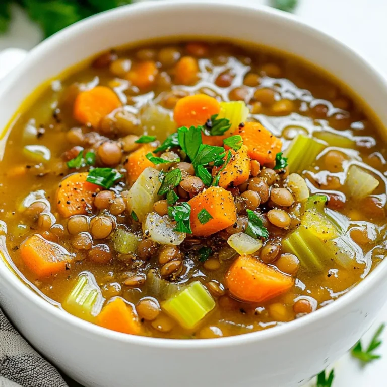 - 1 cup green or brown lentils, thoroughly rinsed - 1 medium onion, finely chopped - 2 carrots, peeled and diced - 2 celery stalks, diced - 3 cloves garlic, minced - 1 can (14 oz) diced tomatoes with their juices - 6 cups vegetable broth (low-sodium recommended) The main star of this dish is the lentils. They are packed with protein and fiber. I prefer green lentils for their firm texture, but brown lentils work too. Both types give a nice base for the soup. Next, I add fresh vegetables. The onion adds sweetness, while the carrots and celery give crunch and flavor. Garlic brings warmth and depth to each bite. Together, these ingredients create a rich and vibrant taste. Don't forget the diced tomatoes! They add acidity and a beautiful color to the mix. The vegetable broth helps blend all the flavors together. I always choose low-sodium broth for better control over the saltiness. - 1 tablespoon extra virgin olive oil - 1 teaspoon dried thyme - 1 teaspoon ground cumin - 1 bay leaf - Sea salt and freshly cracked black pepper, to taste - Fresh parsley, chopped (for garnish) Seasoning makes this soup truly shine. I use olive oil for richness. Dried thyme and ground cumin add warmth and earthy notes. The bay leaf infuses a subtle flavor that ties everything together. Adjust the salt and pepper to your liking. This step is key! Before serving, I taste the soup and tweak the seasoning. Finally, I finish the soup with fresh parsley. It adds a pop of color and a fresh taste. When you serve it, the parsley brightens the bowl and makes it look inviting. The blend of these ingredients ensures your crockpot lentil soup is both flavorful and nutritious. {{ingredient_image_2}} 1. Rinsing lentils: Start by rinsing 1 cup of green or brown lentils under cool water. This step removes any dirt or debris. You want clean lentils for the best flavor. 2. Chopping vegetables: Chop 1 medium onion, 2 peeled carrots, and 2 celery stalks. Dice them into small pieces for even cooking. Mince 3 cloves of garlic. Fresh veggies add great taste. 1. Layering ingredients in the crockpot: In your crockpot, add the rinsed lentils first. Then, layer the chopped onion, diced carrots, and celery. Next, add the minced garlic. Pour in 1 can of diced tomatoes and 6 cups of vegetable broth. This mixture gives your soup a rich base. 2. Cooking times for low and high settings: Drizzle 1 tablespoon of olive oil over the mix. Sprinkle in 1 teaspoon of dried thyme, 1 teaspoon of ground cumin, and add 1 bay leaf. Gently stir all the ingredients to mix them well. Cover your crockpot and cook on low for 6-8 hours or on high for 4-5 hours. The lentils should be tender when done. 3. Adjusting flavor before serving: About 30 minutes before serving, taste the soup. Adjust the flavor with sea salt and freshly cracked black pepper to your liking. Don’t forget to remove the bay leaf before serving. Ladle the hot soup into bowls and garnish with chopped parsley for a fresh touch. Enjoy your hearty meal! - Selecting lentils: Choose green or brown lentils. They hold their shape well. Avoid red lentils for this recipe. They cook faster and turn mushy. - Chopping vegetables: Cut your onion, carrots, and celery into small, equal pieces. This ensures they cook evenly. Use a sharp knife to make chopping easy. - Even cooking: Layer the ingredients well in the crockpot. Place lentils at the bottom. This helps them cook evenly. Stir the mixture gently before cooking. - Spices and herbs: Use dried thyme and ground cumin. They add warmth and depth. For a twist, try adding smoked paprika or a pinch of cayenne. - Boosting nutrition: Add leafy greens like spinach or kale. They cook down and add vitamins. You can also include cooked quinoa or chopped nuts for protein. Pro Tips Soak Your Lentils: For even creamier lentils, soak them in water for a few hours or overnight before cooking. This can help reduce cooking time and improve texture. Customize Your Vegetables: Feel free to add or substitute other vegetables such as bell peppers, zucchini, or spinach to enhance flavor and nutrition. Add Heat: If you enjoy a bit of spice, consider adding a pinch of red pepper flakes or a diced jalapeño to the soup for some heat. Storage Tips: This soup stores well in the refrigerator for up to a week or can be frozen for up to three months. Just remember to cool it completely before freezing. {{image_4}} You can make this soup your own by adding different vegetables. Try bell peppers, zucchini, or even sweet potatoes. Each vegetable brings a new taste and texture. You can also think about adding protein. Sausage adds a rich flavor, while tofu keeps it light and healthy. Just chop the protein into small pieces and mix it in during cooking. Explore global flavors with your lentil soup. For a Mediterranean twist, add olives, feta cheese, and a squeeze of lemon. This will give your soup a bright and tangy taste. If you want something spicy, try an Indian version. Add curry powder or garam masala for warmth. You can even toss in some coconut milk for creaminess. These ideas will take your soup to new heights! After enjoying your soup, let it cool down. Once it’s cool, you can store it safely. - Refrigeration guidelines: Place the soup in an airtight container. It can stay fresh in the fridge for about 3 to 5 days. Make sure to label the container with the date. - Freezing portions for later use: If you want to keep the soup longer, freezing is a great option. Divide it into smaller portions. Use freezer-safe bags or containers. It can last up to 3 months in the freezer. Remember to leave some space in the container for expansion. When it’s time to heat up your soup, follow these methods to keep it tasty. - Proper methods for reheating soup: You can reheat the soup on the stove or in the microwave. If using the stove, heat it in a pot over medium heat. Stir it often to avoid sticking. For the microwave, use a microwave-safe bowl. Heat for 1-2 minutes, stirring halfway through. - Maintaining texture and flavor: Add a splash of broth or water if the soup seems thick. Stir well to mix it. This helps keep the lentils soft and the flavors bright. Enjoy your warm bowl of goodness! Can I use different types of lentils? Yes, you can use many types of lentils. Green and brown lentils work best for this soup. They hold their shape well during cooking. You can also try red lentils, but they cook faster and become mushy. Adjust your cooking time if you use them. How do I adjust the recipe for a smaller batch? To make a smaller batch, reduce each ingredient by half. Use ½ cup of lentils and 3 cups of vegetable broth. You can also cut the vegetables down to fit your needs. This way, you still get that rich flavor without making too much soup. Is lentil soup healthy? Yes, lentil soup is very healthy. Lentils are packed with protein, fiber, and essential nutrients. They help keep you full and satisfied. The fresh veggies boost vitamins and minerals, making this soup a nutritious choice. What are the calories per serving? Each serving has about 200 calories. This can vary based on the exact ingredients you use. The soup is filling and low in calories, making it a great option for meals. In this blog post, we explored how to make delicious crockpot lentil soup. We covered key ingredients like lentils, fresh veggies, and seasoning. I shared step-by-step instructions for preparing and cooking the soup. You learned tips for enhancing flavor and storing leftovers. Crockpot lentil soup is easy to customize based on your taste. This dish is nutritious and satisfying. With the right ingredients and care, anyone can make a hearty meal.