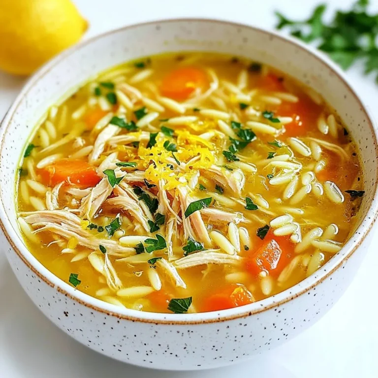 - 1 pound boneless, skinless chicken breasts - 6 cups chicken broth - 1 cup orzo pasta - 2 large carrots, diced - 1 onion, finely chopped - 3 cloves garlic, minced - 1 teaspoon dried oregano - Salt and pepper to taste - Juice and zest of 2 lemons - 3 large eggs - 2 tablespoons olive oil - Fresh parsley, chopped for garnish Greek Lemon Chicken Soup is bright and hearty. You start with chicken breasts, which give the soup protein. The chicken broth adds rich flavor and warmth. Orzo pasta makes the soup filling and fun to eat. Next, the vegetables bring color and taste. Diced carrots add sweetness, while onions give depth. Garlic adds a strong, fragrant note that makes the soup smell amazing. A pinch of dried oregano brings an earthy touch. For the finishing touches, the juice and zest of lemons give a bright, fresh flavor. The eggs make the soup creamy and smooth. Olive oil adds richness, and parsley brightens each bowl with color and flavor. Each ingredient plays a key role, making the soup a perfect mix of comfort and health. {{ingredient_image_2}} - Heat 2 tablespoons of olive oil in a large pot over medium heat. - Add 1 finely chopped onion. Sauté for about 5 minutes until it turns translucent and aromatic. - Stir in 3 minced garlic cloves and 2 diced carrots. Cook for 2 more minutes until the garlic smells great. - Place 1 pound of boneless, skinless chicken breasts into the pot. - Pour in 6 cups of chicken broth. Turn up the heat to bring it to a gentle boil. - Once boiling, lower the heat and let it simmer for about 15 minutes until the chicken is fully cooked. - Carefully take the chicken out of the pot and let it cool a bit. - Add 1 cup of orzo pasta and 1 teaspoon of dried oregano to the broth. Let it cook for 8-10 minutes until the orzo is just right. - Shred the chicken into bite-sized pieces while the orzo cooks. - In a bowl, whisk together 3 eggs, the juice, and zest of 2 lemons until smooth. - To temper the eggs, add a ladle of hot broth to the egg mix while stirring. This keeps the eggs from scrambling. - Gradually add the egg mixture back to the pot while stirring. - Mix the shredded chicken back into the soup. Season it with salt and pepper to taste. - Heat the soup for another 2-3 minutes until warm. - Serve hot, garnishing each bowl with fresh chopped parsley for extra flavor and color. For the best flavor, use homemade chicken broth. It adds depth and richness. If you want a tangy taste, adjust the lemon juice. Start with a little, then taste and add more if needed. This way, you control the soup's acidity. When cooking orzo, keep an eye on the time. Overcooked orzo turns mushy. Aim for al dente. If you don't have orzo, try rice or quinoa instead. These alternatives taste great and add a unique twist to your soup. Tempering eggs is key to a smooth soup. To avoid scrambling, slowly mix hot broth into the egg mixture. Whisk continuously as you add the broth. This helps keep the eggs creamy. Once combined, pour the mixture back into the pot while stirring. This method gives you a rich, velvety texture. Pro Tips Use Fresh Ingredients: Always opt for fresh lemons and quality chicken to enhance the flavor of your soup. Control the Temperature: Temper the eggs with hot broth before adding them to the soup to prevent curdling and achieve a creamy texture. Customize Your Veggies: Feel free to add other vegetables like spinach or zucchini for added nutrition and flavor. Perfect Your Orzo: Keep an eye on the orzo while cooking; it should be tender but still slightly firm (al dente) to provide the best texture in your soup. {{image_4}} You can add your own spin to Greek lemon chicken soup. Here are some ideas: - Incorporating regional spices: Try adding a pinch of cumin or coriander for warmth. These spices can give your soup a unique taste, drawing from Middle Eastern flavors. A dash of smoked paprika can also add depth. - Substituting different pasta: While orzo is traditional, feel free to swap it out for other small pasta types. You can use ditalini or even rice if you prefer. Each choice will change the texture in a fun way. Making this soup fit your diet is easy: - Making it gluten-free: To keep this soup gluten-free, simply replace the orzo with gluten-free pasta or rice. This swap keeps the comfort without gluten. - Vegetarian variations: For a vegetarian twist, skip the chicken and use vegetable broth. Add chickpeas or tofu for protein. This keeps the soup filling and hearty. Explore different ingredients for variety: - Using different types of protein: If you want to change things up, use turkey or even shrimp. Each protein brings its own flavor and texture to the dish. - Adding seasonal vegetables: Feel free to toss in seasonal veggies like spinach, zucchini, or peas. They not only add color but also boost nutrition. This soup can be a canvas for your favorite vegetables. To store leftovers, let the soup cool to room temperature. Then, pour it into an airtight container. Seal it tightly to keep it fresh. You can refrigerate the soup for up to three days. It’s best to eat it within this time for great taste. If you want to freeze the soup, use freezer-safe containers or bags. Leave some space at the top, as soup expands when frozen. This soup can last up to three months in the freezer. To thaw, place it in the fridge overnight. For quick thawing, you can use the microwave. There are a few ways to reheat the soup. You can warm it on the stove over low heat. Stir often to avoid sticking. You can also reheat it in the microwave, using a microwave-safe bowl. Cover it loosely to let steam escape. To keep the soup's texture, add a splash of broth if it seems thick. Enjoy your comforting bowl of soup! Greek Lemon Chicken Soup, also known as Avgolemono, is a classic dish from Greece. It combines bright lemon flavor with tender chicken and creamy egg. This soup is a hug in a bowl. It brings warmth and comfort, especially during cold days. In Greece, families often share this soup during holidays and special occasions. Its rich taste and creamy texture make it loved by many. Yes, you can make this soup in advance. I recommend preparing it up to the point of adding the eggs. Store the soup in the fridge for a day. When you are ready to serve it, heat the soup gently. Temper the eggs before adding them to keep the soup creamy. This way, you will avoid a grainy texture. Greek Lemon Chicken Soup pairs well with various sides. I suggest serving it with warm, crusty bread or a fresh salad. You can also enjoy it with a side of roasted vegetables. These options complement the soup's flavors nicely. They add a nice crunch and balance to the meal. To adjust the recipe for more servings, simply scale up the ingredients. For example, if you want to serve eight, double the chicken and broth. Use two cups of orzo instead of one. Keep the lemon juice and eggs in balance. This way, you maintain the creamy texture and flavor. Always taste and adjust the seasonings as needed. This blog provided a simple guide to making Greek Lemon Chicken Soup. We covered the key ingredients, step-by-step instructions, and tips to enhance your dish. Remember, using fresh broth and adjusting the lemon can boost the flavor. Explore variations to suit your taste and dietary needs. Whether you store leftovers or reheat, enjoy this comforting soup any time. Creating this dish is not just about food; it's a warm experience to share with others. Now, grab your ingredients and start cooking!