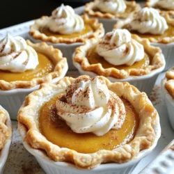 To make mini pumpkin pies, you need these simple items: - 1 cup canned pumpkin puree - 1/2 cup evaporated milk - 1/3 cup brown sugar, packed - 1/4 cup granulated sugar - 1 large egg - 1 teaspoon pumpkin pie spice - 1/2 teaspoon vanilla extract - 1/4 teaspoon salt - 1 package of pre-made pie crusts (typically contains 2 crusts) These ingredients come together to create a rich and creamy filling. The canned pumpkin makes it easy to get that perfect texture. For a special touch, consider these garnishes: - Whipped cream (for serving) - Ground cinnamon (for garnish) Both add sweetness and a nice look to your mini pies. A dollop of whipped cream makes them feel fancy! If you need alternatives, here are some ideas: - Instead of evaporated milk, use heavy cream for a richer taste. - Brown sugar can be swapped for white sugar if needed. - If you don’t have pumpkin pie spice, mix cinnamon, nutmeg, and ginger. These substitutes help you adapt the recipe based on what you have at home. {{ingredient_image_2}} First, you need to preheat your oven to 425°F (220°C). This step is key for baking. While the oven warms, take your pie crust from the package. Place it on a lightly floured surface. Roll it out to make it even. Use a round cookie cutter or a cup to cut out circles. Each circle should be about 4 inches wide. Next, take a muffin tin and place each pie crust circle into it. Gently press down to shape them. Use a fork to poke small holes in each crust. This helps keep the crust flat while baking. In a large mixing bowl, add the canned pumpkin puree. Then, pour in the evaporated milk and add both sugars. Crack in one large egg. Next, sprinkle in the pumpkin pie spice, vanilla extract, and salt. Whisk all these ingredients together. Mix until the filling is smooth and well combined. The color should be a lovely orange hue. This will be the heart of your mini pies. Now it's time to pour the pumpkin filling into your pie crusts. Fill each one about three-quarters full. This gives the pie room to expand while baking. Place the muffin tin in your preheated oven. Bake for 15-20 minutes. You’ll know they are done when a toothpick comes out clean from the center. Once baked, remove the tin from the oven. Let the mini pies cool for about 10 minutes inside the tin. This helps them set. After cooling, gently take them out of the tin. Now, they are ready to serve. Enjoy them warm or at room temperature! To make great mini pumpkin pies, follow these steps: - Use fresh ingredients: Canned pumpkin is easy, but fresh pumpkin gives better flavor. - Chill your crust: A cold crust helps it hold its shape when baking. - Don’t overfill: Fill each crust three-quarters full. This prevents spilling over during baking. - Check for doneness: Insert a toothpick in the center. It should come out clean when done. Proper storage keeps your pies fresh. Here’s how: - Refrigerate: Store leftovers in an airtight container in the fridge for up to four days. - Freeze: You can freeze these pies for up to three months. Wrap them well in plastic wrap. - Reheat: For best results, reheat in the oven at 350°F (175°C) for about 10 minutes. This keeps the crust crispy. Avoid these errors for perfect pies: - Skipping the pricking step: Always prick the crust to prevent bubbling. - Not whisking enough: Make sure your filling is smooth. Lumps can ruin the texture. - Ignoring cooling time: Let the pies cool before serving. This helps set the filling. These tips will help you make mini pumpkin pies that are both delightful and delicious. Enjoy your baking! Pro Tips Chill the Dough: Refrigerate the pie crust for about 30 minutes before rolling it out. This helps to keep the crust flaky and prevents it from shrinking while baking. Use Fresh Pumpkin Spice: For a more intense flavor, consider making your own pumpkin pie spice using equal parts ground cinnamon, nutmeg, and ginger, along with a pinch of allspice. Check for Doneness: Instead of just relying on the time, check if the filling is set by inserting a toothpick. If it comes out clean, the pies are ready! Presentation Matters: For a festive touch, serve your mini pumpkin pies with whipped cream in a piping bag and sprinkle some cinnamon or nutmeg on top for an attractive finish. {{image_4}} Crustless mini pumpkin pies are a great choice for those who want a lighter treat. You can skip the crust by using a muffin tin. Just grease the cups well. Pour the filling directly into the cups. Bake as usual. These pies will have a smooth and creamy texture. They are also gluten-free, making them perfect for guests with dietary needs. To make vegan mini pumpkin pies, swap out the egg and evaporated milk. Use a flax egg instead. Mix one tablespoon of ground flaxseed with three tablespoons of water. Let it sit for a few minutes to thicken. For the milk, choose almond or coconut milk. The flavors will still be rich and delicious. You won’t miss the dairy! Get creative with your mini pumpkin pies! You can add different spices for extra depth. Try a pinch of nutmeg or ginger. For a chocolate twist, fold in some mini chocolate chips. You can also mix in chopped nuts for crunch. If you like a sweeter pie, add more brown sugar or maple syrup. Each variation brings a new taste to enjoy. After baking, let your mini pumpkin pies cool. Once cooled, place them in an airtight container. This keeps them fresh for a longer time. Store them in the refrigerator. They will stay good for about 3 to 4 days. If you want to enjoy them later, refrigeration is key. Cover each pie with plastic wrap if you don’t have a container. You can freeze mini pumpkin pies for later. First, let them cool completely. Place each pie in a single layer in a freezer-safe bag. Squeeze out the air before sealing. Alternatively, use a container with a tight lid. They can last up to 2 months in the freezer. When you're ready to eat, thaw them overnight in the fridge. In the fridge, mini pumpkin pies last for 3 to 4 days. If you freeze them, they stay good for about 2 months. Always check for signs of spoilage. Look for changes in color or smell. Enjoy these sweet treats fresh for the best taste! Yes, you can use fresh pumpkin. First, you need to cook and puree it. Cut the pumpkin and remove the seeds. Bake it until soft, then scoop out the flesh. Blend the flesh until smooth. This will give a fresh taste but may require extra work. Canned pumpkin is convenient and consistent, which saves time. To reheat mini pumpkin pies, preheat your oven to 350°F (175°C). Place the pies on a baking sheet. Cover them with foil to keep them moist. Heat for about 10-15 minutes. You can also use a microwave. Heat them on a plate for 20-30 seconds, checking often. This keeps them warm without drying out. Yes, you can make mini pumpkin pies ahead of time. Bake them and let them cool completely. Store them in an airtight container in the fridge for up to three days. You can also freeze them for longer storage. Just wrap them tightly in plastic wrap, then foil. Thaw in the fridge before serving. We covered how to make delicious mini pumpkin pies from start to finish. You learned about key ingredients, step-by-step baking instructions, and tips for perfect results. Remember to explore variations like crustless or vegan options to suit your taste. With proper storage, your pies can last longer and remain tasty. Use the FAQs to clear up any doubts. Enjoy baking these treats and share them with friends and family! You’ll impress everyone with your skills.