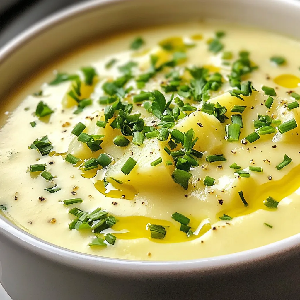 To make this soup, gather these key ingredients: - 4 large russet potatoes, peeled and diced into 1-inch cubes - 1 medium yellow onion, finely chopped - 3 garlic cloves, minced - 4 cups low-sodium vegetable broth - 1 cup heavy cream (substitute with coconut cream for a dairy-free version) - 2 tablespoons extra-virgin olive oil - 1 teaspoon dried thyme - Salt and freshly ground black pepper, to taste - Fresh chives or parsley, finely chopped, for garnish You can easily modify this soup to fit your needs: - For a vegan option, use coconut cream instead of heavy cream. - Swap the vegetable broth for homemade broth if you prefer. - If you don't have russet potatoes, Yukon Golds work well too. - Add more garlic for extra flavor, or use shallots instead of onion. Having the right tools makes cooking easier: - A large, heavy-bottomed pot for even cooking. - An immersion blender for smooth soup blending. - A cutting board and sharp knife for chopping. - Measuring cups and spoons for precise amounts. - Ladles for serving the soup. {{ingredient_image_2}} First, gather all your ingredients. You need russet potatoes, onion, garlic, and broth. Start by peeling the potatoes. Dice them into 1-inch cubes for even cooking. Next, chop the onion finely. Mince the garlic cloves. This prep helps the flavors blend well in the soup. In a large pot, heat extra-virgin olive oil over medium heat. When it’s warm, add the chopped onion. Sauté for about 5 minutes. You want the onion to be soft and slightly golden. Then, stir in the minced garlic and dried thyme. Cook for one more minute. This step releases a great aroma. Next, add the diced potatoes and pour in the vegetable broth. Turn the heat up to bring it to a gentle boil. Once it boils, reduce the heat to low. Let it simmer uncovered for 15 to 20 minutes. You’ll know it’s ready when the potatoes are fork-tender. After the potatoes are tender, it’s time to blend. If you have an immersion blender, use it directly in the pot. Blend until the soup is smooth and creamy. If you don’t have one, carefully transfer the soup to a standard blender. Blend in batches, letting steam escape to avoid splatter. Return the blended soup to low heat. Stir in the heavy cream or coconut cream. Heat it through, but don’t let it boil. Now it’s time to season! Add salt and freshly cracked black pepper to taste. To serve, ladle the soup into bowls. Garnish with chopped chives or parsley. This adds color and flavor. Enjoy your warm, rustic creamy potato soup! To boost the creaminess of your soup, consider adding more heavy cream. You can also use sour cream or cream cheese for a rich texture. If you want a dairy-free option, use coconut cream. Blend the soup longer for a smoother consistency. Always taste and adjust the cream to your liking. Sometimes the soup can turn out too thick. If this happens, add a splash of vegetable broth to thin it out. If it tastes bland, season with more salt and pepper. If your potatoes are not soft enough, let them simmer longer. Use a fork to check if they’re tender. For a beautiful presentation, ladle the soup into bowls and add a swirl of cream on top. Scatter fresh chives or parsley for a pop of color. You can also place a whole chive in the center for an elegant touch. Serve with crusty bread for a lovely meal. Pro Tips Use Fresh Herbs: Incorporating fresh thyme or parsley at the end of cooking will enhance the flavor profile of your soup and add a vibrant color contrast. Texture Variation: For added texture, reserve some diced potatoes before blending and stir them back into the soup after pureeing. Optimal Creaminess: For the smoothest texture, make sure to blend the soup until completely silky, and avoid overcooking the potatoes to prevent them from becoming too mushy. Garnish Smartly: Instead of just chives or parsley, try adding crispy bacon bits or a sprinkle of smoked paprika for an extra layer of flavor and visual appeal. {{image_4}} You can easily make this soup dairy-free. Instead of heavy cream, use coconut cream. It adds a nice, creamy texture. You can also try almond milk or oat milk for a lighter version. Just make sure to adjust the seasoning since these options can change the taste. Want to boost the nutrition? Add vegetables like carrots or celery. Chop them small and add them when you sauté the onions. You can also mix in spinach or kale toward the end. This adds color and packs in vitamins. If you like heat, try adding red pepper flakes. Start with a pinch and adjust to taste. You can also toss in diced jalapeños for a bold flavor. Top the soup with hot sauce for an extra kick. This makes the soup exciting and fun! You can store leftover soup in the fridge. Use an airtight container. This keeps it fresh for up to 3 days. Let the soup cool before sealing it. This helps avoid steam build-up. When you want to reheat, pour the soup into a pot. Heat it over medium-low heat. Stir often until it’s hot. You can also use a microwave. Heat in short bursts, stirring in between. This helps it heat evenly. For long-term storage, freezing is great. Let the soup cool first. Then, pour it into freezer-safe bags or containers. Leave some space at the top for expansion. You can freeze it for up to 3 months. To eat, thaw overnight in the fridge before reheating. Yes, you can use other potatoes. Yukon Gold potatoes work well. They add a creamy texture and a buttery flavor. Red potatoes are another option. They hold their shape better but can still blend nicely. To make this soup vegan, swap the heavy cream for coconut cream. You can also use cashew cream for a rich taste. Ensure that the vegetable broth is vegan too. This way, you keep all the great flavors without dairy. To change the thickness, adjust the amount of broth. If you want it thicker, use less broth. For a thinner soup, add more broth. You can also blend longer if you want a smoother consistency. This soup pairs well with crusty bread or a fresh salad. Grilled cheese sandwiches make a great side too. For a fun twist, try adding crispy bacon bits or croutons on top for extra crunch. You now have all the details to make a great rustic creamy potato soup. We covered the key ingredients, helpful tools, and easy step-by-step instructions. You also learned tips for making it creamier and ideas for fun variations. Plus, I shared how to store leftovers and answer common questions. Enjoy making this cozy soup for yourself or to share. It's comforting, tasty, and good for you. Dive into your kitchen and let the magic happen!