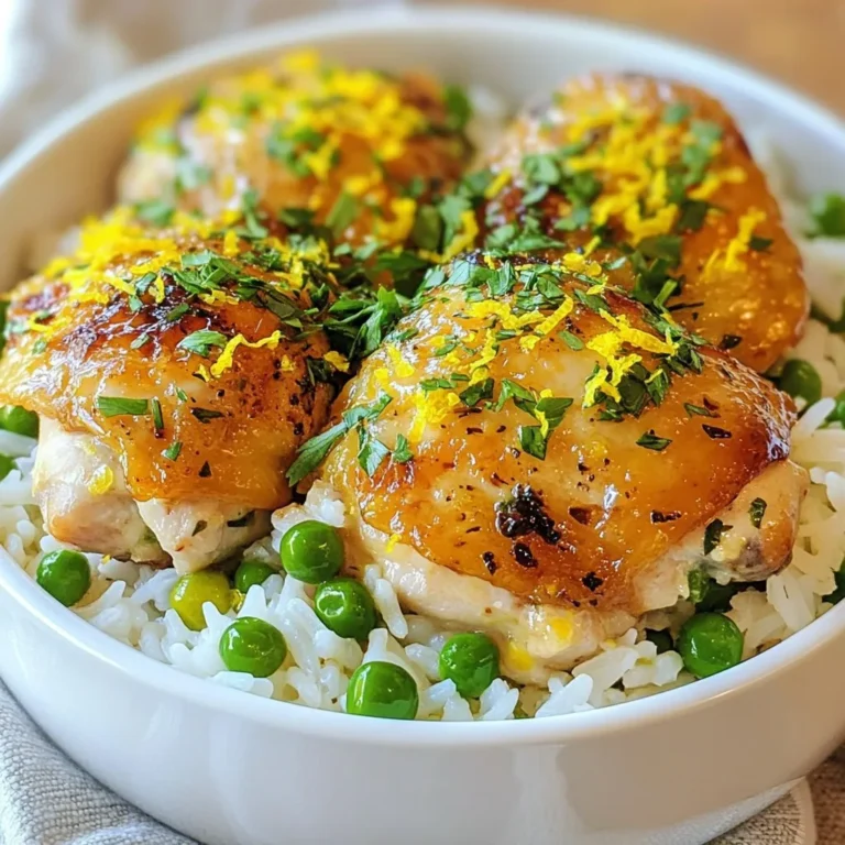 - 4 boneless, skinless chicken thighs - 1 cup long-grain white rice - 1 medium onion, finely chopped - 3 cloves garlic, minced To make this dish shine, I always choose boneless, skinless chicken thighs. They stay juicy and tender. Long-grain white rice is my go-to because it cooks perfectly and absorbs flavors well. I love adding onion and garlic for a rich base. They bring a wonderful aroma and depth to the dish. - 1 fresh lemon (zested and juiced) - 2 cups low-sodium chicken broth - 1 teaspoon dried oregano - 1 teaspoon dried thyme - 1 teaspoon dried rosemary The lemon juice and zest brighten up the dish. I use low-sodium chicken broth to control salt levels. The dried herbs—oregano, thyme, and rosemary—add layers of flavor. They make every bite feel special. - 1 cup frozen peas - 2 tablespoons fresh parsley, finely chopped for garnish - Salt and pepper to taste Frozen peas are a fun add-in. They bring color and sweetness. Fresh parsley on top adds a vibrant touch. Adjusting salt and pepper helps to balance the flavors just right. Feel free to skip or add any of these to suit your taste! {{ingredient_image_2}} To start, you need to marinate the chicken. Use four boneless, skinless chicken thighs. Squeeze the juice of half a fresh lemon over the chicken. Add a sprinkle of salt and pepper to taste. Don’t forget the lemon zest! Use half of it and sprinkle it on the chicken too. Let the chicken marinate for about 15 minutes. This helps the flavors mix well and makes the chicken tasty. Next, it’s time to sauté some aromatics. In a skillet, heat a splash of oil over medium heat. Add one finely chopped onion and three minced garlic cloves. Stir them for about 3 to 4 minutes. You want the onion to turn soft and clear. This step is key. Sautéing brings out the flavors and makes your dish even better. Now, let’s combine everything in the slow cooker. First, put the sautéed onion and garlic at the bottom. Spread them evenly. Then, lay the marinated chicken thighs on top. Next, add one cup of long-grain white rice over the chicken. Carefully pour two cups of low-sodium chicken broth over everything. Make sure the rice is covered with broth. Finally, sprinkle the rest of the lemon zest and the dried herbs: one teaspoon each of oregano, thyme, and rosemary. With everything in the slow cooker, secure the lid. Set it to low heat. Let it cook for about 4 to 6 hours. The chicken should reach an internal temperature of 165°F when done. This means it’s safe to eat and super tender. Checking the chicken's temperature is very important to ensure it is cooked properly. About 30 minutes before serving, it’s time for the peas. Take one cup of frozen peas and gently stir them into the slow cooker. Cover it again and let the peas heat up. They will turn bright green and add a nice touch to your dish. When the cooking time is up, use a fork to fluff the rice gently. This helps mix everything together nicely. Taste it and add more salt and pepper if needed. For a pretty presentation, garnish with fresh parsley. You can also add some lemon wedges on the side. Serve this colorful dish in shallow bowls for a lovely look. To make this dish shine, adjust the seasoning to match your taste. I often add more salt or herbs. The right amount can elevate the meal. For the best flavor, marinate the chicken for at least 15 minutes. This lets the lemon juice and zest soak in well. You can even marinate overnight if you plan ahead. To get the perfect rice texture, rinse the rice before cooking. This removes excess starch and helps keep the grains separate. If you want fluffy rice, avoid stirring too much while it cooks. Also, be careful not to overcook the chicken. It should be tender but not mushy. Aim for that juicy bite! For this recipe, a slow cooker that holds at least 4 quarts works best. If you have a smaller cooker, reduce the chicken and rice. Cooking on low is ideal for tender chicken. It takes about 4 to 6 hours. If you’re short on time, you can set it to high. Just remember, cooking on high will take about 2 to 3 hours. Pro Tips Marinate for Maximum Flavor: Allow the chicken to marinate for at least 15 minutes, or even longer if possible, to enhance the flavor profile of the dish. Rice Consistency: Make sure to use long-grain rice for the best texture, as it separates easily and absorbs the flavors well during cooking. Customize Your Herbs: Feel free to mix and match fresh or dried herbs based on your preference, such as using fresh thyme or tarragon for a unique twist. Check for Doneness: Always check that the chicken has reached an internal temperature of 165°F for safe consumption, and adjust cooking time if necessary. {{image_4}} You can switch chicken thighs for chicken breasts in this recipe. Chicken thighs give more flavor and stay moist. Chicken breasts can dry out but are a leaner option. You may also try brown rice or quinoa instead of white rice. Brown rice has a nutty flavor and takes longer to cook. Quinoa is gluten-free and adds protein. Adjust cooking time to match the grain you choose. Want to change flavors? You can add lime or orange juice instead of lemon. Lime gives a fresh twist. Orange adds a sweet note to the dish. Use different herbs or spices, too. Try basil or cilantro for a unique taste. You can also add a pinch of red pepper flakes for a kick. You can mix in other veggies to boost nutrition. Consider adding carrots, bell peppers, or broccoli. These add color and crunch to the dish. When using hearty vegetables, add them early in the cooking process. This allows them to soften and absorb flavor. Quick-cooking veggies, like spinach or zucchini, can be added later. This keeps them vibrant and fresh. After cooking, let the dish cool down for about an hour. This step helps keep the chicken and rice fresh. Use airtight containers to store the leftovers. Glass containers work great, but any plastic container will do. Make sure to seal them well to avoid air exposure. You can keep it in the fridge for up to 3 days. If you want to save some for later, freezing is a great option. Let the dish cool completely before freezing. Portion it into freezer-safe bags or containers. Remove as much air as possible to prevent freezer burn. When you're ready to eat, thaw it in the fridge overnight. Reheat it in the microwave or on the stove, adding a splash of broth to keep it moist. For the best taste, eat the dish within 3 days if refrigerated. If frozen, it can last up to 3 months. Look for signs of spoilage like an off smell or discoloration. If the rice seems mushy or the chicken looks dry, it's best to throw it away. Always trust your senses when it comes to food safety. Yes, you can use brown rice. However, brown rice takes longer to cook than white rice. You will need to adjust the cooking time. Instead of 4 to 6 hours, cook for about 6 to 8 hours on low. Brown rice absorbs more liquid too. Make sure to add extra broth or water to keep it moist. Cooking in a slow cooker varies by the setting. On low, it takes about 4 to 6 hours. If you use high, the cooking time drops to about 2 to 3 hours. Always check the chicken's internal temperature. It should reach 165°F to ensure it is safe to eat. Yes, you can add more vegetables! Great choices include carrots, bell peppers, or zucchini. Just chop them into small pieces. Add firmer veggies like carrots at the start. Softer ones like bell peppers can go in about an hour before serving. This way, they stay tender and tasty. This dish pairs well with many sides. A fresh salad adds crunch. You can also serve steamed broccoli or green beans. For a lighter meal, try a lemon vinaigrette dressing on greens. A slice of crusty bread works too, soaking up all the yummy flavors! This recipe for Slow Cooker Lemon Herb Chicken and Rice combines simple ingredients for great flavor. You use chicken thighs, rice, onions, and garlic, seasoned with herbs and lemon. Marinating adds zest, while sautéing enhances taste. The slow cooker makes it easy, yielding tender chicken and fluffy rice. For best results, tweak the seasonings to your liking. Add vegetables for extra nutrition. Storing leftovers correctly maintains freshness. Experiment with variations to keep meals exciting. Enjoy your cooking journey!