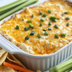 - 2 cups shredded rotisserie chicken - 1 package (8 oz) cream cheese, softened - 1/2 cup buffalo wing sauce - 1/2 cup ranch dressing - 1 cup shredded sharp cheddar cheese, divided I love using rotisserie chicken for this dip. It saves time and adds rich flavor. Cream cheese gives it that creamy texture we all crave. Buffalo wing sauce makes it spicy and fun. Adjust the sauce to suit your taste. Ranch dressing adds a nice coolness to balance the heat. The sharp cheddar cheese gives the dip a nice bite. - 1/2 cup fresh green onions, chopped - Tortilla chips - Celery sticks - Carrot sticks For garnishes, I like to use fresh green onions. They add color and a fresh taste. Serve this dip with crunchy tortilla chips. Celery and carrot sticks are great for dipping too. They provide a nice crunch and a healthy option. This mix of dippers makes the dip even more delightful! {{ingredient_image_2}} Preheating your oven is key. It helps the dip cook evenly and thoroughly. Set your oven to 350°F (175°C). This is the perfect temperature for baking. Start by mixing cream cheese, buffalo sauce, and ranch dressing. Use a large bowl for this step. Blend them together until smooth. A spatula works well, but you can also use a hand mixer. Make sure there are no lumps. A smooth base makes the dip creamy and rich. Next, fold in the shredded rotisserie chicken. Be gentle to keep the mix light. Then, add half of the shredded cheddar cheese. Mix it carefully so everything combines well. Spoon the chicken mix into a medium-sized baking dish. Spread it evenly across the bottom. Top it with the remaining shredded cheddar cheese. Now, place the dish in the oven. Bake for 20-25 minutes. Look for a hot, bubbly dip with melted cheese on top. To keep your buffalo dip fresh, store it in an airtight container. This helps lock in the flavor and moisture. You can keep it in the fridge for up to three days. If you want to enjoy it later, consider freezing it. Just make sure to use a freezer-safe container. It can last for up to three months in the freezer. To make your dip look fancy, serve it on a large platter. Arrange tortilla chips, celery sticks, and carrot sticks around the dip. This not only adds color but also offers a variety of textures. For parties, you can use small ramekins to give everyone their own portion. This adds a personal touch and makes serving easy. If you love spice, add more buffalo wing sauce. Start with a little and taste as you go. For a milder dip, reduce the buffalo sauce by half. You can also swap it with a milder hot sauce. Another tip is to add some sour cream or Greek yogurt to cool it down. This gives you control over the heat level while keeping the dip creamy and delicious. Pro Tips Adjust Spice Level: If you prefer a milder dip, reduce the amount of buffalo wing sauce or mix in a bit more ranch dressing to balance the flavors. Make Ahead: Prepare the dip a day in advance and store it in the fridge. Just bake it when you're ready to serve for a quick and easy appetizer. Experiment with Cheese: For a different flavor profile, try mixing in some pepper jack cheese or using a blend of cheeses for added depth. Serve with Variety: In addition to tortilla chips, consider including pita chips or sliced bell peppers for a colorful and crunchy dipping option. {{image_4}} You can switch up the cheese in this dip. Try using mozzarella for a milder taste. Gouda adds a smooth, rich flavor, too. If you love blue cheese, mix it in for a bold kick. Each cheese offers a different vibe, so have fun exploring these options. Feel free to add more to your dip for extra flavor. Chopped bell peppers bring sweetness and crunch. Spinach adds a healthy touch and bright color. You can even toss in some jalapeños for heat. Think outside the box to make your dip unique. If you want a lighter dip, swap cream cheese for Greek yogurt. This change cuts calories and adds protein. Greek yogurt keeps the dip creamy while still making it tangy. You won’t miss the cream cheese at all! To store leftover dip in the fridge, place it in an airtight container. Make sure the lid seals tightly. Keep the dip in the fridge for about three to five days. Before serving, check for any changes in smell or texture. If it looks good, you can enjoy it again! Yes, you can freeze buffalo dip! To freeze, put the dip in a freezer-safe container. Leave some space at the top to allow for expansion. It can last up to three months in the freezer. When you're ready to eat it, move the dip to the fridge to defrost overnight. You can also use the microwave on low power for a quicker option, checking every few minutes. For the best texture, reheat the dip slowly. Use the oven at 350°F (175°C) for about 15-20 minutes. This method keeps the dip creamy and delicious. You can also use the microwave, but do it in short bursts. Stir in between to avoid hot spots. Enjoy your dip warm for the best taste! Yes, you can use regular chicken. Rotisserie chicken adds flavor and saves time. If you use raw chicken, cook it first. Boil or bake it, then shred it. Keep the meat juicy by seasoning it well. This will help you get the taste you want. It takes about 35 minutes total. You will spend 10 minutes preparing the dip. Baking takes 20 to 25 minutes. This makes it easy to whip up for parties or game days. You have many tasty options! Serve with: - Tortilla chips - Celery sticks - Carrot sticks These dippables add crunch and freshness. You can also use crackers or pita bread. Mix and match to please your guests! In this post, we explored how to make a tasty buffalo chicken dip. We covered the main ingredients, like shredded chicken, cream cheese, and buffalo sauce. You learned step-by-step instructions for preparation and baking. We also shared helpful tips for serving and storage. Now, you have all the tools to create this crowd-pleaser. Whether for a party or a quiet night, enjoy your delicious dip any time!