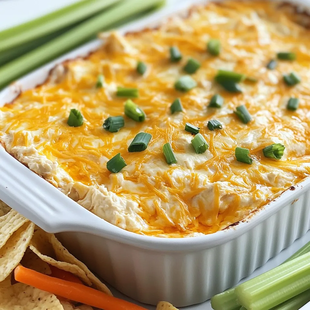 - 2 cups shredded rotisserie chicken - 1 package (8 oz) cream cheese, softened - 1/2 cup buffalo wing sauce - 1/2 cup ranch dressing - 1 cup shredded sharp cheddar cheese, divided I love using rotisserie chicken for this dip. It saves time and adds rich flavor. Cream cheese gives it that creamy texture we all crave. Buffalo wing sauce makes it spicy and fun. Adjust the sauce to suit your taste. Ranch dressing adds a nice coolness to balance the heat. The sharp cheddar cheese gives the dip a nice bite. - 1/2 cup fresh green onions, chopped - Tortilla chips - Celery sticks - Carrot sticks For garnishes, I like to use fresh green onions. They add color and a fresh taste. Serve this dip with crunchy tortilla chips. Celery and carrot sticks are great for dipping too. They provide a nice crunch and a healthy option. This mix of dippers makes the dip even more delightful! {{ingredient_image_2}} Preheating your oven is key. It helps the dip cook evenly and thoroughly. Set your oven to 350°F (175°C). This is the perfect temperature for baking. Start by mixing cream cheese, buffalo sauce, and ranch dressing. Use a large bowl for this step. Blend them together until smooth. A spatula works well, but you can also use a hand mixer. Make sure there are no lumps. A smooth base makes the dip creamy and rich. Next, fold in the shredded rotisserie chicken. Be gentle to keep the mix light. Then, add half of the shredded cheddar cheese. Mix it carefully so everything combines well. Spoon the chicken mix into a medium-sized baking dish. Spread it evenly across the bottom. Top it with the remaining shredded cheddar cheese. Now, place the dish in the oven. Bake for 20-25 minutes. Look for a hot, bubbly dip with melted cheese on top. To keep your buffalo dip fresh, store it in an airtight container. This helps lock in the flavor and moisture. You can keep it in the fridge for up to three days. If you want to enjoy it later, consider freezing it. Just make sure to use a freezer-safe container. It can last for up to three months in the freezer. To make your dip look fancy, serve it on a large platter. Arrange tortilla chips, celery sticks, and carrot sticks around the dip. This not only adds color but also offers a variety of textures. For parties, you can use small ramekins to give everyone their own portion. This adds a personal touch and makes serving easy. If you love spice, add more buffalo wing sauce. Start with a little and taste as you go. For a milder dip, reduce the buffalo sauce by half. You can also swap it with a milder hot sauce. Another tip is to add some sour cream or Greek yogurt to cool it down. This gives you control over the heat level while keeping the dip creamy and delicious. Pro Tips Adjust Spice Level: If you prefer a milder dip, reduce the amount of buffalo wing sauce or mix in a bit more ranch dressing to balance the flavors. Make Ahead: Prepare the dip a day in advance and store it in the fridge. Just bake it when you're ready to serve for a quick and easy appetizer. Experiment with Cheese: For a different flavor profile, try mixing in some pepper jack cheese or using a blend of cheeses for added depth. Serve with Variety: In addition to tortilla chips, consider including pita chips or sliced bell peppers for a colorful and crunchy dipping option. {{image_4}} You can switch up the cheese in this dip. Try using mozzarella for a milder taste. Gouda adds a smooth, rich flavor, too. If you love blue cheese, mix it in for a bold kick. Each cheese offers a different vibe, so have fun exploring these options. Feel free to add more to your dip for extra flavor. Chopped bell peppers bring sweetness and crunch. Spinach adds a healthy touch and bright color. You can even toss in some jalapeños for heat. Think outside the box to make your dip unique. If you want a lighter dip, swap cream cheese for Greek yogurt. This change cuts calories and adds protein. Greek yogurt keeps the dip creamy while still making it tangy. You won’t miss the cream cheese at all! To store leftover dip in the fridge, place it in an airtight container. Make sure the lid seals tightly. Keep the dip in the fridge for about three to five days. Before serving, check for any changes in smell or texture. If it looks good, you can enjoy it again! Yes, you can freeze buffalo dip! To freeze, put the dip in a freezer-safe container. Leave some space at the top to allow for expansion. It can last up to three months in the freezer. When you're ready to eat it, move the dip to the fridge to defrost overnight. You can also use the microwave on low power for a quicker option, checking every few minutes. For the best texture, reheat the dip slowly. Use the oven at 350°F (175°C) for about 15-20 minutes. This method keeps the dip creamy and delicious. You can also use the microwave, but do it in short bursts. Stir in between to avoid hot spots. Enjoy your dip warm for the best taste! Yes, you can use regular chicken. Rotisserie chicken adds flavor and saves time. If you use raw chicken, cook it first. Boil or bake it, then shred it. Keep the meat juicy by seasoning it well. This will help you get the taste you want. It takes about 35 minutes total. You will spend 10 minutes preparing the dip. Baking takes 20 to 25 minutes. This makes it easy to whip up for parties or game days. You have many tasty options! Serve with: - Tortilla chips - Celery sticks - Carrot sticks These dippables add crunch and freshness. You can also use crackers or pita bread. Mix and match to please your guests! In this post, we explored how to make a tasty buffalo chicken dip. We covered the main ingredients, like shredded chicken, cream cheese, and buffalo sauce. You learned step-by-step instructions for preparation and baking. We also shared helpful tips for serving and storage. Now, you have all the tools to create this crowd-pleaser. Whether for a party or a quiet night, enjoy your delicious dip any time!