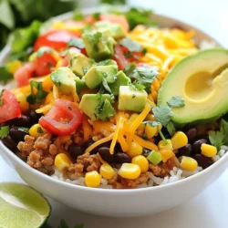 Here&rsquo;s what you need for a tasty taco rice bowl: - 2 cups cooked rice (white or brown) - 1 pound ground turkey or beef - 1 can (15 oz) black beans - 1 cup corn kernels - 1 packet taco seasoning - 1 cup diced tomatoes - 1 cup shredded lettuce - 1 cup shredded cheese - 1 ripe avocado - 1/4 cup fresh cilantro - 2 tablespoons olive oil - 1 lime - Salt and pepper to taste Each ingredient brings its own flavor. The rice serves as a solid base. The ground turkey or beef adds protein. Black beans offer fiber and texture. Corn gives a sweet crunch. Taco seasoning brings bold spices. Diced tomatoes add juiciness. Lettuce gives freshness and color. Shredded cheese melts beautifully on top. Avocado adds creaminess. Cilantro gives a nice herbal note. Lime juice adds a zesty finish. Season with salt and pepper to enhance all the flavors. Gather these ingredients, and you&rsquo;ll create a dish that&rsquo;s both fun and filling! {{ingredient_image_2}} - Heat 2 tablespoons of olive oil in a large skillet over medium heat. - Add 1 pound of ground turkey or beef. Use a spatula to break the meat apart. - Cook until the meat is browned, about 5-7 minutes. Most liquid should evaporate. - Carefully drain any excess fat if needed. Stir in the taco seasoning from your packet. - If it seems dry, add a splash of water. Let it simmer for 2-3 minutes. - In a large mixing bowl, combine 2 cups of cooked rice, 1 can of drained black beans, 1 cup of corn kernels, and 1 cup of diced tomatoes. - Mix gently to combine all these ingredients. - Season with salt and pepper to taste. Adjust as needed. - Grab individual serving bowls and place them on a counter. - Start with a layer of the rice mixture in each bowl. - Add the seasoned meat on top of the rice. - Next, add a handful of shredded lettuce. - Sprinkle 1 cup of shredded cheese over the top. - Finish with slices of 1 ripe avocado and a sprinkle of 1/4 cup of chopped cilantro. - Serve each bowl with lime wedges on the side for a zesty kick. You can make your taco rice bowl special. Start by adding your favorite toppings. Salsa and jalape&ntilde;os bring great flavor. You can also switch proteins based on your taste. Ground turkey adds a light touch, while beef gives a richer taste. Try using a mix for a unique flavor. To get the best taste, always brown your meat well. This step adds depth to the flavor. Use fresh ingredients whenever you can. Fresh tomatoes, lettuce, and cilantro heighten the taste. They add a burst of freshness that dried or canned items cannot match. Remember, simple changes can make a big difference in your meal! Pro Tips Use Fresh Ingredients: Whenever possible, opt for fresh vegetables and herbs to enhance the flavor and nutritional value of your Fiesta Taco Rice Bowl. Customize Your Protein: Feel free to substitute the ground turkey or beef with chicken, pork, or even a plant-based option for a unique twist on the recipe. Layer It Up: For a visually appealing presentation, layer your ingredients thoughtfully. Start with rice, followed by meat, and finish with fresh toppings like lettuce and avocado. Meal Prep Friendly: Prepare the rice and meat mixture in advance and store them separately in the fridge for quick assembly during busy weeknights. {{image_4}} You can easily make this dish meat-free. Simply swap out the ground meat. Use a plant-based alternative, like lentils or crumbled tofu. This keeps the bowl hearty and satisfying. I also love adding diced bell peppers or zucchini. These veggies add color and great flavor. If you like heat, I have a spicy twist for you. Add a few dashes of hot sauce to the meat as it cooks. This gives a nice kick to the dish. For an extra spicy touch, use pepper jack cheese instead of regular cheese. This will make your taco rice bowl pop with flavor! To keep your taco rice bowl fresh, refrigerate it in an airtight container. This helps keep the flavors intact. You should eat it within 3-4 days for the best taste. If you wait too long, the ingredients may lose their crunch. You can freeze your taco rice bowl before you put it together. Just pack the cooked ingredients tightly in a freezer-safe container. When you are ready to eat it, thaw it completely in the fridge. After that, reheat it until hot. This way, you enjoy a quick meal anytime! It takes about 10 minutes to prep and 20 minutes to cook. So, you can make taco rice bowls in just 30 minutes. This quick time makes it perfect for busy nights. Yes, you can use other beans if you like. Pinto beans and kidney beans work well in this dish. They add nice flavor and texture. Just make sure to drain and rinse them before adding. You can serve taco rice bowls with chips and salsa for a fun crunch. A side salad with fresh greens also pairs well. For drinks, try iced tea or a refreshing lemonade. These options keep the meal light and tasty. Yes, the recipe can be gluten-free. Just ensure your taco seasoning is gluten-free. You can also use rice that is certified gluten-free. This way, everyone can enjoy taco rice bowls without worry. This blog covered a simple taco rice bowl recipe. You learned how to combine protein, rice, and fresh toppings. I shared tips to customize and enhance flavor. We also explored easy vegetarian options and how to store leftovers. In the end, you can create a tasty meal with these steps. Enjoy experimenting with flavors and make it your own. Happy cooking!