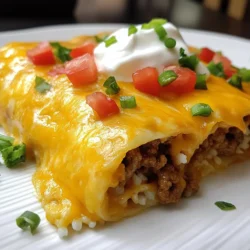 - 1 lb ground beef - 1 packet taco seasoning - 1/2 cup water - 2 cups cooked white rice - 1 cup shredded cheddar cheese - 1 cup nacho cheese sauce - 4 large flour tortillas - 1/2 cup sour cream - 1/4 cup diced tomatoes - 1/4 cup sliced green onions - 1/4 cup cilantro, chopped (optional) - Salt and pepper to taste You can swap the ground beef for ground turkey or chicken. This change cuts down fat but keeps taste. Use brown rice instead of white for added fiber. If you want a creamier texture, try Greek yogurt instead of sour cream. You can also replace nacho cheese with queso dip for a fun twist. If you prefer a vegetarian option, use black beans or lentils for protein. To make this tasty burrito, you need some basic kitchen tools: - Large skillet - Mixing bowl - Spatula - Measuring cups - Cutting board - Knife - Clean surface for assembling burritos - Optional: Skillet for crisping burritos These tools help you prepare and enjoy your Beefy Melt Burrito with ease. {{ingredient_image_2}} Start by heating a large skillet over medium heat. Add 1 pound of ground beef. Cook it for about 6 to 8 minutes. Use a spatula to break the meat into small pieces. When the beef is brown, drain any excess fat. Next, pour in a packet of taco seasoning and 1/2 cup of water. Stir well and let it simmer for 5 minutes. This helps the flavors mix and thicken the sauce. Taste it and add salt and pepper if you want more flavor. In a large bowl, mix 2 cups of cooked white rice with the beef mixture. Add 1 cup of shredded cheddar cheese and 1 cup of nacho cheese sauce. Stir it all together until everything is combined well. The cheese will melt slightly, making the filling creamy and delicious. Warm 4 large flour tortillas in a dry skillet for 10 to 15 seconds on each side. You can also microwave them for 15 to 20 seconds. This makes them easy to fold. Take one warm tortilla and lay it flat. Spoon a generous amount of the beef and rice filling down the center. Add a dollop of sour cream, some diced tomatoes, sliced green onions, and chopped cilantro if you like. After filling each tortilla, fold the sides in and roll it up tightly from the bottom. Heat a skillet over medium heat. Place the burritos seam-side down in the skillet. Cook them for 2 to 3 minutes until they turn golden brown. Flip the burritos and cook for another 2 to 3 minutes. This gives them a nice, crispy texture. Enjoy your Beefy Melt Burrito! To get the best flavor in your Beefy Melt Burrito, use taco seasoning. This seasoning packs a punch. Mix it with the beef and water to boost taste. Let the mixture simmer until thick. This step helps deepen the flavor. You can also add a pinch of salt and pepper for balance. For more zest, consider adding a squeeze of lime juice or a dash of hot sauce. Texture matters in a great burrito. Start by browning the beef well. This gives a nice texture and flavor. Drain excess fat to avoid greasiness. When you mix in the rice and cheeses, stir until combined. This makes each bite creamy and satisfying. Warm the tortillas well to keep them soft. This prevents tearing when you fill and roll them. Finally, crisp the burritos in a skillet. This adds a fun crunch to each bite. Presentation can make your meal more enjoyable. Serve your burritos with extra nacho cheese for dipping. It adds flavor and fun. Garnish with chopped cilantro for a fresh look. A colorful plate can enhance the visual appeal. Add sides like fresh avocado or diced tomatoes for extra color. These simple tips can elevate your meal from good to great! Pro Tips Use Lean Ground Beef: Opt for lean ground beef (90% lean or higher) to reduce excess fat and make the burritos healthier without sacrificing flavor. Customize Your Fillings: Feel free to add or substitute ingredients like black beans, corn, or bell peppers for added texture and flavor in your burrito. Don&rsquo;t Overstuff: Ensure you don&rsquo;t overfill the tortillas, as this makes rolling them difficult and can lead to spills while cooking. Rest Before Serving: Let the burritos rest for a couple of minutes after cooking. This allows the filling to settle and makes them easier to cut and serve. {{image_4}} You can easily make a vegetarian or vegan Beefy Melt Burrito. Instead of ground beef, use black beans, lentils, or crumbled tofu. These options provide protein and texture. For cheese, choose dairy-free cheese or skip it altogether. Use guacamole or avocado for creaminess. You can also add extra veggies like corn or bell peppers for more flavor and crunch. Cheese makes a big difference in flavor. Besides cheddar, try Monterey Jack or pepper jack for a spicy kick. You can also use a blend of cheeses for a unique taste. If you want something different, consider using queso fresco or feta. Just remember, fresh cheese melts differently, so adjust your cooking time. Feel free to add your favorite toppings to the burrito. Some great options include: - Sliced jalape&ntilde;os for heat - Fresh salsa for zest - Avocado slices for creaminess - Crunchy lettuce for freshness Mix and match according to your taste. This way, each burrito can be unique and exciting for everyone at the table. To keep your Beefy Melt Burrito fresh, store it in an airtight container. If you have leftovers, let the burritos cool first. Wrap each burrito in plastic wrap or foil. This keeps moisture in and prevents them from drying out. You can store them in the fridge for up to three days. When you're ready to enjoy your burrito again, there are a few easy ways to reheat it. The best method is using a skillet. Heat the skillet over medium heat. Place the burrito in the skillet for about 2-3 minutes on each side. This keeps it crispy. You can also use the microwave. Wrap the burrito in a damp paper towel and heat for about 30-60 seconds. Check if it&rsquo;s warm, and if not, add more time. If you want to save your burritos for later, freezing is a great option. Wrap each burrito tightly in foil or plastic wrap. Place them in a freezer-safe bag. They can last up to three months in the freezer. When you're ready to eat, thaw them in the fridge overnight. Then, reheat them using one of the methods above. Enjoy your tasty, homemade burritos anytime! To add heat to your burrito, try these options: - Use spicy taco seasoning instead of regular. - Add jalape&ntilde;os or chipotle peppers to the filling. - Mix in hot sauce or salsa before wrapping. These simple changes will boost flavor and spice. You can always adjust the heat level based on your taste. Yes, you can! Here are some great options: - Quinoa is a protein-rich alternative. - Cauliflower rice is low-carb and adds texture. - Lentils can provide a hearty base. These choices will keep the burrito filling while offering different flavors and nutrition. Feel free to experiment! Pair your burritos with these tasty sides: - Mexican street corn for a sweet crunch. - Refried beans offer creaminess and protein. - A fresh salad adds brightness and color. These sides will complement your burritos nicely, making your meal balanced and satisfying. Enjoy mixing and matching! The Beefy Melt Burrito is easy to make and full of flavor. We covered the key ingredients, cooking steps, and tips to enhance taste and texture. You can even customize your burrito to fit your diet. Storing leftovers is simple, too, ensuring you enjoy this dish later. With these ideas, you'll impress anyone at your table. Cook with fun and confidence as you create your perfect burrito. Enjoy every bite!