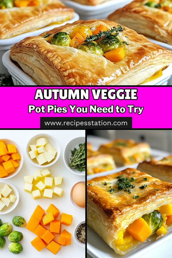 Savor the flavors of fall with this delightful autumn vegetable pot pie recipe! Perfectly baked with flaky puff pastry, these vegetarian comfort food pies are filled with a medley of seasonal veggies like butternut squash and Brussels sprouts. Ideal for cozy dinners, these harvest vegetable recipes are a must-try this season. Save this recipe for an easy fall meal that warms the soul. #AutumnVegetablePotPie #VegetarianRecipes #ComfortFood #FallRecipes