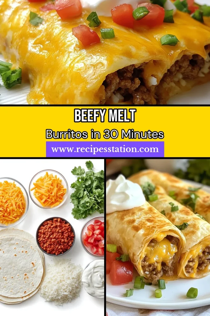 Craving a tasty and satisfying meal? Try this easy beef burrito recipe inspired by Taco Bell! Our cheesy burrito features seasoned ground beef, fluffy rice, and a mix of melty cheeses wrapped in a soft tortilla. Perfect for lunch or dinner, this taco seasoning burrito will delight your taste buds in just 30 minutes. Save this delicious beefy melt burrito for your next meal! #BeefBurritoRecipe #CheesyBurrito #TacoSeasoningBurrito #EasyBeefBurrito
