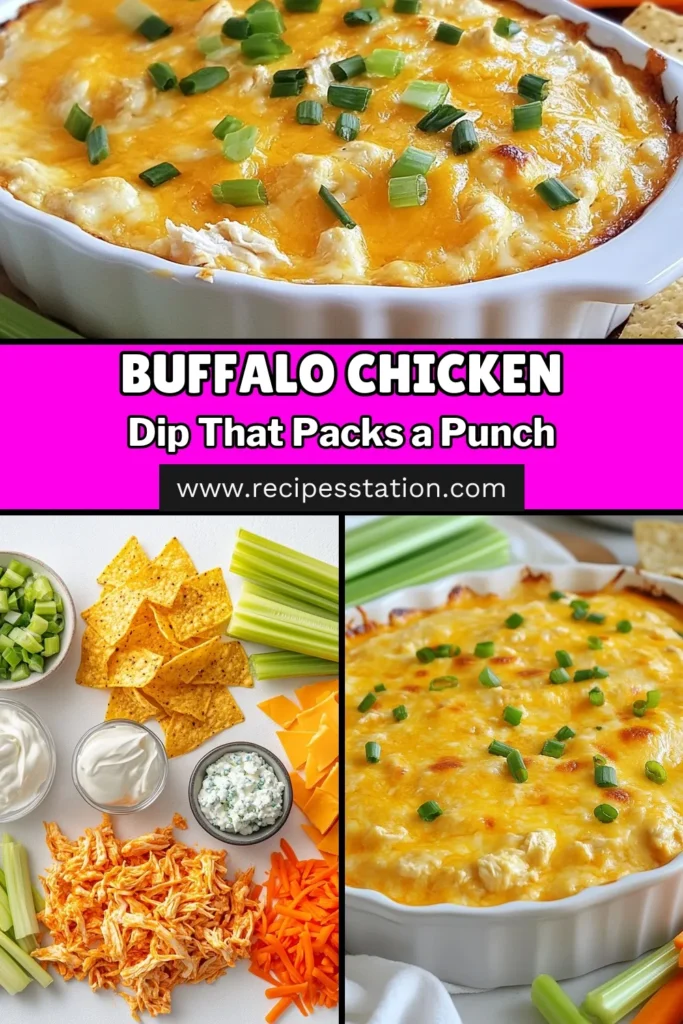Looking for the perfect Buffalo chicken dip recipe? Try this mouthwatering baked buffalo dip that&rsquo;s sure to spice up your gatherings! This easy appetizer recipe combines shredded chicken, cream cheese, buffalo sauce, and cheddar for a creamy buffalo dip that everyone will rave about. Serve with tortilla chips or veggies for the ultimate dipping experience. Save this recipe for a delicious party hit! #BuffaloChickenDip #EasyAppetizer #SpicyChickenDip #CreamyBuffaloDip