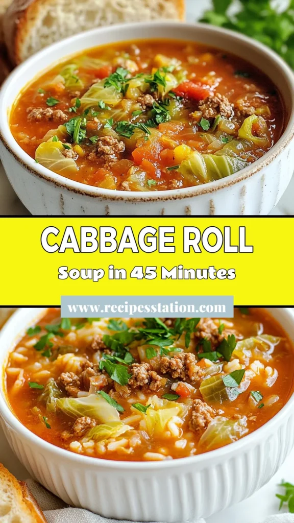 Warm up with a delicious bowl of cabbage roll soup, an easy cabbage soup recipe that's perfect for the whole family. This healthy cabbage soup combines ground beef and wholesome ingredients for a comforting meal. In just 45 minutes, you can create a satisfying dish that brings all the flavors of traditional cabbage rolls in soup form. Don't miss out&mdash;pin this comforting recipe now! #CabbageRollSoup #SoupRecipes #HealthyEating #ComfortFood