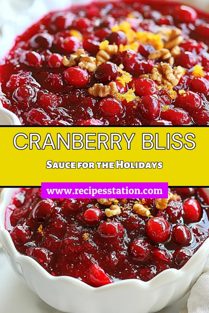 Elevate your holiday meals with this irresistible homemade cranberry sauce recipe! Our Cranberry Bliss Sauce combines fresh cranberries, freshly squeezed orange juice, and warm spices for a festive sauce that’s perfect for any gathering. Enjoy the delightful texture of fresh cranberry sauce with nuts by adding walnuts for a crunchy finish. Try this simple orange cranberry sauce today and impress your guests! Save this recipe for your next celebration! #CranberrySauce #HomemadeSauce #FestiveRecipes #CranberryBliss