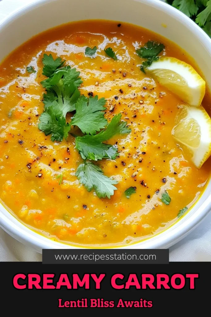 Indulge in this creamy carrot lentil soup that’s both satisfying and healthy! This vegan carrot soup recipe combines red lentils, fresh carrots, aromatic spices, and creamy coconut milk for a deliciously rich experience. Perfect for a nourishing meal, this healthy lentil soup is easy to make and packed with flavor. Try this turmeric lentil soup recipe today and impress your taste buds! Save this recipe for later! #VeganSoup #LentilSoup #HealthyRecipes #ComfortFood