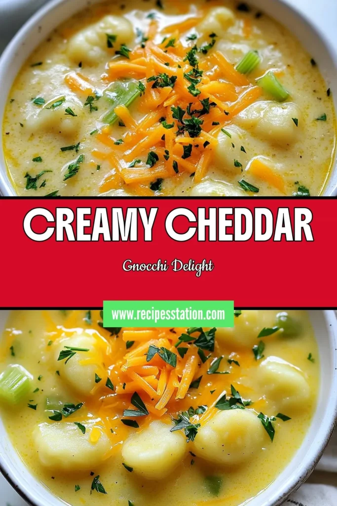 Warm up with this delicious Cheddar Gnocchi Soup! This creamy gnocchi soup recipe combines tender potato gnocchi, rich cheddar cheese, and a medley of vegetables for an irresistible vegetarian cheddar soup that's perfect for any night. Easy to make in just 30 minutes, this easy gnocchi soup recipe is sure to become a family favorite. Try it today and savor the creamy goodness! #CheddarGnocchiSoup #CreamyGnocchiSoup #VegetarianRecipes #ComfortFood