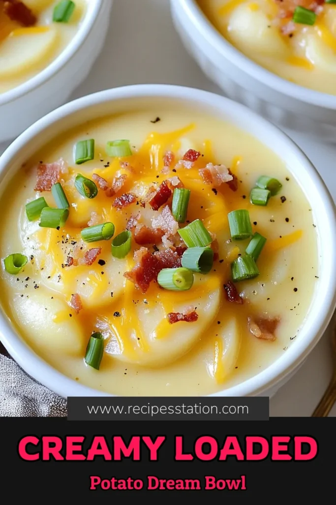 Indulge in this creamy potato soup recipe that promises comfort in every bowl! This loaded potato soup combines russet potatoes, rich cream, sharp cheddar cheese, and your choice of turkey bacon or crispy chickpeas for a delicious vegetarian potato soup. Perfect for chilly nights, it&rsquo;s a cheesy potato soup that everyone will love. Don&rsquo;t miss out&mdash;save this comforting recipe now! #LoadedPotatoSoup #ComfortFoodRecipes #CheesyPotatoSoup #VegetarianPotatoSoup