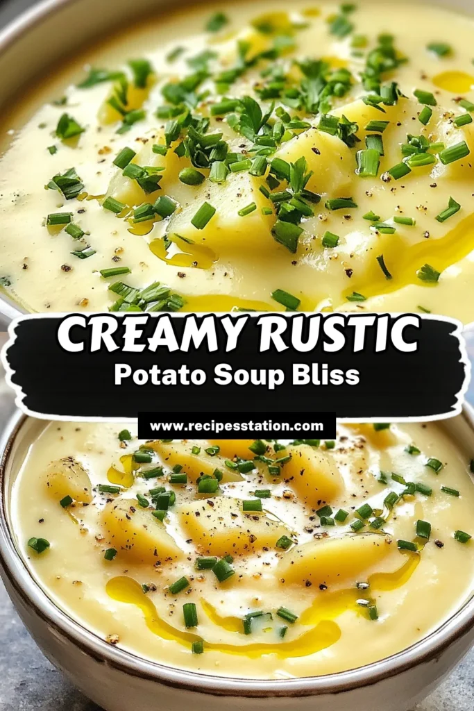 Discover the comforting flavors of Rustic Creamy Potato Soup with this easy potato soup recipe that’s perfect for any time of year! This creamy potato soup combines russet potatoes, garlic, and thyme for a rich, homemade dish. Plus, it can easily be made dairy-free by substituting with coconut cream. Warm up your family with this delicious soup! Save the recipe for later. #CreamyPotatoSoup #DairyFreePotatoSoup #HomemadePotatoSoup #EasyPotatoSoup