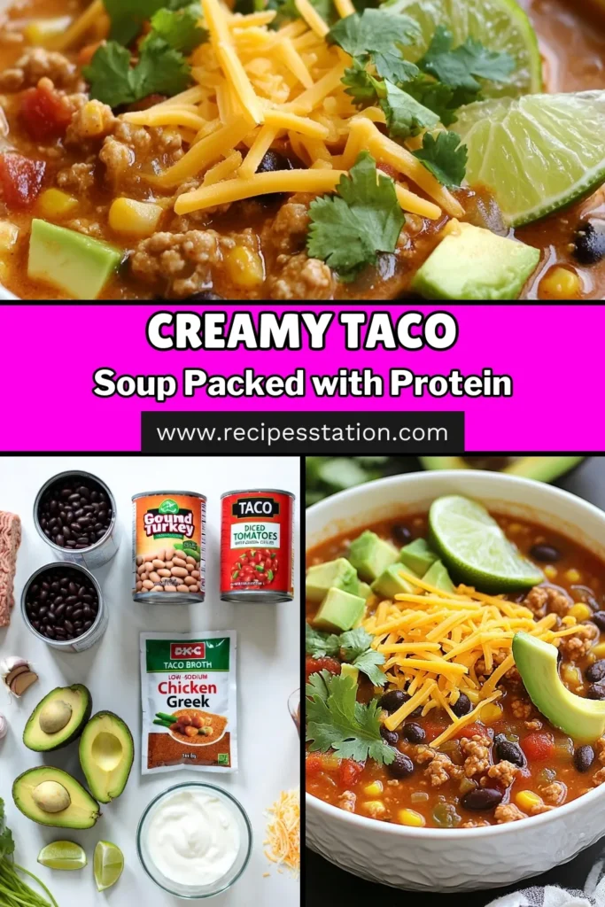 Craving a hearty and nutritious meal? Try this creamy high protein taco soup recipe packed with ground turkey, beans, and topped with Greek yogurt for an extra creamy twist. This healthy taco soup is not only easy to make but also deliciously satisfying. Perfect for busy weeknights, this easy taco soup will become a family favorite! Save this recipe now to bring flavor and nutrition to your table. #HighProteinTacoSoup #CreamyTacoSoup #HealthyTacoSoup #EasyTacoSoup
