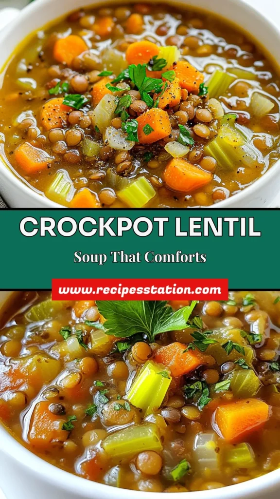 Warm up with this delicious and easy Crockpot Lentil Soup, a hearty lentil soup recipe perfect for any day! This vegetarian slow cooker soup is not only nutritious but also incredibly simple to make. Packed with flavorful ingredients, it's a healthy lentil soup that your family will love. Discover how to whip up this easy lentil soup recipe in your crockpot today! Save this recipe for a cozy dinner! #CrockpotLentilSoup #EasyLentilSoup #VegetarianRecipes #HealthyEating