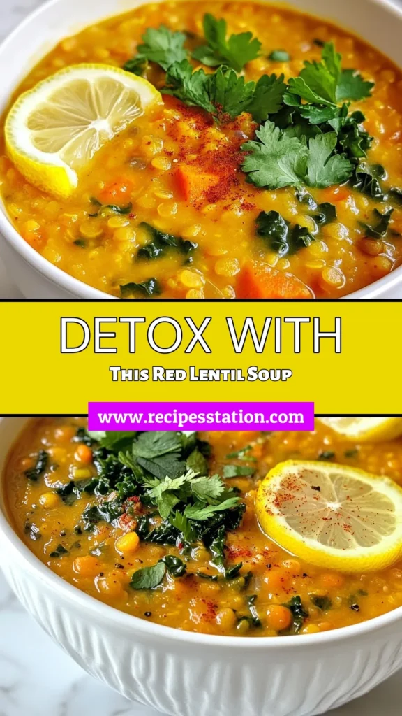 Looking for a nutritious boost? Try our delicious red lentil soup that's perfect for a detox! This revitalizing soup recipe combines hearty red lentils, vibrant vegetables, and spices for a fulfilling vegan detox meal. Packed with flavor and health benefits, it's one of the best healthy lentil recipes out there. Enjoy a bowl of comfort today! Click to save this easy detox soup recipe! #RedLentilSoup #DetoxSoupRecipe #VeganDetoxMeal #HealthyLentilRecipes