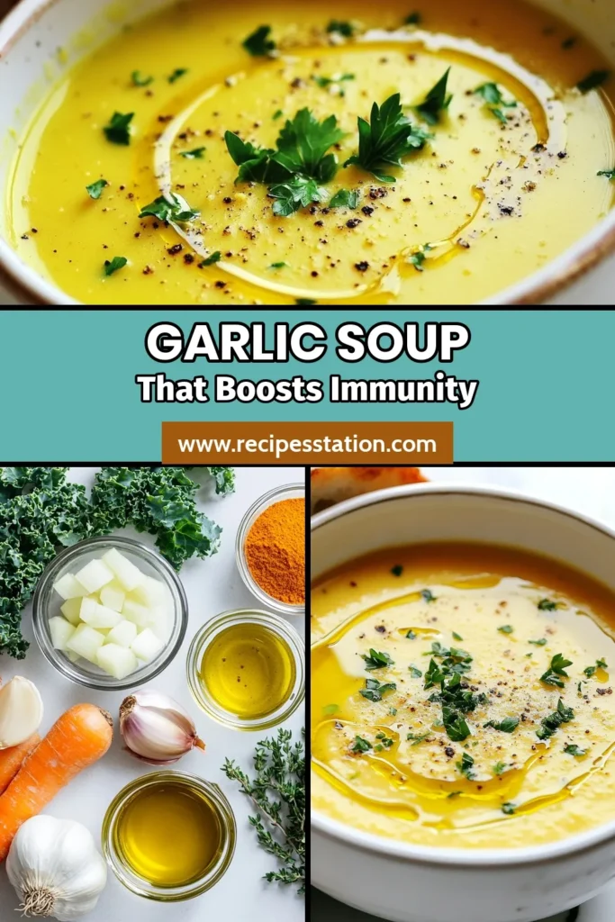Discover the benefits of this Immune Boosting Garlic Soup, perfect for staying healthy! Packed with nutritious ingredients like garlic and turmeric, this garlic soup recipe is a flavorful vegan option that you’ll love. Its warm, soothing blend makes it one of the best healthy soup recipes to boost your wellness. Ready to nourish your body? Try this immune boosting soup today! #GarlicSoupRecipe #HealthySoupRecipes #VeganGarlicSoup #TurmericSoupBenefits