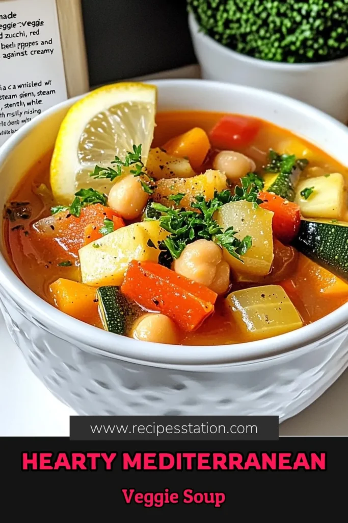 Savor the flavors of a Mediterranean veggie soup that's both delicious and nutritious! This healthy vegetable soup recipe features chickpeas and vibrant veggies, making it a perfect addition to your meal plan. Easy to prepare, our low-sodium soup recipes guarantee a comforting, vegetarian delight. Try this Mediterranean veggie soup today and bring a taste of the Mediterranean to your kitchen! #MediterraneanVeggieSoup #HealthySoup #VegetarianRecipes #ChickpeaSoup