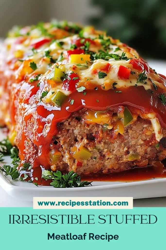 Looking for a delicious dinner idea? Try this stuffed meatloaf recipe! Our Stuffed Meatloaf Supreme features savory ground beef meatloaf enveloping gooey cheese and colorful bell peppers, making it a standout meal. Perfect for an easy meatloaf dinner, this baked stuffed meatloaf is sure to please the whole family. Don't forget to save this recipe for your next weeknight feast! #StuffedMeatloaf #MeatloafWithCheese #EasyDinner #GroundBeefMeatloaf