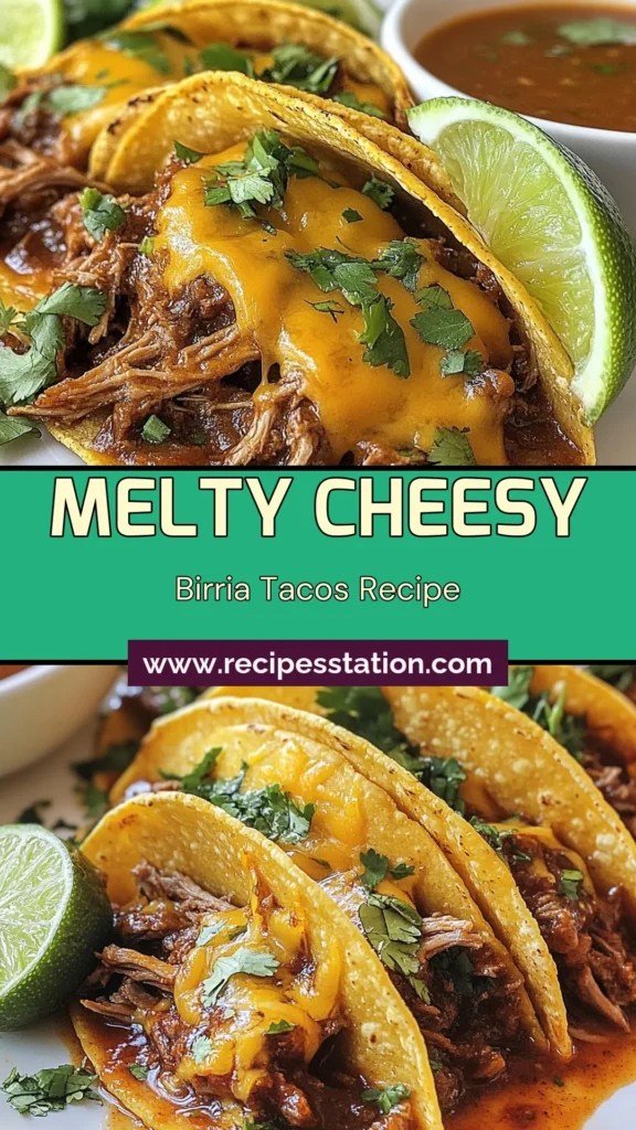 Satisfy your cravings with these Cheesy Birria Tacos! This authentic beef birria recipe features tender beef chuck roast simmered in a rich broth paired with melty Oaxaca cheese in corn tortillas. Perfect for taco night! Discover the flavors of Mexican Birria Tacos and enjoy a plate full of cheesy goodness. Don't forget to try this easy recipe today! Save it for later! #CheesyBirriaTacos #BeefBirriaRecipe #AuthenticBirriaTacos #MexicanBirriaTacos