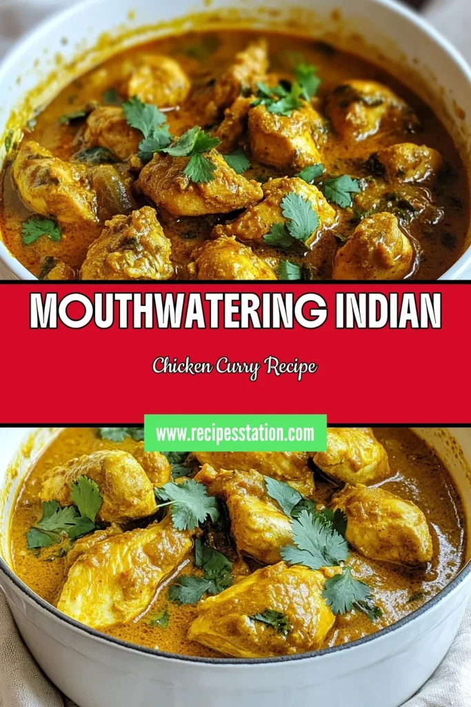 Discover the ultimate Indian chicken curry recipe that brings authentic flavors to your kitchen! This easy chicken curry is perfect for busy weeknights while delivering traditional Indian curry goodness with a spicy kick. Made with tender chicken, aromatic spices, and creamy yogurt, this authentic chicken curry is sure to impress. Save this recipe and make a flavorful dinner today! #IndianChickenCurryRecipe #EasyChickenCurry #SpicyChickenCurry #TraditionalIndianCurry