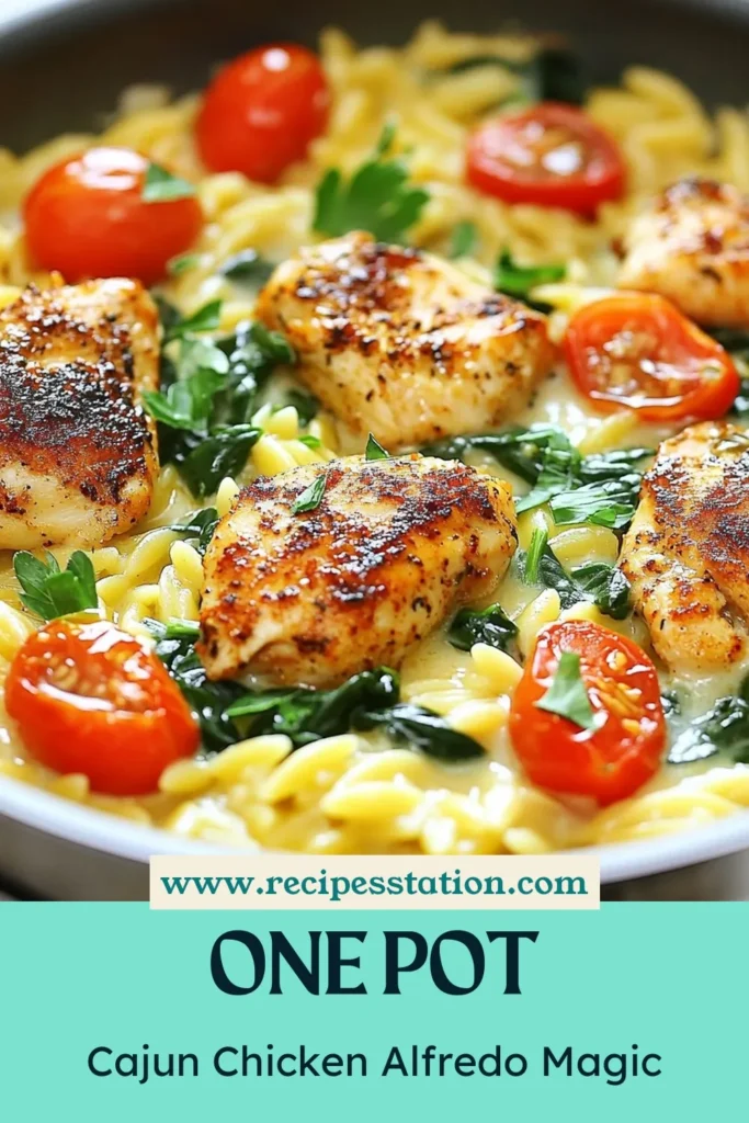 Transform your dinner with this One-Pot Cajun Chicken Alfredo Orzo! This Spicy Orzo Pasta Recipe offers a creamy blend of chicken, Parmesan, and fresh spinach for an Easy Chicken Alfredo Dinner that's packed with flavor. Perfect for busy nights, this Cajun Chicken Recipe is ready in just 30 minutes. Don't miss out—save this recipe for a quick and delicious meal! #CajunChicken #OnePotMeals #WeeknightDinner #PastaRecipes