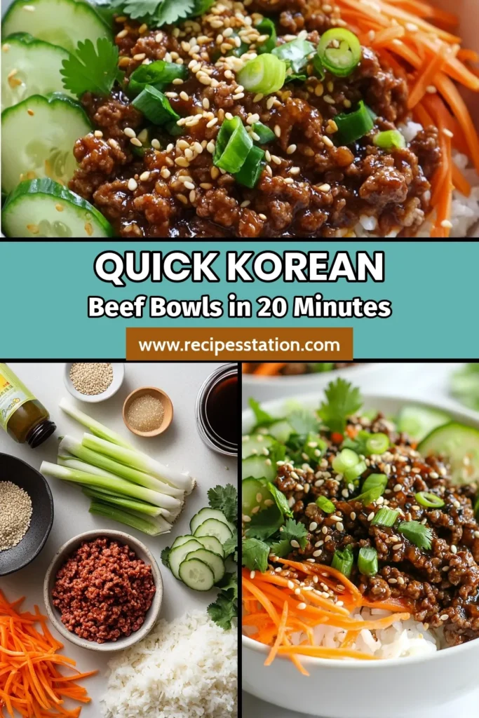 Satisfy your cravings with these quick Korean beef bowls! This easy recipe features ground beef simmered in a deliciously spicy gochujang sauce, making it perfect for busy weeknights. Packed with veggies and served over rice, these healthy Korean recipes are a must-try. Discover how to whip up flavorful ground beef dinners in just 20 minutes. Don’t miss out—save this recipe now! #KoreanBeefBowls #QuickBeefRecipes #HealthyKoreanRecipes #GochujangRecipes